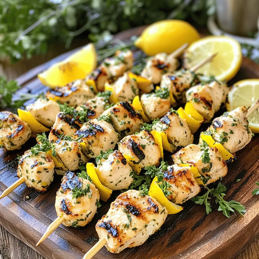 - 1.5 lbs boneless, skinless chicken breasts - 1/4 cup olive oil - Zest and juice of 2 lemons - 4 cloves garlic, minced - 2 tablespoons fresh parsley, chopped - 1 tablespoon fresh thyme, chopped - 1 teaspoon dried oregano - Salt and pepper to taste - Wooden or metal skewers When I think of simple and tasty meals, lemon garlic herb chicken skewers come to mind. This dish combines fresh flavors that make your taste buds dance. You’ll start with 1.5 pounds of boneless, skinless chicken breasts. Cut them into 1-inch cubes for even cooking. Marinating these cubes is key to flavor. You’ll need 1/4 cup of olive oil to make the marinade rich and smooth. The zest and juice of two lemons add a bright kick. Freshness comes from 4 cloves of minced garlic, which give it a bold taste. For herbs, I love using 2 tablespoons of fresh parsley and 1 tablespoon of fresh thyme. They complement the chicken wonderfully. A teaspoon of dried oregano gives it that extra depth. Don't forget to add salt and pepper to taste, which enhances all the flavors. Finally, whether you choose wooden or metal skewers, they hold everything together. If you use wooden skewers, soak them for 30 minutes to avoid burning. This mix of ingredients ensures your chicken skewers are flavorful and juicy. Check out the Full Recipe for all the details! To start, grab a large mixing bowl. Here, you will combine the olive oil, lemon zest, lemon juice, minced garlic, chopped parsley, chopped thyme, dried oregano, salt, and pepper. Mix these ingredients well. This marinade will give your chicken a fresh and tangy flavor. Next, take your cubed chicken and add it to the bowl with the marinade. Make sure each piece gets a good coat. Cover the bowl tightly with plastic wrap and refrigerate. Let it sit for at least 30 minutes. For the best flavor, you can marinate it for up to 4 hours. Now, it’s time to grill! If you use wooden skewers, soak them in water for about 30 minutes. This step prevents them from burning on the grill. Preheat your grill or grill pan to medium-high heat. Once ready, thread the marinated chicken pieces onto the skewers. Leave a little space between each piece. This will help them cook evenly. Grill the skewers for about 10 to 12 minutes. Turn them occasionally. You want the chicken to be cooked through and have lovely grill marks. Check that the internal temperature reaches 165°F (75°C). After grilling, let the skewers rest for a few minutes before serving. Enjoy! For the best flavor, marinate your chicken for at least 30 minutes. You can let it sit for up to 4 hours. The longer it soaks in the lemon and herb mix, the more tasty it will be. This time helps the chicken absorb all those great flavors. If you use wooden skewers, soak them in water for 30 minutes. This step is key to prevent burning. Wet skewers keep your chicken from catching fire on the grill. It’s an easy trick that makes a big difference. To know if your chicken is ready, check the internal temperature. It should reach 165°F (75°C). Use a meat thermometer for accuracy. This ensures your chicken is safe to eat and super juicy. Checking the doneness is a simple step for perfect skewers. {{image_2}} You can make your Lemon Garlic Herb Chicken Skewers even better by adding vegetables. Bell peppers, onions, and zucchini work great on skewers. These veggies soak up the marinade and add flavor. Cut them into similar sizes as the chicken. This way, everything cooks evenly. You can use colorful peppers to brighten up your dish. Grilled vegetables add a nice crunch and fresh taste. If you want to switch things up, try different proteins. Shrimp, tofu, or beef can replace chicken. Shrimp cooks fast and soaks up flavors well. Tofu is a great choice for plant-based eaters. Press and marinate it like chicken for the best results. Beef can add a hearty twist. Just make sure to cut it into equal pieces for even cooking. You can play with flavors by trying new herbs or spices. Basil, cilantro, or even a bit of cumin can change the taste. Experiment with your favorite flavors to find what you love. Don't be afraid to mix and match! Adding a pinch of red pepper flakes can give it a spicy kick. For more ideas, check the full recipe for inspiration. After cooking, I suggest storing the skewers in an airtight container. This keeps them fresh for up to three days. Make sure they cool before sealing them. This helps to maintain their flavor and texture. You can freeze the skewers both before and after cooking. If you freeze them raw, marinate the chicken and thread it onto skewers. Wrap them tightly in plastic wrap and foil, then place them in a freezer bag. They can last up to three months. If cooked, let them cool and store them in an airtight container. Reheat them from frozen or thaw in the fridge overnight. To reheat without drying out, I recommend using the oven or a grill. Preheat the oven to 350°F (175°C). Place the skewers on a baking sheet and cover with foil. Heat for about 10 to 15 minutes. If using a grill, warm them over low heat, turning often to prevent burning. This keeps the chicken juicy and tasty. I recommend marinating chicken for at least 30 minutes. This time helps the flavors soak in. If you have more time, let it sit for up to 4 hours. Always store it in the fridge while marinating. This keeps the chicken safe to eat. Yes, you can use a grill pan! Just preheat it over medium-high heat. The cooking time might be a bit longer, about 12 to 15 minutes. Keep an eye on the chicken. Make sure you turn it often for even cooking. A grill pan gives you nice grill marks too! These skewers pair well with many sides. A fresh garden salad adds color and crunch. You can also serve tzatziki for a cool dip. Roasted veggies or rice make great options too. Try to mix and match to create a fun meal. For the complete recipe, check out the Full Recipe link. In this post, I shared how to make Lemon Garlic Herb Chicken Skewers. You learned about the main ingredients, seasonings, and grilling tips. Marinating the chicken enhances its flavor, while vegetable additions can make it even better. Storing and reheating tips help keep your meal tasty and safe. Try this easy recipe for a fresh and fun dish that the whole family will love. Enjoy grilling and tasting your delicious skewers!