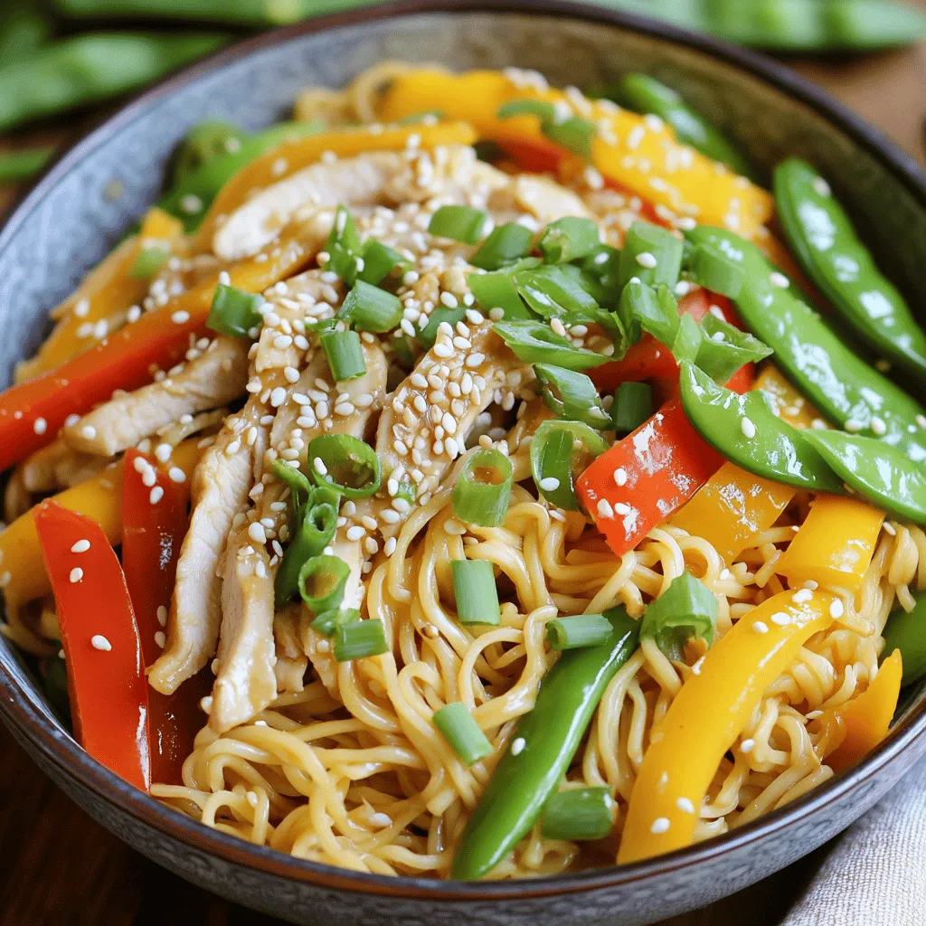 - 2 boneless, skinless chicken breasts, sliced thinly - 200g egg noodles - 1 cup bell peppers (red, yellow, and green), thinly sliced - 1 cup snap peas, trimmed - 3 green onions, chopped - 3 cloves garlic, minced The chicken is the star of this dish. Thin slices cook fast and stay juicy. I love using egg noodles because they soak up the sauce well. Fresh bell peppers add color and crunch, while snap peas bring a sweet snap to each bite. - 2 tablespoons soy sauce - 1 tablespoon oyster sauce - 1 tablespoon sesame oil - 1 tablespoon vegetable oil - Salt and pepper to taste The sauces bring a nice umami flavor. Soy sauce gives saltiness, and oyster sauce adds depth. Sesame oil gives a warm, nutty touch. I always season with salt and pepper while cooking for more flavor. - Green Onions - Sesame Seeds Garnishes make the dish look great. Fresh green onions add a pop of color and taste. Sesame seeds add a little crunch and beauty. You can sprinkle them on top before serving for a gourmet touch. This is just a quick overview of what you need for this meal. You can find the full recipe for detailed steps and tips. Start by boiling salted water in a large pot. This step adds flavor to your noodles. Once the water is boiling, add the egg noodles. Cook them according to the package directions, which is usually around 4 to 5 minutes. After cooking, drain the noodles and set them aside in a bowl. Slice the chicken breasts thinly. This helps them cook evenly and quickly. Heat vegetable oil in a large skillet or wok over medium-high heat. Add the chicken slices, season with salt and pepper, and stir-fry for about 3 to 4 minutes. You want the chicken to be cooked through and lightly browned. Next, add minced garlic, sliced bell peppers, and snap peas to the skillet. Stir-fry these for 2 to 3 minutes. You want the veggies to be tender but still crisp. This keeps their bright colors and healthy crunch. Add them in the order listed to ensure even cooking. Now, it’s time to mix everything together. Add the drained noodles to the skillet with the chicken and veggies. Pour in soy sauce, oyster sauce, and sesame oil. Toss the mixture for 1 to 2 minutes. This allows all the flavors to blend. Heat everything through before serving. For the complete details, check the Full Recipe. - Prepping ingredients in advance: Chop your veggies and slice the chicken ahead of time. Store them in the fridge. This cuts down on cooking time. - Using pre-cooked or frozen chicken: Grab pre-cooked chicken from the store. You can also use frozen chicken. Just thaw it before cooking. This saves even more time in the kitchen. - Ensuring even cooking of chicken and vegetables: Cut chicken and veggies into similar sizes. This helps them cook at the same rate. Stir often to avoid burning. - Adjusting heat for optimal stir-fry: Start with high heat to get a nice sear. Once you add vegetables, lower the heat slightly. This keeps them crisp while cooking through. - Adding spices or additional sauces: Don’t be shy! Try adding garlic powder, ginger, or chili flakes for more flavor. You can also drizzle extra soy sauce or a splash of rice vinegar. - How to adjust the recipe based on personal taste: Taste your stir fry as you cook. If you like it sweeter, add more oyster sauce. If you prefer heat, toss in some hot sauce. Make it your own! For the full recipe, check out the instructions above. Enjoy your cooking! {{image_2}} You can switch up your veggies for this stir fry. Try adding broccoli, carrots, or zucchini. Each brings a new taste and texture. Seasonal veggies work great too. Use asparagus in spring or squash in fall for fresh flavors. If you want to change the protein, beef or shrimp are tasty options. For a meatless dish, tofu is a great choice. Remember, cooking times will vary. Cook beef for about 5-6 minutes, shrimp for 3-4 minutes, and tofu until golden brown. Egg noodles are classic, but you can try rice noodles or udon noodles. Each type gives a different feel to the dish. If you need a gluten-free option, use rice noodles or gluten-free pasta. They cook quickly and taste great in stir fry. For the full recipe, check out the recipe above. Let your stir fry cool down before storing it. This helps prevent steam, which can cause sogginess. Use airtight containers to keep your leftovers fresh. I recommend glass or BPA-free plastic containers. They are great for easy storage and reheating. To reheat your chicken stir fry, use a skillet over medium heat. Add a splash of water or broth to keep it moist. Stir the mix often to avoid burning. For a microwave option, use a microwave-safe dish. Heat in short bursts, stirring in between to prevent sogginess. Leftovers can last about three to four days in the fridge. Check for any off smells or discoloration before eating. If you see any mold or if it smells bad, it’s best to throw it away. Always trust your senses! Yes, you can prep some parts ahead of time. Slice the chicken and chop the veggies the night before. Store them in airtight containers in the fridge. Cook the noodles and stir-fry everything when you are ready to eat. This saves time and keeps your meal fresh. To keep your noodles from sticking, cook them until just tender. Drain them and rinse with cold water. This stops the cooking process. Toss the noodles with a little oil before adding them to your stir-fry. Store extras in a container with a bit of oil to keep them separate. You can serve this dish with a side of steamed broccoli or a fresh salad. For drinks, try green tea or a light soda. These pair well and add a nice touch to your meal. This blog post covered a quick and easy recipe for 15-minute chicken stir fry noodles. We discussed main ingredients like chicken, noodles, and vegetables, along with key seasonings. I shared step-by-step cooking instructions and helpful tips to save time. You can also explore variations and storage methods to suit your needs. In conclusion, this dish is versatile and fun to make. It's perfect for busy days or family meals. Enjoy your cooking and happy eating!