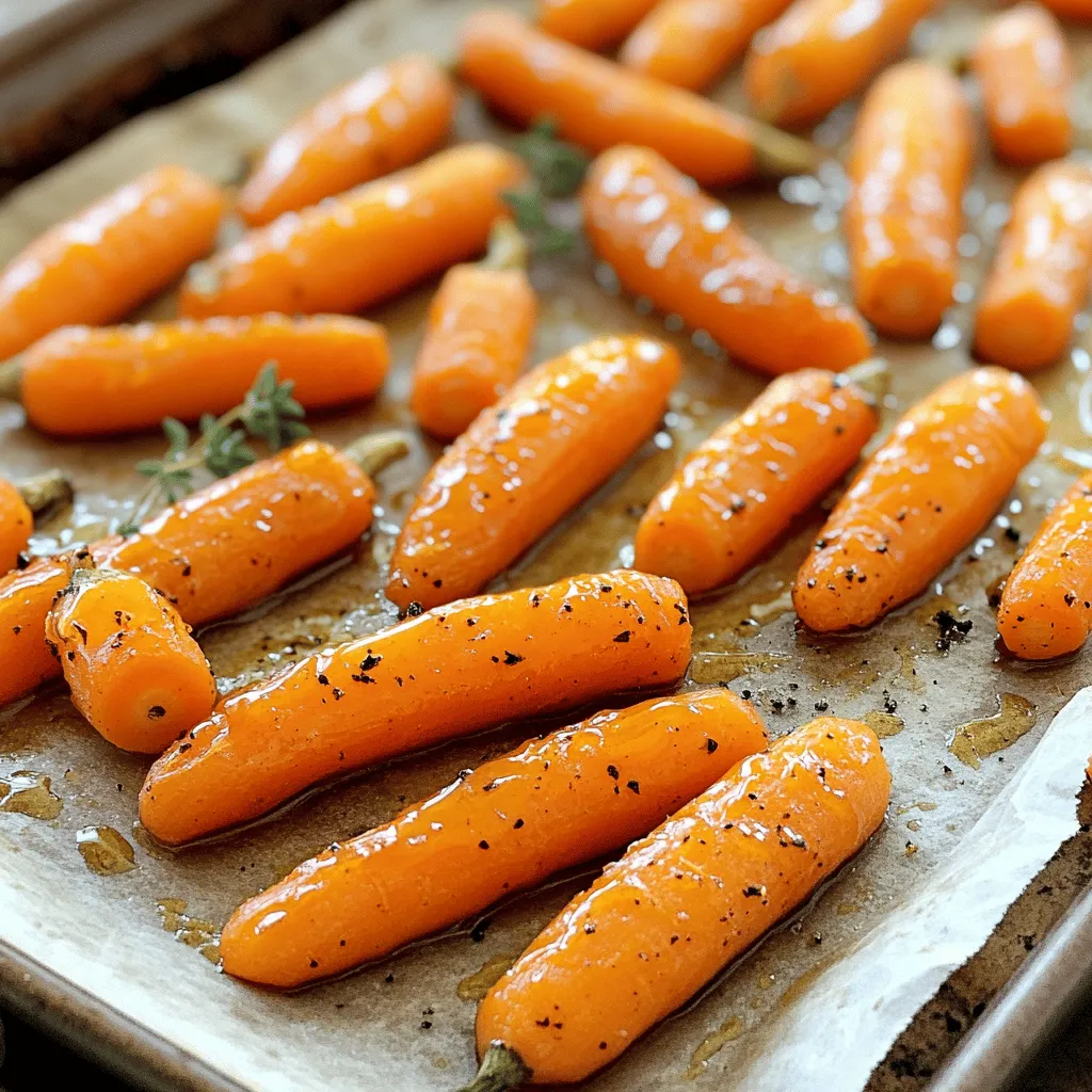 To make maple glazed roasted carrots, you will need: - 1 pound of baby carrots, trimmed and peeled - 2 tablespoons pure maple syrup - 2 tablespoons olive oil - 1 teaspoon ground cinnamon - 1/2 teaspoon sea salt - 1/4 teaspoon black pepper - Fresh thyme leaves for garnish (optional) - Baby Carrots: These small, sweet carrots cook quickly. Their natural sweetness shines when roasted. - Pure Maple Syrup: This syrup adds a rich, sweet flavor. It caramelizes nicely in the oven. - Olive Oil: This oil helps to coat the carrots. It adds smoothness and helps the glaze stick. - Ground Cinnamon: This spice gives warmth and depth. It pairs well with the sweetness of maple. - Sea Salt and Black Pepper: These seasonings enhance the flavors. They balance the sweetness of the maple. - Carrots: You can use regular carrots. Just cut them into similar-sized pieces. - Maple Syrup: Honey can work as a substitute. It offers a different flavor profile. - Olive Oil: You can use melted butter if you prefer. It adds a rich taste. - Ground Cinnamon: Try nutmeg for a different spice. It brings a unique flavor. - Thyme: Use parsley or chives if you want a fresh herb. They add a different touch. Try this full recipe for a delightful side dish that will impress everyone. Start with fresh baby carrots. Trim off the tops and peel them. This helps clean the carrots. If you use larger carrots, cut them into sticks. Make sure they are all about the same size. This helps them cook evenly. Rinse the carrots under cold water. Dry them with a clean towel. In a large bowl, combine your glaze ingredients. You need pure maple syrup, olive oil, ground cinnamon, sea salt, and black pepper. Whisk them together until mixed well. The glaze should be smooth and shiny. This blend adds flavor and sweetness to the carrots. Preheat your oven to 400°F (200°C). Line a baking sheet with parchment paper. This makes cleanup easy. Add the carrots to the bowl with the glaze. Toss well until every carrot is coated. Spread the carrots on the baking sheet in a single layer. Roast them in the oven for 25-30 minutes. Toss the carrots halfway through for even cooking. They should be tender and slightly caramelized. Once done, sprinkle fresh thyme leaves on top if you like. Serve warm as a delightful side dish. For a full recipe, see the earlier section. To roast carrots perfectly, use a single layer on your baking sheet. This helps them cook evenly. Choose baby carrots for a sweet, tender bite. If using larger carrots, cut them into equal pieces. This ensures they roast at the same rate. Preheat your oven to 400°F (200°C) before adding the carrots. This step is key for that nice caramelization. Toss the carrots halfway through cooking for even browning. For a richer taste, use pure maple syrup. It adds a lovely depth to the glaze. Mix in ground cinnamon for warmth and spice. You can also try adding minced garlic for a savory twist. Fresh herbs like thyme can brighten the dish. Sprinkle them on just before serving for a fresh boost. If you want a kick, add a pinch of cayenne pepper. Aim for a tender inside and a slightly crispy outside. Keep an eye on the cooking time; 25 to 30 minutes is just right. If your carrots are too soft, reduce the roasting time. You can also use a broiler for the last few minutes. This gives them a nice char without overcooking. Enjoy the sweet and savory flavor of your maple glazed roasted carrots. Want to dive deeper? Check the Full Recipe for more details! {{image_2}} You can add many fun flavors to maple glazed roasted carrots. Try mixing in different spices. For a kick, add a pinch of cayenne pepper. This will give your dish a nice heat. You can also toss in some minced garlic for a savory touch. If you like nuts, sprinkle chopped walnuts or pecans on top. They add a nice crunch and extra flavor. In spring, add fresh herbs like dill or parsley. These herbs brighten the dish. In fall, mix in some apple slices. The sweet-tart taste pairs well with carrots. For winter, try adding citrus zest. Orange or lemon zest adds a fresh, zesty note that lifts the dish. Each season brings new flavors to explore. If you need a vegan option, use maple syrup and olive oil as usual. Both are plant-based and delicious. For a nut-free version, skip the nuts and use sunflower seeds instead. They add a nice crunch without allergens. If you want to cut down on sugar, use less maple syrup. You can balance it with more spices to keep the flavor strong. After you enjoy your maple glazed roasted carrots, you might have some left. Store these in an airtight container. They will stay fresh in the fridge for up to four days. Make sure to let them cool before sealing. This helps keep moisture out and preserves the glaze. If you want to keep the carrots longer, freezing is a great option. First, let the cooked carrots cool completely. Then, place them in a freezer-safe bag. Remove as much air as you can before sealing. They can last up to three months in the freezer. When you are ready to eat them, just thaw in the fridge overnight. To reheat your carrots, use the oven for the best taste. Preheat your oven to 350°F (175°C). Spread the carrots on a baking sheet. Cover with foil to keep them from drying out. Heat for about 10-15 minutes or until warm. You can also microwave them, but the oven gives the best flavor. Enjoy your delightful side dish at any meal! If you want the complete recipe, check the Full Recipe link. Maple glazed carrots last about 3 to 5 days in the fridge. Store them in an airtight container. Make sure they are cool before sealing. This helps keep them fresh. If you notice any odd smell or texture, it’s best to toss them. Yes, you can use frozen carrots. However, they may not roast as well as fresh ones. Frozen carrots contain more water, which can make them mushy. If you choose to use them, roast them for a few extra minutes. You might want to thaw and dry them first for better results. Maple glazed roasted carrots pair well with many dishes. They go great with roasted chicken or grilled salmon. You can also serve them with quinoa or rice for a filling meal. They add a sweet touch to any savory dish. For a fun twist, try them alongside a creamy pasta or a fresh salad. In this post, we explored how to make maple glazed roasted carrots. We reviewed the key ingredients and offered useful alternatives. I shared step-by-step instructions, tips for roasting, and variations to suit your taste. Storage info helps keep leftovers fresh, while FAQs cover common questions. Enjoy this dish as a side or a snack. Try different flavors and textures to find your favorite version. Happy cooking!