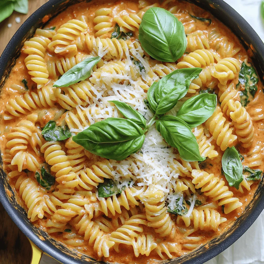 To create a delicious One Pan Creamy Tomato Pasta, gather these simple ingredients: - 12 oz (340g) pasta (fusilli or penne recommended) - 1 tablespoon olive oil - 3 cloves garlic, minced - 1 can (14 oz) crushed tomatoes - 1 cup vegetable broth - 1 cup heavy cream - 1 teaspoon dried basil - 1 teaspoon dried oregano - ¼ teaspoon red pepper flakes (optional) - Salt and pepper to taste - 1 cup fresh spinach - ½ cup grated Parmesan cheese - Fresh basil leaves for garnish This list gives you everything you need for a hearty meal. I recommend using fusilli or penne pasta, as they hold the sauce well. The garlic adds great flavor, and crushed tomatoes give a rich base. Heavy cream makes the dish creamy and smooth. Fresh spinach not only adds color but also nutrients. You can adjust the red pepper flakes for your heat preference. For a full recipe, check out the details in the One Pan Creamy Tomato Pasta section. Happy cooking! Preparing the Base - Heat 1 tablespoon of olive oil in a large skillet over medium heat. - Add 3 cloves of minced garlic and sauté for about 1 minute. You want it to smell great, but be careful not to burn it. Making the Sauce - Stir in 1 can of crushed tomatoes, 1 cup of vegetable broth, and 1 cup of heavy cream. - Mix everything well and bring it to a gentle simmer. - Add 1 teaspoon of dried basil, 1 teaspoon of dried oregano, and ¼ teaspoon of red pepper flakes if you like some heat. Season with salt and pepper to taste. Cooking the Pasta - Now, add 12 oz of uncooked pasta directly into the pan. Stir well to make sure the pasta is covered in the sauce. - Cover the pan with a lid and let it simmer for about 10-12 minutes. Stir it occasionally. - Check the pasta for tenderness and look at the sauce's thickness. If it’s not thick enough, let it simmer a bit longer. - Once the pasta is al dente, remove the lid and stir in 1 cup of fresh spinach. Cook for another 2-3 minutes until it wilts. - Finally, take the pan off the heat and stir in ½ cup of grated Parmesan cheese. It should melt and make the dish creamy. Adjust the seasoning if needed. For the full recipe, check out the details above! - Stir occasionally to prevent sticking. This keeps the pasta moving and helps it cook evenly. - Adjust the simmering time based on pasta type. Fusilli cooks faster than penne, so check it often. - Use fresh herbs for a brighter taste. Fresh basil or parsley can lift the dish. - Add a splash of white wine for richness. This adds depth and a nice acidity to the sauce. - Serve with grated Parmesan and fresh basil for garnish. This adds color and flavor. - Drizzle with olive oil for a finishing touch. It gives the dish a nice sheen and extra taste. For the full recipe, check out the One Pan Creamy Tomato Pasta instructions. {{image_2}} You can easily change this dish to fit your needs. If you want a dairy-free option, swap heavy cream for coconut cream. This change keeps the dish creamy and rich without the dairy. If gluten is a concern, use gluten-free pasta as a substitute. It works great and tastes just as good. Feel free to get creative with add-ons. You can incorporate vegetable mix-ins like bell peppers or zucchini. These add color and nutrients. For a protein boost, add grilled chicken or shrimp. They make the meal more filling and hearty. Mix up the flavor with different sauces. Experiment with pesto for a fresh, herby taste. This twist can brighten the dish. You can also try adding sun-dried tomatoes. They bring a sweet and tangy depth to your One Pan Creamy Tomato Pasta. For the full recipe, check out the details above. After you enjoy your One Pan Creamy Tomato Pasta, store leftovers in an airtight container. Keep it in the fridge for up to three days. This way, you can enjoy it again soon! When you are ready to eat, reheat the pasta on the stove. Add a splash of water or broth to keep it creamy. Stir gently and heat until warm. This keeps the pasta from drying out. If you want to save some for later, freeze the pasta in portions. Use freezer-safe containers or bags. It can last for up to three months in the freezer. When you want a meal, just thaw and reheat. Enjoy a tasty dish with no extra effort! Yes, you can prepare this dish in advance. Just store it in the fridge. When you want to eat it, heat it up on the stove. It tastes great even after a day or two. I recommend using fusilli or penne for this recipe. They hold sauce well and cook perfectly in one pan. Both types add a nice texture to the dish, making every bite enjoyable. To spice things up, you can add more red pepper flakes. If you like a stronger kick, chop some chili peppers and mix them in. Adjust the amount to fit your heat preference. Yes, you can use fresh tomatoes. Just be sure to chop them finely and adjust the cooking time. Fresh tomatoes may take longer to break down into a sauce. Enjoy the fresh taste! This recipe for One Pan Creamy Tomato Pasta includes simple steps and fresh ingredients. You prepare the base, make a rich sauce, and cook the pasta all in one pan. Don't forget the tips for flavor and presentation. You can also customize it with different dietary needs or add proteins. In the end, this dish not only saves time but also tastes great. Enjoy making it your own!