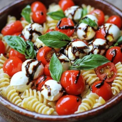 - 2 cups cooked fusilli pasta - 1 cup cherry tomatoes, halved - 1 cup fresh mozzarella balls (bocconcini) - 1 cup fresh basil leaves, torn - 1/4 cup balsamic glaze - 3 tablespoons extra virgin olive oil - 1 tablespoon lemon juice - Salt and pepper to taste - 1/4 teaspoon garlic powder (optional) When I make Caprese Pasta Salad, I focus on freshness. Each ingredient brings its own flavor. The fusilli pasta serves as a great base. It holds the dressing well and adds a nice bite. I love using cherry tomatoes because they are sweet and juicy. Halving them lets their flavor shine. Fresh mozzarella balls, or bocconcini, add creaminess. They melt in your mouth and pair well with the tomatoes. Torn basil leaves bring a fragrant touch. Their green color makes the salad vibrant. For the dressing, I mix balsamic glaze, extra virgin olive oil, and lemon juice. This blend creates a tangy flavor. A bit of salt and pepper enhances everything. If you like garlic, add garlic powder. It gives a warm depth. - Calories per serving: Approximately 250 - Macronutrient breakdown: - Carbohydrates: 30g - Fats: 15g - Proteins: 7g This salad is not just tasty; it’s also packed with nutrients. It offers a good balance of carbs, fats, and proteins. Enjoying Caprese Pasta Salad can help you feel full and satisfied. To cook the pasta just right, use a large pot with water. Add a pinch of salt to the water. Bring it to a rolling boil. Add the fusilli pasta and stir it well. Cook for about 8-10 minutes until it’s al dente, which means it should have a slight bite. To check, taste a piece of pasta. If it’s firm but not hard, it’s ready. Once cooked, drain the pasta in a colander. Rinse it with cold water to stop the cooking. This helps keep the pasta from getting mushy. Spread it out on a baking sheet for even cooling. In a big bowl, add your cooled pasta, cherry tomatoes, and fresh mozzarella balls. Mix gently to avoid bruising the basil. To prevent tearing, add the torn basil leaves last. It keeps the leaves fresh and bright. Next, evenly distribute the dressing over the salad. This helps every bite taste amazing. Toss the salad gently but well, so all the ingredients mix. To make the balsamic dressing, whisk together balsamic glaze, olive oil, lemon juice, salt, pepper, and optional garlic powder in a small bowl. If you want to store it, keep it in a jar with a lid in the fridge. It lasts for about one week. Taste the dressing before adding it to the salad. If it needs more flavor, add a pinch of salt or a splash more of balsamic glaze. Adjust to your liking, and keep it tasty! For the full recipe, check out the details above. Choosing the best tomatoes and mozzarella is key. Use ripe cherry tomatoes for sweetness. Look for mozzarella balls that are fresh and creamy. They should be soft but not mushy. This gives your salad the best flavor and texture. Making the salad ahead of time helps the flavors mix well. Letting it sit for at least 10 minutes works wonders. If you plan to serve it later, cover it and chill it in the fridge. This way, the ingredients blend nicely. Serve your Caprese pasta salad in a big bowl or platter. This makes it look inviting. Drizzle extra balsamic glaze on top. It adds shine and flavor. For decorative garnishes, use whole basil leaves. They add a fresh look. You can also sprinkle crushed red pepper for a dash of heat. This small touch makes your salad pop visually! {{image_2}} You can boost your Caprese pasta salad with protein. Chicken and shrimp are great choices. Grilled chicken adds a nice smoky flavor. You can use diced rotisserie chicken for quick prep. For shrimp, grill or sauté them with a bit of garlic. Once cooked, toss them in with the pasta. Grilled vegetables also make a tasty addition. Zucchini, bell peppers, and asparagus work well. Simply grill them until tender, then chop and mix them in. This adds color and a nice crunch. If you need a gluten-free option, try using gluten-free pasta. Many brands offer great alternatives like rice or chickpea pasta. Cook them just like regular pasta for the best results. For a vegan twist, use dairy-free cheese. There are many brands that offer mozzarella-style cheese made from nuts or soy. You can also skip the cheese entirely for a lighter dish. Add extra tomatoes and basil to keep it fresh and tasty. To keep your Caprese pasta salad fresh, store it in the fridge. Use an airtight container to prevent odors from other foods. The salad tastes best within three days. After that, the texture may change. When storing, try to keep the ingredients separate if you can. This keeps the tomatoes and mozzarella from getting mushy. You can also add the dressing right before serving. This way, the flavors stay bright and fresh. Can you freeze this salad? No, I do not recommend freezing Caprese pasta salad. Freezing can change the texture of tomatoes and cheese. They may become watery after thawing. If you do freeze it, let it thaw in the fridge overnight. Serve it cold for the best taste. However, I suggest enjoying it fresh for the best experience. Yes, you can use different pasta types. Bowtie, penne, or rotini all work well. Cook them until they are al dente. For bowtie, it takes about 10-12 minutes. Penne cooks in 11-13 minutes. Rotini usually needs 8-10 minutes. Just remember to drain and cool them before mixing. You can keep the pasta salad in the refrigerator for about 3 days. Store it in an airtight container. This helps keep it fresh and tasty. Always check for any signs of spoilage before eating. Yes, you can make this salad ahead of time. Prepare it up to a day before serving. Just store it in the fridge with a lid. If you want the best taste, add the dressing right before serving. This keeps the pasta and veggies crisp. If you don’t have balsamic glaze, you can use balsamic vinegar. Mix it with a little honey or sugar to sweeten. You can also try red wine vinegar with a touch of honey. For a homemade glaze, simmer balsamic vinegar until it thickens. This makes a great substitute. This blog post covers how to make a delicious Caprese pasta salad. We detailed ingredients, steps, and storage tips. You learned how to cook pasta, mix fresh ingredients, and create a tasty balsamic dressing. We explored variations and serving ideas to suit your taste. In the end, this salad is not just easy to make; it’s a fun dish for any gathering. Enjoy experimenting with flavors and making it your own!