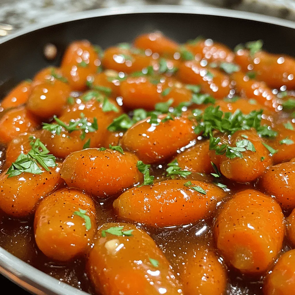To make maple glazed carrots, you need these key ingredients: - 1 lb baby carrots (or 4 large carrots, peeled and sliced) - 1/4 cup pure maple syrup - 2 tablespoons unsalted butter - 1 tablespoon olive oil - 1 teaspoon salt - 1/2 teaspoon black pepper - 1 teaspoon ground cinnamon - 1/2 teaspoon nutmeg - Fresh parsley for garnish (optional) You can add a few optional ingredients to boost the flavor: - A sprinkle of cayenne for heat - A dash of lemon juice for brightness - Chopped walnuts for crunch - Thyme or rosemary for herb notes Each serving of maple glazed carrots is packed with good stuff. Here’s a quick look at the nutrition: - Calories: 150 - Protein: 1g - Carbohydrates: 22g - Dietary Fiber: 3g - Sugars: 10g - Fat: 7g - Saturated Fat: 4g These carrots not only taste great but also fit well into a healthy meal plan. If you want more details, check out the Full Recipe for a complete guide. Start by washing your baby carrots. If you choose large carrots, peel them first. Slice them into even pieces for cooking. This step helps them cook uniformly. Uniform pieces mean they all cook at the same rate. Heat a large skillet on medium heat. Add olive oil and unsalted butter. Wait until the butter melts and starts to foam. Then, toss the carrots into the skillet. Stir them well so they get coated with the butter and oil. Next, sprinkle the salt, black pepper, ground cinnamon, and nutmeg over the carrots. Mix everything carefully to ensure all carrots get the lovely spices. Pour the pure maple syrup over the carrots. This is where the magic happens! Let the mixture simmer gently. Cover the skillet and cook for 10 to 12 minutes. Stir occasionally to prevent them from sticking. The goal is to make sure the carrots become tender but still have a nice crunch. Once the carrots are cooked, take off the lid. Turn up the heat to medium-high. This step helps the glaze thicken nicely. Stir the carrots often to avoid burning. This should take about 2 to 3 minutes. When they look shiny and sticky, they are ready! Taste and adjust the seasoning if needed. For a touch of color, add fresh parsley on top before serving. This will make your dish look even more appetizing. Enjoy your maple glazed carrots as a simple and flavorful side dish! For the full recipe, check the earlier section. To cook carrots well, start with even-sized pieces. This helps them cook evenly. If you use baby carrots, they need less prep. For large carrots, peel and slice them to match. I often use a large skillet for even heat. This method gives a nice glaze. One common mistake is overcooking the carrots. They should be tender but still crisp. If you cook them too long, they get mushy. Another mistake is not stirring enough. Stirring helps coat the carrots in the glaze. Make sure to watch the heat too. If it’s too high, the glaze can burn. To boost flavor, consider adding fresh herbs like thyme or rosemary. These add a nice aroma and taste. You can also swap maple syrup for honey or agave for a twist. Try adding a splash of orange juice for a fruity note. Experimenting with spices can also change the dish. Cinnamon and nutmeg work well, but feel free to explore! {{image_2}} You can switch up the carrots for other veggies. Try using parsnips, sweet potatoes, or even beets. Each vegetable adds its own flavor. For example, parsnips have a sweet, earthy taste. Sweet potatoes bring some creaminess. Beets add a vibrant color and a slight earthiness. Just cut them into similar sizes. This way, they cook evenly and glaze well. If you want to try different sweeteners, go ahead! Honey is a great choice. It adds a floral note. Agave syrup works too, and it’s less sweet than maple. Brown sugar can also be used, giving a rich flavor. Just remember, each sweetener changes the taste a bit. You might need to adjust the amount based on what you use. Spices can change your dish completely. For a warmer flavor, add ginger or allspice. A pinch of chili powder can give a nice kick. If you love herbs, try thyme or rosemary. These herbs pair well with the sweetness. Just start with a small amount. Taste as you go, and find the mix you enjoy. To keep your maple glazed carrots fresh, place them in an airtight container. Let them cool first. Store them in the fridge for up to three days. This way, they stay tasty and safe to eat. When it's time to enjoy leftovers, reheat them gently. Use a skillet on low heat. Add a splash of water or a bit of butter to keep them moist. Stir often to prevent burning. Heat until they are warm but still crisp. You can freeze maple glazed carrots, but texture may change. First, let them cool completely. Place them in a freezer-safe bag, squeezing out air before sealing. They can last up to three months. When ready to eat, thaw in the fridge overnight. Reheat as mentioned above for the best taste. Yes, you can use frozen carrots. They work well in this recipe. Just keep in mind that frozen carrots may cook faster. Adjust the cooking time to avoid mushy results. You may need to sauté them a bit longer to get that nice glaze. To make Maple Glazed Carrots ahead, cook them fully first. Once they cool, store them in an airtight container. You can keep them in the fridge for up to three days. When ready to serve, reheat them gently in a skillet. Add a splash of maple syrup for extra flavor. Maple Glazed Carrots pair nicely with many dishes. They complement roasted meats like chicken or pork. They also work well with grain dishes like quinoa or rice. Try them alongside a fresh salad or on a holiday table. These carrots add color and flavor to any meal. In this blog post, I covered how to make tasty maple glazed carrots. I shared a full list of ingredients and some options to boost flavor. You learned tips for cooking, including common mistakes to avoid. I also explored different vegetables and sweeteners to try. Finally, I gave storage tips to keep your leftovers fresh. Maple glazed carrots can elevate your meals. Try these techniques and enjoy the sweet taste!