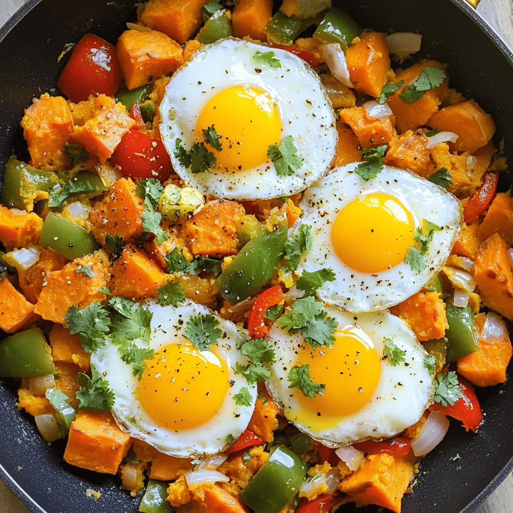 To make a savory sweet potato hash, you need to gather some fresh ingredients. Here’s what you will need: - 2 large sweet potatoes, peeled and diced - 1 red bell pepper, chopped - 1 green bell pepper, chopped - 1 medium onion, diced - 2 cloves garlic, minced - 1 teaspoon smoked paprika - 1 teaspoon ground cumin - ½ teaspoon salt - ¼ teaspoon black pepper - 2 tablespoons olive oil - 4 large eggs - Fresh cilantro, chopped (for garnish) These ingredients combine to create a colorful and tasty dish. Sweet potatoes give it a nice sweetness, while the peppers add crunch. The spices bring warmth and depth. Together, these flavors make your breakfast exciting. For the full recipe, you can check the recipe section above. Enjoy cooking! Start by peeling the sweet potatoes. Use a sharp knife or a peeler. Next, dice them into small cubes. Aim for even pieces to cook well. Now, chop the red and green bell peppers. Dice the onion into small pieces. Keep the garlic handy; you will mince it later. In a large skillet, heat one tablespoon of olive oil over medium heat. Once hot, add the diced sweet potatoes. Sprinkle salt, black pepper, cumin, and smoked paprika on top. Stir well to coat the sweet potatoes. Cook them for about 10 to 12 minutes. Stir occasionally, so they soften and brown. After that, add the chopped onions and bell peppers. Cook for another 5 to 7 minutes. You want the onions to look clear and the peppers to be soft. Now, stir in the minced garlic. Cook for an additional 1 to 2 minutes until you smell that delicious aroma. While the hash cooks, heat the remaining tablespoon of olive oil in a separate pan. Crack the eggs into this pan. Cook them sunny-side up or to your liking. Once everything is ready, serve the sweet potato hash on plates. Top each portion with a fried egg. For extra flavor, sprinkle chopped cilantro on top. Enjoy your savory sweet potato hash! Check the Full Recipe for more details. To cook sweet potatoes evenly, start with small, even-sized pieces. This helps them cook at the same rate. Stir them often to allow all sides to brown. For the perfect fried egg, heat the pan on medium-low. This prevents the egg from cooking too fast. Gently crack the egg into the pan. Cook it until the white is set, but the yolk is still runny. To adjust the spice level, you can add more smoked paprika or cumin. If you like heat, try adding a pinch of cayenne pepper. Consider garnishing your hash with fresh herbs. Chopped cilantro or green onions add brightness and flavor. You can prep ingredients ahead of time. Dice the sweet potatoes and chop the veggies the night before. Store them in airtight containers in the fridge. Leftovers can be stored in a sealed container for up to three days. Reheat them in a skillet to keep the texture nice. This way, you can enjoy your savory sweet potato hash anytime! {{image_2}} You can easily change the recipe. Try using different vegetables for a new taste. Zucchini, spinach, or mushrooms work great. Each adds its unique flavor. Another option is to add protein. Sausage or black beans boosts the meal's heartiness. Simply cook them with the sweet potatoes or on the side. For a Southwestern twist, add spices like chili powder and oregano. This gives the hash a warm kick. You can also try a Mediterranean version. Crumble feta cheese on top for a tangy taste. Fresh herbs like basil or oregano will enhance this flavor. You can make this dish vegan or vegetarian. Substitute eggs with tofu or chickpeas. This keeps the meal filling and nutritious. For gluten-free needs, this recipe is already safe. Just ensure all your ingredients are gluten-free. Enjoy the versatility of this savory sweet potato hash! To keep your savory sweet potato hash fresh, follow these tips: - Refrigeration: Place leftovers in an airtight container. They can stay fresh for up to 4 days in the fridge. - Freezing: If you want to store them longer, freeze the hash. Use a freezer-safe container and it will last about 3 months. Allow it to cool before freezing. When it's time to enjoy your leftovers, reheating is key: - Stovetop: The best way to reheat is in a skillet. Heat over medium heat, stirring often. This keeps the texture nice. - Microwave: You can use the microwave, but this may make the hash a bit soggy. Heat in short bursts, stirring in between. - Serving Temperature: Aim for a warm serving temperature of around 165°F for best taste. Enjoy your meal! To make sweet potato hash crispy, cut the sweet potatoes into small cubes. This helps them cook faster and crisp up well. Use a hot skillet and enough olive oil. Cook them in a single layer. Don't stir too much; let them sit for a bit. This will create a nice crust. Yes, you can add many other vegetables! Try zucchini, mushrooms, or spinach. You can also add kale, corn, or tomatoes. Each vegetable adds a unique flavor and texture. Just make sure to chop them small so they cook evenly. Savory sweet potato hash pairs well with many things. Serve it with eggs for breakfast. You can also add avocado slices or salsa for extra flavor. For lunch or dinner, serve it alongside grilled chicken or fish. Enjoy it with fresh herbs or a sprinkle of cheese on top. For the full recipe, check out the earlier section! This blog post covered how to make a delicious sweet potato hash. We discussed key ingredients, step-by-step directions, and useful tips. You learned about ingredient swaps and flavor options. Storing leftovers and reheating methods keep your dish fresh and tasty. Enjoy creating this versatile meal. Experiment with flavors and make it your own! A warm, hearty dish awaits you, ready to impress at any meal.
