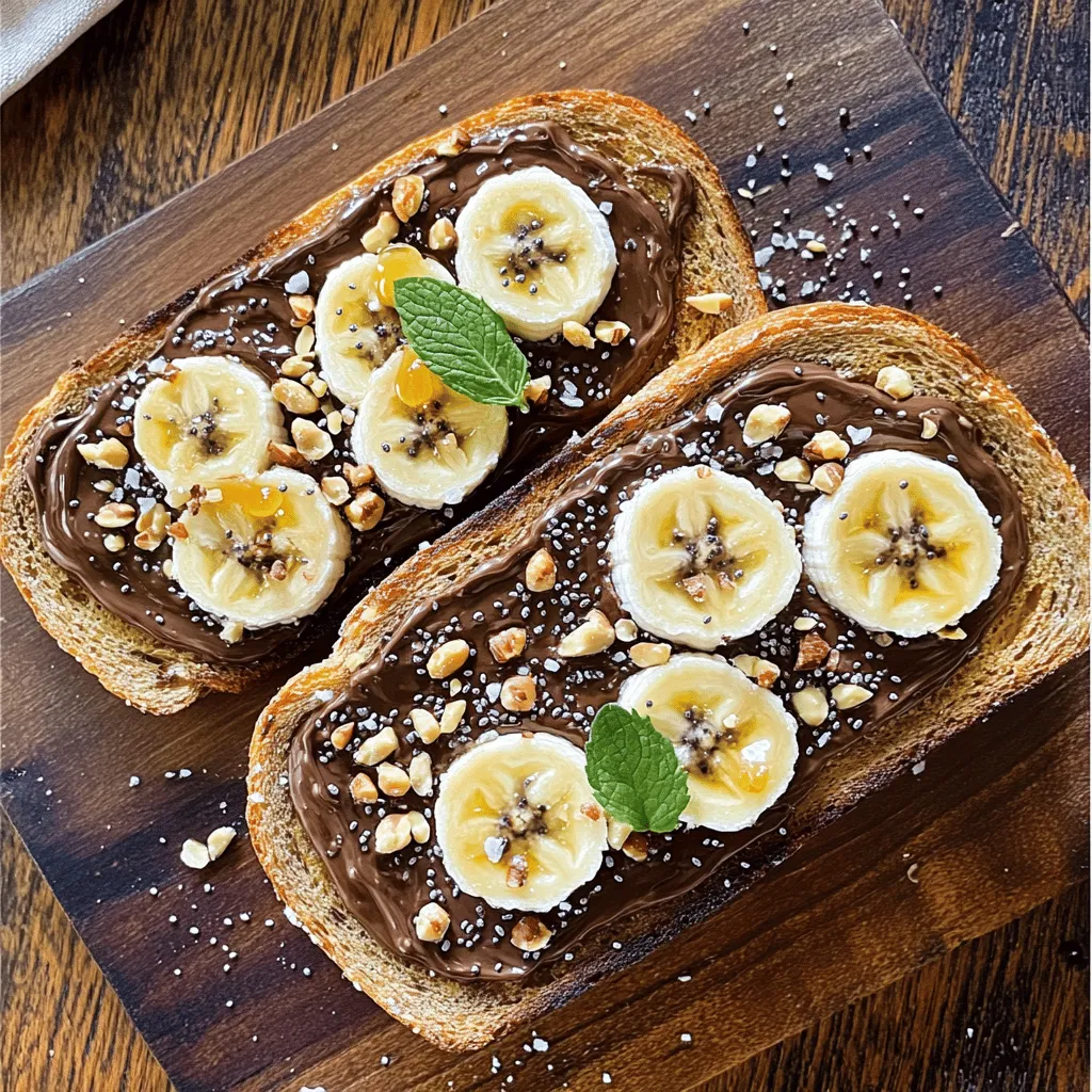 To make Chocolate Hazelnut Banana Toast, gather these simple ingredients: - 2 slices of whole-grain bread - 2 tablespoons chocolate hazelnut spread - 1 ripe banana, sliced - 1 tablespoon chopped hazelnuts - 1 tablespoon chia seeds - 1 teaspoon honey or maple syrup (optional) - A pinch of sea salt - Fresh mint leaves for garnish (optional) With these ingredients, you set the stage for a tasty breakfast. Whole-grain bread gives you fiber. The chocolate hazelnut spread adds a rich, sweet flavor. A ripe banana brings natural sweetness and creaminess. Chopped hazelnuts and chia seeds add a nice crunch. Honey or maple syrup can boost the sweetness if you want. A pinch of sea salt enhances all the flavors. And fresh mint leaves can brighten up your toast. This recipe is quick and easy, perfect for busy mornings. If you want more details, check the Full Recipe. Enjoy your cooking! Start by toasting your whole-grain bread. Place the slices in the toaster. Set it to medium heat. Wait until the bread turns golden brown and crispy. This gives the toast a nice crunch. If you like it darker, toast a bit longer. Keep an eye on it, so it does not burn. The perfect toast sets the stage for the rest of the dish. Next, grab your ripe banana. Place it on a cutting board. Use a sharp knife to slice it into even rounds. Aim for slices about a quarter-inch thick. If the slices are too thin, they may break when you layer them. If they're too thick, they won't fit well on the toast. Even slices help each bite taste great. Now it’s time to put everything together. Take your golden toast and spread one tablespoon of chocolate hazelnut spread on each slice. Make sure to cover the toast evenly. Then, layer the banana slices on top. Distribute the banana evenly across the spread. This helps balance the flavors. Sprinkle the chopped hazelnuts and chia seeds over the bananas. They add nice crunch and nutrition. If you like it sweeter, drizzle a teaspoon of honey or maple syrup on top. This step is optional, but it makes the toast even tastier. Finish with a pinch of sea salt to enhance the flavors. If you want, garnish with fresh mint leaves. They add a pop of color and a refreshing aroma. For the full recipe, check out the details above. Enjoy your delightful breakfast bite! To make your chocolate hazelnut banana toast look great, serve it on a wooden board or a bright plate. Cut the toast in half diagonally. Arrange the halves in a fan shape. Add a few extra banana slices and hazelnuts around the toast. This will create a lovely display for photos and impress your friends. Feel free to swap out the whole-grain bread for another type you like. You can also change the chocolate hazelnut spread to a nut-free option if needed. If you prefer less sweetness, skip the honey or syrup. You can add more toppings, too. Try coconut flakes or berries for new flavors. Using whole-grain bread offers more fiber and nutrients than white bread. Hazelnuts provide healthy fats, protein, and vitamins. Bananas are packed with potassium and fiber. Chia seeds add omega-3 fatty acids and antioxidants. These ingredients make this toast not just tasty but also a smart choice for breakfast. For the full recipe, check the earlier section. {{image_2}} If you want a nut-free option, try using sunflower seed butter or soy nut butter. Both spreads taste great and keep the texture creamy. You can also use coconut cream for a rich, smooth flavor. Each will give you a delicious twist while keeping it safe for those with nut allergies. For a protein boost, spread some almond or peanut butter under the chocolate hazelnut spread. You can also mix protein powder into the spread. Just a scoop will give your toast a healthy kick without changing the taste much. This small change can help keep you full longer. Change up your toast with seasonal fruits. In summer, add fresh strawberries or blueberries for a burst of flavor. In fall, try slices of apple or pear with a sprinkle of cinnamon. Each season brings new fruits that can brighten your toast and keep it exciting. You can find more ideas in the Full Recipe. To keep your chocolate hazelnut banana toast fresh, store it properly. If you have leftovers, wrap them in plastic wrap or place them in an airtight container. Keep them in the fridge for up to two days. This helps maintain the bread's crispness and the banana's taste. If you notice the bread getting soggy, toast it again before eating. Mornings can be hectic. You can prep your chocolate hazelnut banana toast quickly. Spread the chocolate hazelnut spread on your bread the night before. Slice the banana and store it in a small container with a bit of lemon juice to prevent browning. In the morning, assemble your toast quickly. This saves you time while still giving you a tasty breakfast. You can freeze some components for later use. Toasted bread can be frozen for up to three months. Place slices in a freezer bag and separate them with parchment paper. For the banana, slice it and freeze the pieces on a baking sheet. Once frozen, put them in a bag. When you’re ready, just toast the bread and add the frozen banana slices directly on top. They will thaw quickly and taste great! Yes, you can use regular bread. However, whole-grain bread offers more fiber and nutrients. Fiber helps with digestion, making you feel full longer. Regular white bread may taste softer, but it lacks many health benefits. If you want a healthier choice, stick with whole-grain bread. It adds texture and flavor to your chocolate hazelnut banana toast. To make this recipe vegan, swap honey for maple syrup. Maple syrup is a great choice and tastes sweet. Ensure your chocolate hazelnut spread is dairy-free. Many brands now offer vegan options. Check the label to confirm. You can still enjoy this tasty toast without using animal products. For the best chocolate hazelnut spread, I recommend brands like Nutella or Justin's. Nutella is creamy and sweet, while Justin's has a more nutty flavor. If you want to try making your own, blend roasted hazelnuts, cocoa powder, and a sweetener of your choice. This way, you can control the taste and ingredients. In this blog post, we covered a delicious chocolate hazelnut toast recipe. We detailed the ingredients, from whole-grain bread to toppings like banana and hazelnuts. You learned step-by-step instructions for toasting the bread and assembling your dish. We discussed tips for presentation, customization, and health benefits. Finally, we shared storage methods and common FAQs. Creating this recipe is simple and fun. You can impress anyone with your tasty toast! Enjoy making it your own. Happy cooking!