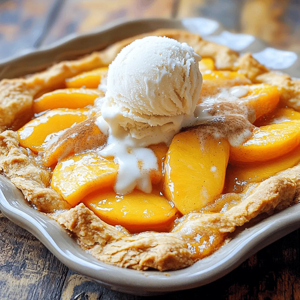 - 4 cups fresh peaches, peeled and sliced - 1 cup granulated sugar, divided - 1 teaspoon ground cinnamon - 1 tablespoon lemon juice - 1 cup all-purpose flour - 1 teaspoon baking powder - 1/2 teaspoon salt - 1 cup milk - 1/2 cup unsalted butter, melted - 1 teaspoon vanilla extract - Optional: Vanilla ice cream for serving When you make peach cobbler, fresh peaches are key. They bring sweet and juicy flavor. Use ripe peaches for the best taste. You can also mix in some lemon juice. This adds a nice zing. Ground cinnamon gives warmth to the dish. The sugar helps to sweeten the peaches and the batter. I divide it into two parts for mixing. The flour, baking powder, and salt create a fluffy batter. When you add milk and melted butter, it makes it rich and creamy. Vanilla extract adds a lovely aroma. For serving, a scoop of vanilla ice cream is a great choice. It pairs well with the warm cobbler. This dessert is simple yet so rewarding. You can find the full recipe for more details on making this delightful treat. First, preheat your oven to 375°F (190°C). This step warms up the oven for even baking. Next, take a 9x13 inch baking dish and grease it well. This will help the cobbler come out easily when it's done. In a large bowl, combine the sliced peaches with 1/2 cup of granulated sugar. Add 1 teaspoon of ground cinnamon and 1 tablespoon of lemon juice. Toss the peaches gently until they are well coated. Let them sit for about 10 minutes. This marinating step brings out the peach flavors and makes them sweet. In another bowl, mix together 1 cup of all-purpose flour, 1 teaspoon of baking powder, 1/2 teaspoon of salt, and the remaining 1/2 cup of sugar. Stir these dry ingredients until they are blended. In a separate bowl, whisk together 1 cup of milk, 1/2 cup of melted unsalted butter, and 1 teaspoon of vanilla extract. Pour this wet mix into the dry mix. Stir until just combined. The batter may look a bit lumpy, and that’s okay. Pour the batter into your greased baking dish. Do not stir. Spoon the marinated peaches evenly over the batter, letting the juices drip in. Bake in your preheated oven for 40-45 minutes. Look for a golden brown top and bubbling edges. That’s how you know your cobbler is ready! Let it cool for a few minutes before serving. For a delightful treat, serve it warm with a scoop of vanilla ice cream on top. Enjoy your easy peach cobbler! For the complete recipe, check the Full Recipe section. To make the best peach cobbler, focus on fresh peaches. Use ripe, sweet peaches for great flavor. When you slice them, be careful not to cut them too thin. Thick slices hold their shape better during baking. Mix the peaches with sugar and cinnamon to enhance their taste. Let them sit for about 10 minutes. This step allows the juices to flow, making the cobbler even better. A few common mistakes can ruin your cobbler. First, don’t skip the marinating step for the peaches. This helps release their juices, adding flavor. Next, be careful not to over-mix the batter. A few lumps are okay. Over-mixing can make the cobbler tough. Finally, ensure your oven is preheated. A cold oven can lead to uneven baking. For a tasty treat, serve your peach cobbler warm. A scoop of vanilla ice cream on top is perfect. The cold ice cream melts into the warm cobbler, creating a delicious mix. You can also sprinkle extra cinnamon on top for added flavor. If you want more texture, try adding chopped nuts or a drizzle of caramel sauce. Enjoy your cobbler with friends or family for a delightful dessert! {{image_2}} You can switch up the fruit in your cobbler. Fresh fruits add great flavor. Try using berries like blueberries, strawberries, or raspberries. Apples or pears are also good choices. Each fruit gives a new twist to your dessert. Seasonal fruits can make your cobbler fresh and fun. You can still enjoy cobbler if you're gluten-free or dairy-free. For gluten-free, use almond flour or a gluten-free blend. These options work well and keep the texture nice. For dairy-free, swap milk with almond or oat milk. You can also use coconut oil instead of butter. Both options keep the taste great while being friendly to your diet. To make your cobbler unique, think about adding spices. Ground nutmeg or cardamom can add warmth. A splash of almond extract gives a nice twist. You can also mix in citrus zest for a bright flavor. These extras can make your peach cobbler stand out. Each bite will surprise and delight your taste buds. For more ideas, check out the Full Recipe. To keep your peach cobbler fresh, store it properly. First, let it cool completely. Then, cover it tightly with plastic wrap or aluminum foil. You can also place it in an airtight container. For the fridge, it lasts up to three days. If you have more cobbler than you can eat, freeze it! Cut it into portions and wrap each piece well. You can freeze it for up to three months. When you're ready to enjoy your peach cobbler again, reheating is simple. Preheat your oven to 350°F (175°C). Place the cobbler in an oven-safe dish. Heat for about 20 minutes or until it's warm and bubbly. You can also microwave individual servings. Just heat for 30 seconds to one minute, checking often. Serve it warm, and don’t forget a scoop of vanilla ice cream on top! Look for a few signs while baking. The top should turn golden brown. You should see bubbles around the edges. A toothpick inserted in the center should come out clean. These signs mean your cobbler is ready to enjoy! Yes, you can use canned or frozen peaches. If using canned, drain the syrup first. For frozen peaches, thaw and drain excess juice. Both options work well, but fresh peaches give the best flavor and texture. You can add a few extra ingredients. Try a dash of nutmeg for warmth. A splash of almond extract adds a nice twist. You can also mix in some fresh ginger for a zesty touch. These flavors can take your cobbler to new heights. Peach cobbler is best served warm. The warmth brings out the flavors and makes it cozy. Many people enjoy it with a scoop of cold vanilla ice cream on top. The mix of warm and cold is simply delightful. You can find the full recipe for Sweet Summer Peach Cobbler above. It's a simple and tasty way to enjoy this classic dessert. Peach cobbler is a delicious and satisfying dessert. We explored the key ingredients, from fresh peaches to sugar and spices. Each step, from marinating the peaches to baking, is crucial for great taste. We shared helpful tips to avoid mistakes and improve texture. Variations allow you to get creative, and proper storage keeps leftovers fresh. Remember, whether you prefer warm or cold cobbler, it’s all about enjoying the sweet flavors. Dive into this lovely dessert and share it with friends and family. Happy baking!