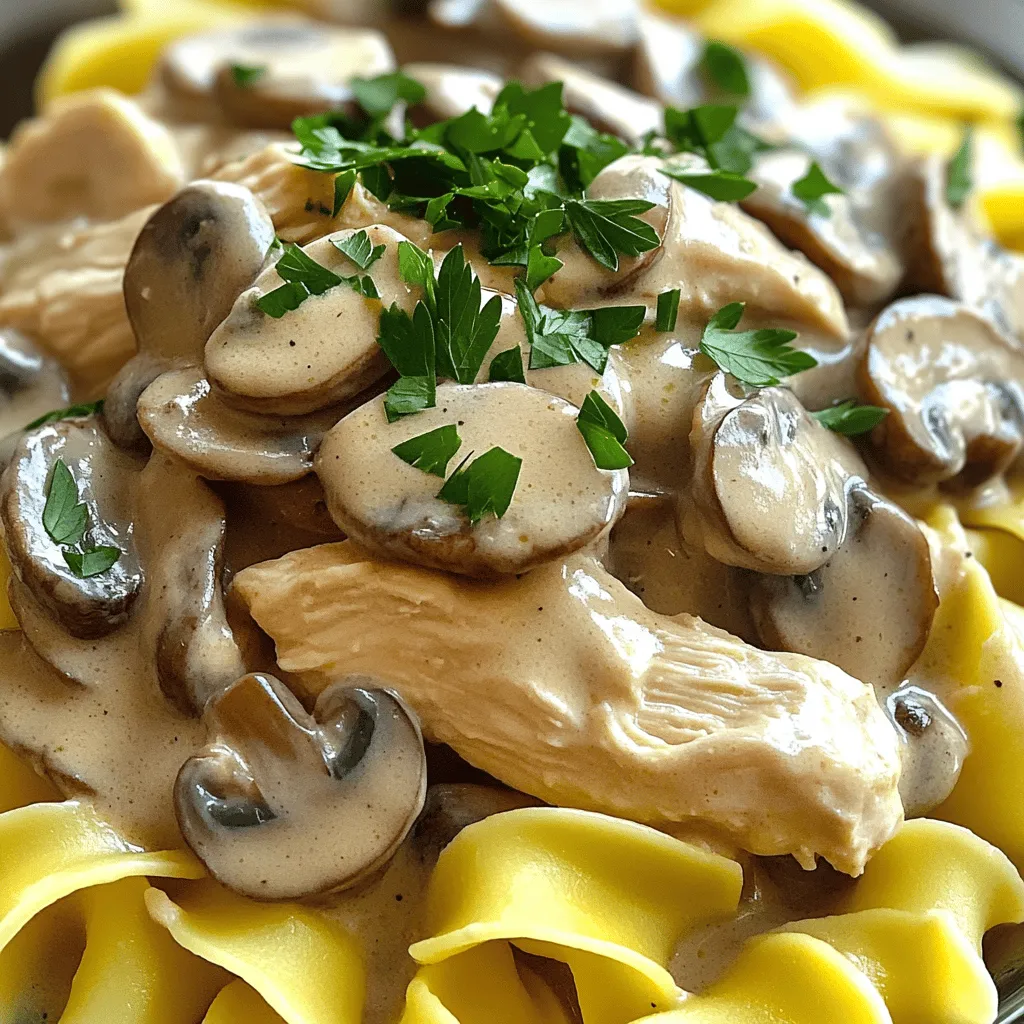 To make creamy chicken mushroom stroganoff, you need these items: - 2 boneless, skinless chicken breasts, sliced into thin strips - 8 ounces of mushrooms, sliced (cremini or button mushrooms) - 1 medium onion, finely chopped - 2 cloves of garlic, minced - 1 cup of chicken broth - 1 cup of heavy cream - 2 tablespoons of soy sauce - 1 teaspoon of Dijon mustard - 2 tablespoons of olive oil - 1 teaspoon of paprika - Salt and pepper to taste - Fresh parsley, chopped (for garnish) - Cooked egg noodles or rice (for serving) You will also need these tools: - A large skillet for cooking - A knife and cutting board for chopping - Measuring cups and spoons for accuracy - A spatula for stirring One serving of creamy chicken mushroom stroganoff contains: - Calories: 500 - Protein: 30 grams - Carbohydrates: 40 grams - Fat: 25 grams - Fiber: 2 grams This dish is rich and satisfying. It offers a good balance of protein and carbs. You can enjoy this meal without any guilt, especially when served with fresh veggies on the side. For the full recipe, check out the full recipe section. To make this creamy chicken mushroom stroganoff, start by gathering your ingredients. You will need chicken breasts, mushrooms, onion, garlic, chicken broth, heavy cream, soy sauce, Dijon mustard, olive oil, paprika, salt, and pepper. 1. Slice the chicken into thin strips. 2. Chop the onion finely and mince the garlic. 3. Slice the mushrooms. These simple prep steps save time while cooking. Now, let’s cook! 1. Heat 2 tablespoons of olive oil in a large skillet over medium-high heat. 2. Add the sliced chicken. Season with salt, pepper, and paprika. Cook for 5-7 minutes until browned and cooked through. Remove the chicken and set it aside. 3. In the same skillet, add the chopped onion and garlic. Sauté for 3-4 minutes until the onion turns translucent. 4. Next, add the sliced mushrooms. Cook for 5-6 minutes until they are browned and softened. 5. Pour in 1 cup of chicken broth and 2 tablespoons of soy sauce. Stir in 1 teaspoon of Dijon mustard and bring to a simmer. 6. Reduce the heat to medium-low and stir in 1 cup of heavy cream. Let this simmer for 4-5 minutes until the sauce thickens slightly. 7. Return the cooked chicken to the skillet. Stir to coat the chicken in the creamy mushroom sauce and warm everything through for about 2 minutes. Serve your creamy chicken mushroom stroganoff over cooked egg noodles or rice. - Garnish with fresh, chopped parsley for a pop of color. - Pair it with a side salad for a fresh crunch. - Enjoy this dish with crusty bread to soak up all the sauce. For the complete recipe, check out the Full Recipe. To make a great chicken mushroom stroganoff, focus on a few key steps: - Sauté the chicken well: Cook it until golden brown. This adds flavor. - Don’t rush the mushrooms: Let them cook until they are brown. This brings out their taste. - Simmer the sauce gently: This helps it thicken without burning. Stir often to keep it smooth. You can easily swap out some ingredients for your needs: - Chicken: Use turkey or even beef if you like. - Mushrooms: Try using different types like shiitake or portobello. - Heavy cream: Swap with sour cream or Greek yogurt for a lighter version. - Soy sauce: Use tamari if you need a gluten-free option. You can prepare this dish in advance: - Cook the chicken and sauce: Do this up to a day ahead. Store in the fridge. - Reheat gently: When ready to eat, warm it up slowly. Add a splash of broth if it’s too thick. - Serve fresh: Prepare the noodles or rice right before serving for the best texture. For the full recipe, check out the detailed steps above. Enjoy your cooking! {{image_2}} You can make a vegetarian version of creamy chicken mushroom stroganoff. Instead of chicken, use firm tofu or tempeh. These options soak up flavor well. Replace chicken broth with vegetable broth for a tasty base. Keep the mushrooms and onions to maintain that rich flavor. Add in some spinach or kale for extra color and nutrients. This option is both filling and healthy. You can choose various types of cream for your stroganoff. Heavy cream gives a rich texture, but you can also try sour cream or Greek yogurt. Both will add a tangy taste. If you want a lighter dish, use half-and-half or even coconut cream. Each type of cream will change the flavor slightly, so experiment to find your favorite. Want to jazz up your stroganoff? Consider adding specialty ingredients. Try a splash of white wine for depth. Fresh herbs, like thyme or dill, can brighten the dish. For a little heat, add crushed red pepper or a dash of hot sauce. You can even toss in some peas or bell peppers for added color and crunch. Each add-in makes the dish unique and fun. For the full recipe, check out the detailed instructions above. After cooking your creamy chicken mushroom stroganoff, let it cool down. Place it in a sealed container. It will stay fresh in the fridge for up to 3 days. Always check for any changes in smell or color before eating. If you notice anything off, it's better to toss it. To freeze, first let the stroganoff cool completely. Use an airtight container or freezer-safe bag. It can be frozen for up to 3 months. When freezing, try to remove as much air as possible. This helps prevent freezer burn. Label the container with the date so you won’t forget. When you are ready to eat, defrost the stroganoff in the fridge overnight. To reheat, you can use the stove or microwave. If using the stove, heat it in a skillet over low heat. Add a splash of chicken broth or cream to keep it from drying out. Stir gently until warmed through. If using a microwave, heat in 30-second intervals, stirring in between. This helps it heat evenly. Enjoy your meal again just like the first time! Yes, you can use other meats in stroganoff. Beef and pork work well. You can also use turkey or even shrimp for a twist. Just make sure to adjust the cooking time. Each meat has its own time to cook, so check for doneness. Stroganoff pairs great with many side dishes. Here are some tasty options: - Egg noodles - Rice - Mashed potatoes - Steamed vegetables - Crusty bread These sides will soak up the creamy sauce and add more flavor. To thicken the stroganoff sauce, here are some methods: - Simmer the sauce longer to reduce it. - Mix a teaspoon of cornstarch with water, then stir it in. - Add more heavy cream for richness. Each method boosts the sauce's texture, making it more delicious. For the complete recipe, check out the Full Recipe link. We explored all the key elements of making stroganoff. You learned about the ingredients, cooking process, and helpful tips. We also discussed tasty variations and how to store your dish. Stroganoff is versatile, and you can easily adjust it to fit your taste. I hope these steps and ideas inspire you to create a delicious meal. Enjoy sharing your stroganoff with family and friends!