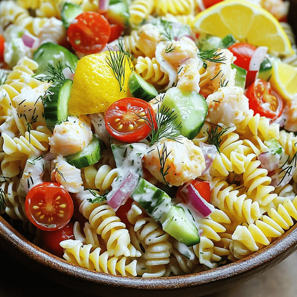 For a tasty crab pasta salad, you need a few key items. - Crab meat and pasta options: - 1 cup lump crab meat, picked over for shells - 8 oz rotini or fusilli pasta - Fresh vegetables to include: - 1/2 cup cherry tomatoes, halved - 1/2 cucumber, diced - 1/4 red bell pepper, finely chopped - 1/4 cup red onion, finely chopped - Dressing components: - 1/4 cup mayonnaise - 2 tablespoons Greek yogurt - 1 tablespoon Dijon mustard - 1 tablespoon fresh lemon juice - 1 teaspoon Old Bay seasoning - Salt and pepper to taste - Fresh dill and lemon wedges for garnish These ingredients create a fresh and vibrant dish. The crab pairs well with the veggies, making every bite a delight. You can find the full recipe in the Crab Delight Pasta Salad section. Mixing these items takes your salad to the next level! To make the best crab pasta salad, start by cooking the pasta. Use a large pot and fill it with water. Add salt to this water; it helps flavor the pasta. Bring the water to a strong boil. Then, add your rotini or fusilli. Cook it until it's al dente, which means it should be firm yet tender. This usually takes about 8-10 minutes. After cooking, drain the pasta in a colander. Rinse it under cold water to stop cooking. This cooling step helps keep the pasta from getting mushy later. It’s very important to rinse the pasta to wash away excess starch. This prevents clumping and keeps each piece separate. Next, let’s prep the vegetables. Start by chopping your cherry tomatoes, cucumber, red bell pepper, and red onion. Use a sharp knife for clean cuts. Make sure each piece is small enough to mix well with the pasta. Fresh veggies add a nice crunch and flavor. For seasoning, sprinkle a little salt and pepper over the veggies. This simple step boosts their taste and keeps them fresh. You can also add a squeeze of lemon juice for extra zing. Now it’s time to make the dressing. In a small bowl, combine mayonnaise, Greek yogurt, Dijon mustard, lemon juice, and Old Bay seasoning. Whisk these ingredients until they blend smoothly. The yogurt adds a nice creaminess and tang. If you want a thinner dressing, add a bit of water or more lemon juice. For a thicker texture, add more mayonnaise. Adjust it to your liking. In a large mixing bowl, add the cooled pasta, lump crab meat, and your chopped vegetables. Pour the dressing over the top. Use a spatula to gently fold everything together. Be careful not to break the crab meat. You want to keep some lumps for great texture. Make sure the dressing coats every piece evenly. This step is key for flavor in every bite. Finally, cover the bowl with plastic wrap and put it in the fridge. Let the salad chill for at least 30 minutes. Chilling helps the flavors meld together. It makes each bite taste fresh and delicious. Once chilled, serve your crab pasta salad garnished with fresh dill and lemon wedges. This adds a nice pop of color and extra flavor. For the full recipe, check out the Crab Delight Pasta Salad! To avoid mushy pasta, cook it until it's al dente. This means the pasta should be firm but not hard. After cooking, drain and rinse it under cold water. This stops the cooking process and keeps the pasta from sticking together. When it comes to crab meat, handle it gently. Lump crab meat is soft and can break apart easily. Add the crab last when mixing. This way, it stays whole and looks nice in your salad. Fresh herbs and spices can boost flavor. Try adding fresh dill or chives for a bright taste. A dash of red pepper flakes can add a little heat. Balancing the creamy dressing is key. The acidity from lemon juice or a splash of vinegar cuts through the richness. This makes each bite fresh and bright. Get creative with how you serve the salad. You can use lettuce leaves as cups or serve it in a hollowed-out cucumber. This adds fun and flair to your dish. For garnishes, fresh dill and lemon wedges are great options. They not only look pretty but also add extra flavor. If you want, add a sprinkle of paprika for color. For the full recipe, check out the Crab Delight Pasta Salad. {{image_2}} While rotini or fusilli pasta works great, you have many choices. Penne or farfalle can add a fun twist. If you want a lighter option, consider using zucchini noodles. They give a fresh taste and cut carbs. For those needing gluten-free options, try brown rice pasta or quinoa pasta. Both options taste great and keep the dish hearty. Crab is delicious, but you can play with other seafood. Shrimp or lobster can be tasty substitutes. You might also try smoked salmon for a different flavor. If you want to add more texture, mix in grains like quinoa or couscous. They pair well with the crab and add nutrition. Legumes like chickpeas or black beans can also give the salad a protein boost. The dressing is key to flavor. While mayonnaise and Greek yogurt are popular, try yogurt-based dressings for a tangy twist. They can lighten the dish and add creaminess. You can also explore vinaigrettes made with olive oil and vinegar. A lemon or balsamic vinaigrette can brighten the salad. Feel free to mix and match until you find a dressing you love. For a complete guide on making this dish, check out the Full Recipe. Enjoy exploring these variations! To store your crab pasta salad, use an airtight container. Glass containers work great because they do not hold odors. Plastic containers are fine too, but ensure they seal tightly. Before sealing, let the salad cool to room temperature. This step keeps moisture from building up, which helps maintain freshness. You can keep crab pasta salad in the fridge for up to three days. After that, it may lose its taste and texture. Always check for signs of spoilage. If the salad smells off or has a slimy texture, it’s best to toss it. Remember, fresh ingredients can spoil quickly, so enjoy your salad soon after making it. For the full recipe, feel free to check the Crab Delight Pasta Salad. To find fresh crab, buy from trusted sources. Look for crab at local fish markets or grocery stores that keep their seafood in good condition. Always check the sell-by date. Signs of quality crab meat include: - A sweet, ocean-like smell - Firm texture that holds shape - Bright and moist appearance without discoloration Yes, you can prepare this dish a day in advance. This lets the flavors mix well. Store it in the fridge until you are ready to serve. Best practices for meal prep: - Cook the pasta and chop veggies ahead of time. - Mix the dressing but keep it separate until serving. Adjusting ingredients for early preparation: - Use less dressing if making ahead to avoid sogginess. - Keep some veggies aside to add right before serving. If you want non-seafood options, try using cooked chicken or chickpeas. Both provide good protein without the seafood taste. Recommendations for protein-rich substitutes: - Cooked shrimp for a seafood option - Canned tuna if you prefer fish - Firm tofu for a vegetarian choice In this article, we covered ingredients for Crab Pasta Salad, including fresh vegetables and dressing components. I shared step-by-step instructions on cooking pasta and making the dressing. You also learned tips for texture, flavor enhancement, and creative serving ideas. Remember, chilling the salad is key for great taste. Experiment with different pasta and dressings. Store leftovers properly to keep them fresh. Whether you stick to crab or try other proteins, enjoy creating your perfect salad!