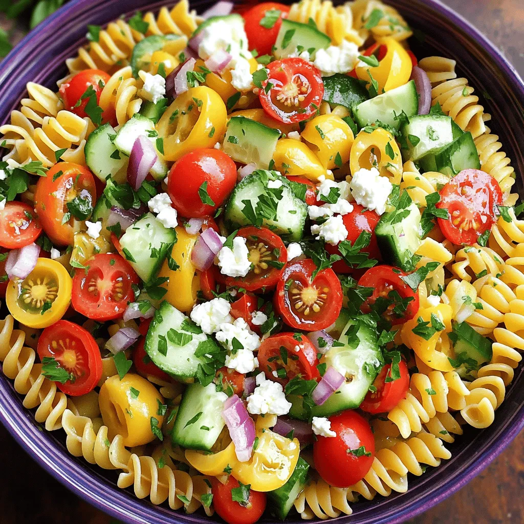 To make a bright and tasty Greek pasta salad, gather these ingredients: - 2 cups rotini or penne pasta - 1 cup cherry tomatoes, halved - 1 cucumber, diced - 1 bell pepper (red or yellow), diced - 1/2 red onion, finely chopped - 1 cup Kalamata olives, pitted and sliced - 1 cup feta cheese, crumbled - 1/4 cup fresh parsley, chopped - 1/4 cup olive oil - 2 tablespoons red wine vinegar (or lemon juice for a non-vinegar twist) - 1 teaspoon dried oregano - Salt and pepper, to taste This mix of fresh vegetables and bold flavors brings life to your dish. The pasta serves as a hearty base. Each ingredient adds a unique taste and texture. Cherry tomatoes offer sweetness, while cucumbers provide crunch. Kalamata olives and feta cheese give that classic Greek flair. For dressing, the olive oil and red wine vinegar blend well. Dried oregano brings an aromatic touch. Feel free to adjust the ingredients to suit your taste. You can find the full recipe for Mediterranean Fiesta Pasta Salad online, where you can explore more ideas. First, boil a large pot of salted water. Add 2 cups of rotini or penne pasta. Cook it until al dente, following the package directions. This usually takes about 8 to 10 minutes. Once done, drain the pasta. Rinse it under cold water. This step cools the pasta and stops the cooking process. It also helps prevent it from getting sticky. While the pasta cooks, chop your fresh vegetables. You will need cherry tomatoes, cucumber, bell pepper, red onion, and Kalamata olives. Aim for uniform cuts. This makes the salad look great and ensures even flavor in every bite. A sharp knife helps with clean cuts, so take your time. In a large bowl, mix the cooled pasta with the chopped vegetables. Gently add crumbled feta cheese and chopped parsley. These ingredients add flavor and texture. Toss everything together carefully. You want to combine them without breaking the pasta. In a small bowl, whisk together olive oil, red wine vinegar, dried oregano, salt, and pepper. Mix until everything is well combined. This dressing brings the whole salad together. Pour it over the pasta and vegetable mix. Toss gently to coat all the ingredients evenly. Cover the salad and place it in the fridge for at least 30 minutes. Chilling allows the flavors to meld beautifully. You can serve it chilled or at room temperature. Both options taste great, but chilling enhances the flavors more. Enjoy your fresh and tasty Greek Pasta Salad! For more details, check the Full Recipe. To make the best Greek pasta salad, you need to adjust seasoning levels. Start with salt and pepper. Taste as you go. This helps you find the right balance. Fresh ingredients make a big difference. Choose ripe tomatoes, crisp cucumbers, and bright bell peppers. They add great flavor and color. One big mistake is overcooking the pasta. Cook it just until al dente. This keeps it firm and tasty. Another mistake is using the wrong vegetable combinations. Some veggies don’t mix well. Stick to fresh options like cucumbers and peppers for the best results. Adding herbs or spices can boost flavor. Fresh parsley and oregano work well. You can also try different cheeses or olives. Feta cheese is classic, but try goat cheese for a twist. Kalamata olives add a nice salty kick. Explore these options to make your salad unique. Check out the Full Recipe for more tips on making Greek pasta salad. {{image_2}} You can add sun-dried tomatoes or artichokes to give your Greek pasta salad more flavor. These ingredients bring a rich taste that pairs well with the other veggies. If you want to add protein, grilled chicken or shrimp works great. Both options add a hearty touch and make the salad more filling. Using seasonal vegetables can change the taste of your salad. Try adding fresh zucchini in summer or roasted butternut squash in fall. You can also switch up the dressing. A lemon vinaigrette adds a bright flavor that complements the salad in warm months. For a vegan version, look for substitutes for cheese. Nutritional yeast gives a cheesy flavor. Tofu or chickpeas can also add protein. If you need gluten-free pasta, there are many good options. Rice or quinoa pasta works well and keeps the dish tasty. Feel free to explore these variations to make your Greek pasta salad unique. For the full recipe, check the Mediterranean Fiesta Pasta Salad details. To keep your Greek pasta salad fresh, refrigerate it right away. Place it in an airtight container to keep out air and moisture. This helps maintain flavor and texture. Use a glass or plastic container with a tight lid for best results. Greek pasta salad stays fresh in the fridge for about 3 to 5 days. Always check for signs of spoilage. If you see any mold or a sour smell, it’s time to toss it. Fresh ingredients can go bad quickly, so always trust your nose and eyes. For the best taste, store ingredients separately until you are ready to serve. This prevents sogginess and keeps flavors bright. When prepping, chop and store veggies in the fridge in separate containers. Keep your dressing in a small jar. Combine everything just before serving for maximum freshness. To make Greek Pasta Salad ahead, start by cooking the pasta. Cool it completely before mixing. Chop your veggies and put them in a bowl. Store the pasta and veggies separately. This keeps them fresh. When you are ready to serve, mix them together. Add the dressing right before serving to keep flavors bright. You can store it in the fridge for up to three days. Yes, you can add protein! For meat options, try grilled chicken or shrimp. For a plant-based twist, chickpeas or tofu work well. These additions make the salad more filling. They also add extra flavor and texture. Cook and season your protein before adding it to the salad. This way, each bite will be tasty. Serve Greek Pasta Salad chilled or at room temperature. Use a large bowl to showcase the vibrant colors. Add a sprinkle of fresh parsley on top for a nice touch. You can also serve it on a bed of greens for a pretty presentation. Pair it with crusty bread or grilled meats for a complete meal. Greek Pasta Salad is healthy! It has fresh veggies like tomatoes and cucumbers, which are low in calories. Feta cheese adds protein and calcium. Olive oil offers heart-healthy fats. The olives provide additional healthy fats and antioxidants. This salad is a great choice for a balanced meal. Plus, it is full of flavors without added sugars. You can easily customize the dressing! If you want a lighter option, use lemon juice instead of vinegar. Add fresh herbs like dill or basil for extra flavor. If you like spice, try adding a pinch of red pepper flakes. Experiment with different oils, like avocado oil, for a unique taste. This way, you can make it just how you like it. For the complete Mediterranean Fiesta Pasta Salad details, check the Full Recipe. Greek pasta salad is a fresh, vibrant dish packed with flavor. We explored essential ingredients like rotini, fresh veggies, and feta. I provided step-by-step guidance on how to cook pasta, prepare your veggies, and create a tasty dressing. We also shared tips to perfect your salad and avoid common mistakes. Incorporate variations for a unique twist and store leftovers safely. With these easy steps and tips, you can create your own delicious Greek pasta salad, perfect for any gathering. Enjoy making this dish, and remember to have fun along the way!