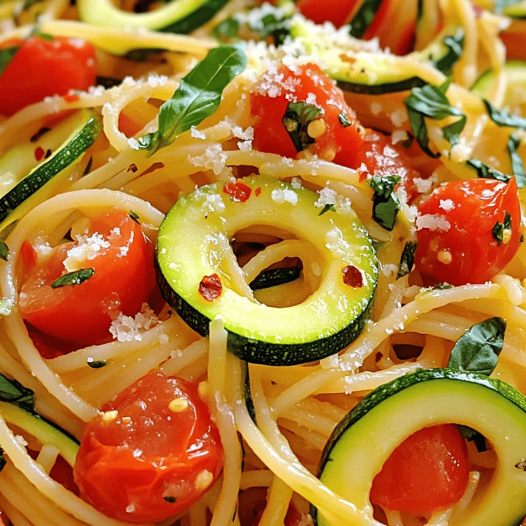 To make this tasty dish, gather the following items: - 8 oz whole wheat pasta (spaghetti or fettuccine) - 2 medium zucchinis, spiralized or cut into thin strips - 3 ripe tomatoes, diced - 2 cloves garlic, minced - 1/4 cup fresh basil, chopped - 2 tablespoons olive oil - 1 teaspoon red pepper flakes (adjust to taste) - Salt and pepper to taste - Grated Parmesan cheese (optional, for serving) These ingredients work together to create a fresh and vibrant meal. The whole wheat pasta adds fiber, while zucchini and tomatoes bring color and nutrients. You can make this dish even better with a few extras. Here are some ideas: - Fresh mozzarella, torn into pieces - A squeeze of lemon juice for brightness - Extra herbs like parsley or oregano - Toasted pine nuts for crunch These toppings can enhance the flavors and make your plate look beautiful. If you have special dietary needs, you can easily swap some ingredients. Here are some suggestions: - Use gluten-free pasta if you need it. - Swap zucchini for other veggies like bell peppers or spinach. - For a vegan option, skip the cheese or use a dairy-free alternative. These substitutions help everyone enjoy this dish, no matter their diet. You can find the full recipe in the article above. Start by bringing a large pot of salted water to a boil. Once the water is boiling, add 8 oz of whole wheat pasta. Cook the pasta for about 8-10 minutes, or until it is firm yet tender, known as al dente. This is key for great texture. After cooking, drain the pasta and remember to save 1/2 cup of the pasta water for later. Next, grab a large skillet and heat 2 tablespoons of olive oil over medium heat. Add 2 minced garlic cloves and 1 teaspoon of red pepper flakes. Sauté for about 1 minute. This will make your kitchen smell amazing! Be careful not to burn the garlic. You want it fragrant, not bitter. Now, add 3 diced ripe tomatoes to the skillet. Cook them for about 3-4 minutes until they soften. Then, stir in 2 medium zucchinis, spiralized or cut into thin strips. Cook for another 3-5 minutes until the zucchini is tender but still has a bit of crunch. Finally, add the cooked pasta to the skillet. If the sauce seems too thick, stir in some of the reserved pasta water until you reach your desired consistency. Toss everything together with 1/4 cup of chopped fresh basil. Season with salt and pepper to taste. Serve warm and, if you like, top with grated Parmesan cheese. For the full recipe, check out the details above. To cook zucchini just right, slice it thin. This helps it cook evenly. You can spiralize it or cut it into strips. Heat your skillet before adding the zucchini. This will keep it from getting mushy. Cook it for about 3 to 5 minutes. You want it tender yet still crisp. This gives your dish great texture. For the best pasta, aim for al dente. This means it should be firm to the bite. Follow the package instructions closely. When you drain the pasta, save some of the water. This starchy water helps the sauce stick. If your sauce is too thick, add a little pasta water. Stir until you find the perfect texture. Garlic adds a nice kick to your dish. Start by mincing the garlic finely. Heat olive oil in your skillet first. Add the garlic and red pepper flakes. Sauté for only 1 minute. Be careful not to let the garlic burn. This step makes the garlic flavor bright and fresh. If you like more heat, adjust the red pepper flakes to your taste. {{image_2}} You can easily add protein to your Tomato Zucchini Pasta. For chicken, use boneless pieces. Cook the chicken in the skillet before adding garlic. For shrimp, cook them until pink, then follow the recipe. Tofu is a great choice for a vegan option. Press it, cube it, and sauté it until golden. This way, you get extra flavor and nutrition. This recipe is very easy to make vegetarian or vegan. Just skip the cheese or use a plant-based alternative. To add creaminess, you can mix in some cashew cream or nutritional yeast. These options give you a rich flavor without dairy. You can also toss in more vegetables like bell peppers or spinach for extra color and taste. You can use many pasta types for this dish. Spaghetti and fettuccine are great, but feel free to explore. Try penne or even whole grain options. If you need gluten-free pasta, look for rice or chickpea pasta. These options work well and taste great. Follow the cooking directions on the package for the best results. For the full recipe, check the previous section. To store leftover tomato zucchini pasta, let it cool first. Use an airtight container to keep it fresh. This helps to prevent any bad smells. You can keep it in the fridge for up to three days. If you want to save it longer, consider freezing. When reheating, use a skillet for the best flavor. Add a splash of water or olive oil to keep it moist. Heat on low, stirring gently. This helps to keep the pasta from getting too dry. You can also use the microwave. Just cover it with a damp paper towel to trap steam. To freeze, portion the pasta into small containers. Make sure to leave some space at the top. This allows for expansion when freezing. You can freeze it for up to three months. When ready to eat, thaw it overnight in the fridge. Reheat it on the stove or in the microwave. Enjoy your tomato zucchini pasta even later! For the full recipe, check out the earlier section. Yes, you can make Tomato Zucchini Pasta ahead of time. Cook the pasta and sauce separately. Keep them in separate containers. This way, they won’t get mushy. When you are ready to eat, just heat them together in a skillet. You can add a splash of pasta water to help mix them well. Tomato Zucchini Pasta pairs well with many dishes. Here are some good options: - Grilled chicken or shrimp for protein - A fresh garden salad for crunch - Garlic bread for a tasty side - Roasted vegetables for more flavor These sides can make your meal more filling and fun. Tomato Zucchini Pasta can last about 3 to 5 days in the fridge. Store it in an airtight container to keep it fresh. If you notice any changes in smell or color, it’s best to toss it out. Always reheat it well before eating. Enjoy the flavors again! For the full recipe, check the [Full Recipe]. This blog post covered key ingredients for making tomato zucchini pasta, including tasty garnishes and dietary substitutions. I guided you through step-by-step cooking instructions, tips for perfecting zucchini, and how to achieve the best pasta texture. You learned about protein options, vegetarian variations, and storage methods for leftovers. Remember, this dish is flexible and can fit many diets. So, get cooking and enjoy your delicious, fresh pasta! Your next meal is just a recipe away.