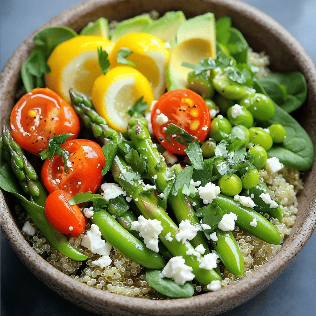 These bowls pack a punch with fresh, bright flavors. Here’s what you need: - 1 cup quinoa, rinsed - 2 cups vegetable broth or water - 1 cup cherry tomatoes, halved - 1 cup asparagus, trimmed and cut into 1-inch pieces - 1 cup snap peas, trimmed - 1 cup baby spinach leaves - 1 avocado, sliced - 1/4 cup feta cheese, crumbled (optional) - 1/4 cup chickpeas, rinsed and drained - 2 tablespoons olive oil - 1 tablespoon lemon juice - Salt and pepper to taste - Fresh herbs (such as basil or parsley) for garnish This mix of ingredients gives you a colorful bowl. Each one brings its own taste and health boost. You can add a few extras to make your bowls even better. Here are some ideas: - Roasted red peppers for a smoky flavor - Grilled chicken for added protein - Nuts like almonds or walnuts for crunch - Seeds such as pumpkin or sunflower for extra nutrition - A dollop of hummus for creaminess Feel free to get creative! Adding these options can make each bowl unique. Each ingredient in these bowls offers great health perks: - Quinoa: A complete protein, rich in fiber and other nutrients. - Vegetable broth: Boosts flavor without extra calories. - Asparagus: Full of vitamins A, C, and K, great for bone health. - Snap peas: High in vitamins and antioxidants. - Spinach: Packed with iron and essential vitamins. - Avocado: Healthy fats that keep your heart happy. - Chickpeas: Source of protein and fiber that aids digestion. These ingredients not only taste good but also help keep you healthy. For the full recipe, check out my detailed steps to create these vibrant Spring Veggie Power Bowls! Start by cooking the quinoa. In a medium saucepan, combine 1 cup of rinsed quinoa with 2 cups of vegetable broth or water. Bring it to a boil, then reduce the heat to low. Cover the pot and let it simmer for about 15 minutes. The quinoa should be fluffy and all the liquid must be absorbed. After cooking, remove it from heat and let it sit covered for 5 minutes. This step makes the quinoa light and airy. While the quinoa cooks, prepare the vegetables. Heat 1 tablespoon of olive oil in a large skillet over medium heat. Add 1 cup of trimmed asparagus, cut into 1-inch pieces. Sauté for about 3-4 minutes until the asparagus is tender but still crisp. Next, add 1 cup of snap peas to the skillet. Sauté for another 2-3 minutes until they turn bright green. Season with salt and pepper for flavor. Once done, remove the skillet from the heat. In a mixing bowl, combine the cooked quinoa, sautéed vegetables, 1 cup of halved cherry tomatoes, 1 cup of baby spinach leaves, and 1/4 cup of rinsed chickpeas. Drizzle 1 tablespoon of lemon juice and the remaining olive oil over the mixture. Gently toss everything together to mix. To assemble the power bowls, divide the quinoa and veggie mixture among serving bowls. Top each bowl with sliced avocado, 1/4 cup of crumbled feta cheese (if you like), and fresh herbs like basil or parsley. Serve immediately and enjoy this nutrient-packed delight. For the full recipe, check the details above! To cook quinoa right, start by rinsing it well. This removes the bitter coating. Use one cup of quinoa and two cups of vegetable broth or water. Bring it to a boil, then lower the heat. Cover and let it simmer for about 15 minutes. When done, let it sit for 5 more minutes with the lid on. This makes it fluffy and perfect for your power bowl. When you sauté vegetables, keep the heat medium-high. This helps them stay crisp. Add oil to a hot skillet, then toss in your asparagus first. Cook for just 3 to 4 minutes. Next, add snap peas. They only need 2 to 3 minutes. Season with salt and pepper at the end. This method keeps their bright color and crunch. You can make your power bowl unique by adding your favorite flavors. Try different veggies based on what you like. Roasted bell peppers or zucchini work well. You can also add nuts for crunch or seeds for extra nutrition. For a zesty touch, drizzle lemon juice or a tasty dressing over the top. Enjoy the mix of flavors in each bite! For the full recipe, check the section above. {{image_2}} You can easily make this bowl fit your diet. If you want a vegetarian option, add feta cheese. If you prefer vegan, simply skip the cheese. The rest of the ingredients are vegan-friendly. You can still enjoy all the flavors and textures. A colorful bowl loaded with veggies tastes great, no matter the choice. For protein, I love using chickpeas. They add a nice texture and flavor. If you want meat, grilled chicken is a great choice. Slice it thin and add it on top. Tofu is another option. It soaks up flavors well when marinated. Choose what suits your taste or diet best. Dressing can change the whole bowl. A simple dressing of olive oil and lemon juice works well. You can also try tahini for a creamy touch. Mix in some garlic or herbs for extra flavor. Another idea is a balsamic glaze for a sweet touch. Try different dressings to find your favorite. These small changes can make each bowl unique. For all the details on how to make these delicious bowls, check the Full Recipe. After enjoying your Spring Veggie Power Bowls, store any leftovers in the fridge. Place them in a sealed container. They can last up to three days. This way, you can enjoy your meal again. The flavors will meld together, making it even tastier. If you want to store your bowls for longer, freezing is a great option. First, let the bowls cool completely. Then, use freezer-safe bags or containers to store them. Be sure to remove as much air as possible. This helps prevent freezer burn. You can freeze the bowls for up to a month. When ready to eat, thaw in the fridge overnight and reheat gently. Using the right containers makes storage easy. For refrigerating, glass or plastic containers with tight lids work best. They keep the food fresh and make it easy to see what's inside. For freezing, use heavy-duty freezer bags or rigid containers. They protect your food from air and moisture. Always label your containers with the date. This helps keep track of how long they've been stored. For more delicious ideas, check out the Full Recipe for Spring Veggie Power Bowls. To make Spring Veggie Power Bowls gluten-free, use gluten-free grains. Quinoa is a great choice. Make sure to check any packaged items for gluten-free labels. Most vegetables are naturally gluten-free. So, you can enjoy asparagus, snap peas, and spinach without worry. You can add many seasonal vegetables to your power bowls. Try bell peppers, zucchini, or radishes for extra color and flavor. Carrots and beets also make great additions. Choose what looks fresh at your local market. This makes your bowls more fun and tasty. Yes, you can use cooked quinoa! If you have leftovers, just warm them before mixing. This saves time and adds flavor. Be sure to adjust the amount of broth or water you use if needed. The goal is to keep the bowl fresh and delicious. You can check the Full Recipe for more details. Spring veggie power bowls are easy to make and full of flavor. We explored essential ingredients and optional toppings that boost nutrition. You learned how to cook quinoa and prepare fresh veggies for a perfect bowl. We shared tips to keep your veggies crisp and ideas to customize flavors. In conclusion, enjoy the freedom to make your power bowls unique. Experiment with different veggies and dressings to find your perfect mix. Your healthy meals can be fun and flavorful!