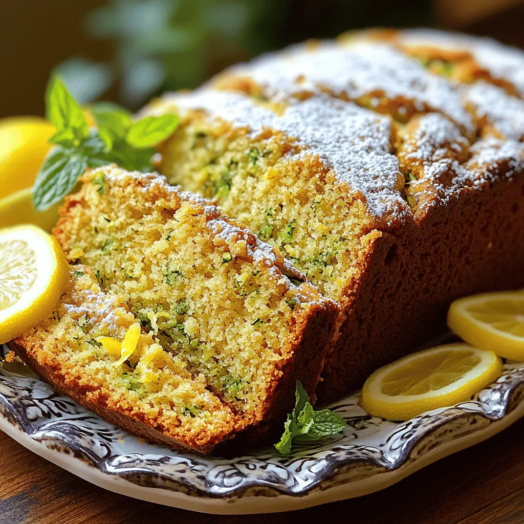To make your easy zucchini bread, you need: - 2 medium zucchinis, grated - 1 cup granulated sugar - ½ cup brown sugar, packed - 1/2 cup vegetable oil - 3 large eggs These ingredients form the base of your bread. The zucchinis give moisture and texture. The sugars add sweetness and flavor. The oil keeps the bread soft, while the eggs bind everything together. You can enhance your zucchini bread with: - 1/2 cup chopped walnuts or pecans - 1 tablespoon lemon zest Adding nuts gives a nice crunch. Lemon zest adds a fresh twist to the flavor. Feel free to mix and match based on your taste! For the dry mix, gather: - 2 cups all-purpose flour - 1 teaspoon baking soda - 1 teaspoon baking powder - 1/2 teaspoon salt - 1 tablespoon ground cinnamon These dry ingredients provide the structure and lift. The cinnamon adds warmth and spice. Combine them well to avoid lumps in your batter. For the full recipe, check out my detailed instructions. Enjoy baking your delicious zucchini bread! - Preheat the oven to 350°F (175°C). - Grease or line a 9x5 inch loaf pan. Start by making sure your oven is ready. Preheating it is key to getting that perfect rise in your zucchini bread. While the oven warms up, take a loaf pan and either grease it with oil or line it with parchment paper. This step helps the bread come out easily once it's baked. - Whisk together sugars and oil. - Add eggs and vanilla extract. In a large bowl, combine the granulated sugar, brown sugar, and oil. Whisk them together until they blend well. Next, crack in the eggs, adding them one by one. Mix well after each egg. Finally, stir in the vanilla extract for that sweet touch. - Fold in grated zucchini and lemon zest. - Mix dry ingredients separately, then combine. Now, it's time to add the star of our show: the zucchini! Gently fold in the grated zucchini and lemon zest into your wet mixture. In a separate bowl, mix the dry ingredients: flour, baking soda, baking powder, salt, and cinnamon. Once mixed, gently add the dry ingredients to your wet mixture. Be careful not to overmix, as this can make your bread dense. - Pour batter into the loaf pan. - Bake for 50-60 minutes until done. Pour the batter into the prepared loaf pan, smoothing the top with a spatula. Pop it into your preheated oven. Bake for 50-60 minutes. To check if it's done, insert a toothpick into the center. If it comes out clean, your bread is ready! Once baked, let it cool in the pan for about 10 minutes before transferring it to a wire rack. For the full recipe, check out the details above! Enjoy the delightful smell of fresh zucchini bread filling your kitchen. Baking zucchini bread is easy, but small mistakes can happen. Here are some tips to help you: - Ensure not to overmix the batter: This keeps the bread light and fluffy. Mix just until you see no dry flour. - Test doneness with a toothpick: Insert it in the center. If it comes out clean, your bread is ready! Zucchini adds moisture and flavor. To prepare it right: - Grate zucchini well: Use a box grater or food processor to shred it finely. - Remove excess moisture: After grating, place it in a clean towel and squeeze out the water. This helps avoid a soggy loaf. How you serve zucchini bread can make it even more special: - Presentation tips: Slice the bread and place it on a nice platter. - Garnishes: Dust the top with powdered sugar. Add lemon slices or mint sprigs for color. These small touches make a big difference! For the full recipe, check out the [Full Recipe]. {{image_2}} You can make zucchini bread even more fun with flavor twists. One easy way is to add chocolate chips or dried fruit. Chocolate chips bring sweetness, while dried fruit adds chewy texture. You can try raisins, cranberries, or even dried cherries. Another option is to play with spices. Nutmeg works well and adds warmth. It blends nicely with cinnamon, giving your bread a cozy taste. If you want a gluten-free version, it’s simple to swap out all-purpose flour. Use a good gluten-free flour blend instead. Make sure it has xanthan gum in it. This helps the bread hold together nicely. Your zucchini bread will still be moist and delicious without the gluten. For those who want to cut back on sugar, consider using alternative sweeteners. Honey or maple syrup can replace granulated sugar. Both add a lovely flavor. If you prefer something with no calories, stevia is a great choice. Just remember, it’s much sweeter than sugar, so use less. For more details, check out the Full Recipe. To keep your zucchini bread fresh, store it at room temperature. Place it in an airtight container or wrap it tightly in plastic wrap. This helps keep it moist. If you live in a humid area, avoid letting it sit out for too long. For longer storage, refrigerate your bread. Wrap it in plastic wrap or aluminum foil. This will help it last longer. When you want to eat it, let it warm up back to room temperature for the best taste. You can also freeze zucchini bread. Slice it first for easy serving. Wrap each slice in plastic wrap and place them in a freezer bag. This way, you can enjoy a slice anytime you want! When stored at room temperature, zucchini bread lasts about 2-3 days. If you keep it in the fridge, it can stay fresh for up to a week. When you freeze it, it can last for about 2-3 months. Just remember to label your bags with the date. This helps you keep track of how long it has been in the freezer. By following these tips, you can enjoy your zesty lemon zucchini bread at its best! For the full recipe, check out the previous section. Yes, you can use yellow squash instead of zucchini. Both have a similar texture and moisture. The taste may differ slightly, but the bread will still be tasty. Just prepare the yellow squash the same way as zucchini. Grate it and remove any excess moisture before adding it to the mix. If you need an egg substitute, try using applesauce. Use 1/4 cup of applesauce for each egg. You can also use mashed banana, yogurt, or ground flaxseed mixed with water. For flaxseed, mix 1 tablespoon of ground flaxseed with 2.5 tablespoons of water. Let it sit for a few minutes before using. Absolutely! You can add more spices to enhance the taste. Consider using nutmeg, ginger, or allspice. Start with 1/2 teaspoon of any spice and adjust to your liking. These spices mix well with the cinnamon and add depth to the bread's flavor. No, it is not necessary to peel zucchini. The skin adds color and nutrients to the bread. Just wash the zucchini well before grating. If you prefer a smoother texture, you can peel it, but keep in mind you might lose some of the healthy benefits. This zucchini bread recipe is simple and flavorful. You need key ingredients like zucchinis, sugars, and spices. Mixing and baking are easy steps to follow. Remember to store it well for lasting freshness. You can try fun variations, like chocolate chips or gluten-free options. Feel free to adjust flavors to match your taste. With these tips, you will enjoy baking and sharing your delicious zucchini bread. Happy baking!