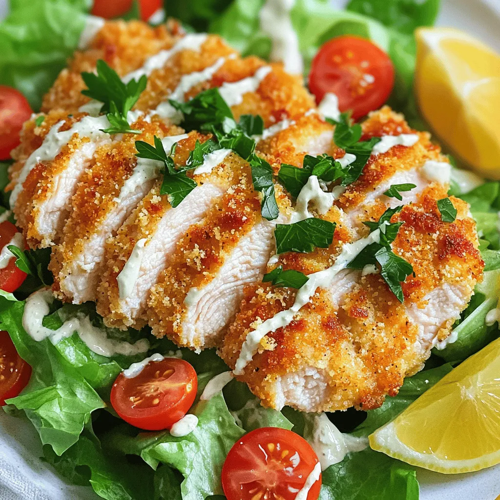 - 2 boneless, skinless chicken breasts - 1 cup breadcrumbs (panko for extra crunch) - 1/2 cup grated Parmesan cheese - 2 cups romaine lettuce, chopped - 1/2 cup cherry tomatoes, halved - 1/4 cup Caesar dressing (store-bought or homemade) - Fresh parsley, chopped for garnish - Lemon wedges for serving - Seasoning (salt, pepper, garlic powder, onion powder) When I make Chicken Caesar Salad with Crispy Chicken, I love using fresh, quality ingredients. The chicken breasts are key. I choose boneless and skinless, as they cook evenly and stay juicy. For the best crunch, I use panko breadcrumbs. They give a light, airy texture that makes every bite exciting. Next, I chop the romaine lettuce. It adds a nice crunch and freshness to the dish. Halved cherry tomatoes provide a sweet burst of flavor. The Caesar dressing brings it all together. You can buy it or make your own at home, which is always fun! Don’t forget to season everything! A mix of salt, pepper, garlic powder, and onion powder makes the chicken even tastier. I add fresh parsley for color and lemon wedges for a zesty twist. These ingredients create a flavorful, balanced meal that looks great on the plate. For the full recipe, check the details I’ve provided earlier. You’ll find everything you need to create this delightful dish! 1. Preheat your oven to 400°F (200°C). This helps the chicken cook perfectly. 2. Line a baking sheet with parchment paper. It keeps the chicken from sticking. 3. In a shallow bowl, mix 1 cup of breadcrumbs with 1/2 cup of grated Parmesan cheese. Add 1 teaspoon of garlic powder and 1 teaspoon of onion powder. Sprinkle in salt and pepper to taste. 1. Pat the chicken breasts dry using a paper towel. Dry chicken helps the coating stick. 2. Dip each chicken breast into the breadcrumb mixture. Press down gently to make sure it sticks. 3. Place the coated chicken on the prepared baking sheet. Bake it in the oven for 25-30 minutes. The chicken should be crispy and reach an internal temperature of 165°F (74°C). 1. While the chicken bakes, prepare your salad. In a large bowl, toss 2 cups of chopped romaine lettuce with 1/2 cup of halved cherry tomatoes. 2. Add 1/4 cup of Caesar dressing to the salad. Mix until everything is well coated. 3. Once the chicken is done, take it out and let it rest for 5 minutes. Slice the chicken into strips. 4. Top the salad with the crispy chicken strips. If you like, sprinkle on more Parmesan cheese. Garnish with chopped parsley, and serve with lemon wedges for a zesty kick. For the full recipe, check out the details in the previous section. Enjoy your Chicken Caesar Salad with Crispy Chicken Delight! To get that perfect crispy chicken, start with panko breadcrumbs. They give the best crunch. Mix them with grated Parmesan cheese, garlic powder, onion powder, salt, and pepper. This mix adds flavor and texture. Before coating, pat the chicken dry. This helps the breadcrumbs stick better. Dip the chicken into the mix, pressing down gently. Make sure every part is covered. Bake it at 400°F (200°C) for 25-30 minutes. You want it golden and cooked through. The chicken should reach an internal temperature of 165°F (74°C). To keep the chicken juicy, let it rest for five minutes after baking. This step keeps the juices inside. For a homemade Caesar dressing, blend mayonnaise, anchovies, lemon juice, garlic, and Parmesan. This mix gives a fresh taste. If you prefer store-bought, choose a brand with simple ingredients for the best flavor. When it comes to lettuce, romaine is the best choice. Its crisp leaves hold the dressing well. You can also mix in some baby kale for extra nutrients and texture. Serving matters! Use a large salad bowl or individual plates. Place the crispy chicken strips on top of the salad for a beautiful look. For garnishing, sprinkle extra Parmesan and chopped parsley on top. This adds color and flavor. Don’t forget lemon wedges on the side! They brighten up the dish and add zesty flavor. For the full recipe, check out the details above! {{image_2}} You can change up proteins in this salad. Shrimp or tofu makes great substitutes. Both add unique flavors and textures. If you're feeling adventurous, try grilled salmon for a smoky taste. Add toppings for extra crunch and flavor. Croutons are classic, but avocado offers creaminess. Nuts like walnuts or pecans also elevate your salad. They add a nice crunch and flavor boost. For gluten-free options, use gluten-free breadcrumbs. They work just as well as regular ones. You can also try crushed cornflakes for a fun twist. If you're watching calories, look for low-calorie dressings. Many brands offer lighter Caesar options. You can also make your own with yogurt instead of mayo. It’s creamy and tangy, just like the classic. You can spice things up with different herbs and spices. Try adding oregano or basil for a fresh twist. A pinch of paprika adds a nice kick. Explore international flavors by adding different dressings. A Thai peanut sauce makes it exciting. For a Mexican flair, try adding chipotle dressing. Each option brings a new taste to your Chicken Caesar Salad. For the full recipe, check out the [Full Recipe]. To store leftover chicken and salad, place them in separate containers. This keeps the salad fresh and the chicken crispy. Use airtight containers made of glass or plastic. These containers help prevent moisture and keep flavors intact. The salad will stay good for about two days. The chicken, if stored properly, can last up to three days. To reheat crispy chicken, use an oven or air fryer. Both methods help to keep the chicken crunchy. Avoid using a microwave, as it can make the chicken soggy. Heat the chicken at 350°F (175°C) for about 10 minutes. For the salad, keep it fresh by adding dressing just before serving. This stops the greens from browning and wilting. You can freeze the chicken but not the salad. The salad loses its texture when frozen. For best results, wrap the chicken tightly in plastic wrap and foil. This prevents freezer burn. Label it with the date. When you’re ready to eat, thaw the chicken in the fridge overnight before reheating. Enjoy this Chicken Caesar Salad with Crispy Chicken Delight anytime! For the full recipe, check out the earlier sections. To make chicken crispy, use these techniques: - Use panko breadcrumbs. They create a lighter, crunchier coating. - Pat the chicken dry. This helps the coating stick better. - Press the coating on. Ensure it adheres well for crunch. - Bake at high heat. Cooking at 400°F (200°C) crisps up the chicken. - Let it rest. Allowing the chicken to rest keeps it juicy. These steps ensure you get that perfect crunch in every bite. Yes, you can make this salad in advance. Here are some tips for meal prep: - Prep the chicken. Cook and cool the chicken before storing. - Store salad separately. Keep the dressing and salad mix apart until serving. - Chill everything. Refrigerate both the chicken and salad components. - Assemble before serving. Toss everything together just before enjoying. This keeps the salad fresh and crunchy. You can personalize your Chicken Caesar Salad in many ways: - Add more veggies. Consider bell peppers or cucumbers for extra crunch. - Try different proteins. Use shrimp or tofu for a twist. - Change the cheese. Swap Parmesan for feta or goat cheese. - Top with nuts. Walnuts or almonds add a nice crunch. - Use flavored dressings. Try ranch or balsamic for a different taste. These ideas let you make the salad your own. Caesar dressing is traditional, but it's not necessary. Here are some alternatives: - Ranch dressing. Creamy and tangy, it pairs well with the chicken. - Vinaigrettes. A light lemon or balsamic vinaigrette adds brightness. - Yogurt-based dressings. They can be healthier and still tasty. - Homemade dressings. Mix Greek yogurt with garlic and lemon for a fresh take. These alternatives can change the taste while keeping the salad enjoyable. Absolutely! This Chicken Caesar Salad can shine as a main dish. Consider these sides to complete your meal: - Garlic bread. A warm, buttery side pairs perfectly. - Soup. A light soup can complement the salad well. - Roasted veggies. Add some colorful roasted vegetables for balance. - Quinoa or rice. Serving it with grains can make it heartier. These options make your meal filling and delightful. For the full recipe, check out the detailed steps above! You've learned how to create a tasty Chicken Caesar Salad. We covered key ingredients, from chicken to salad toppings. You know how to make crispy chicken and toss a fresh salad. Tips and tricks were given for the perfect crunch and pretty presentation. Feel free to customize this dish to match your taste. Remember, meal prep can save time, and leftovers store well. Enjoy making this delightful meal that both tastes great and looks appealing!