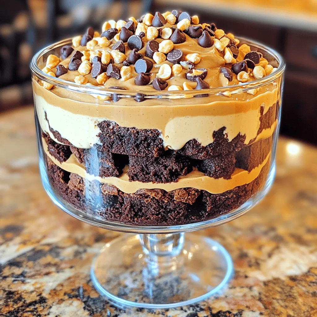 To make the Peanut Butter Fudge Brownie Trifle, you’ll need a few key ingredients. Each one adds a special touch to this dessert. Here’s the list: - 1 box fudge brownie mix (plus ingredients required for preparation) - 1 cup creamy peanut butter - 1 cup powdered sugar - 1 cup whipped cream (or Cool Whip) - 1 cup chocolate pudding (prepared) - 1 cup crushed chocolate cookies (like Oreos) - 1/2 cup mini chocolate chips - Optional: Chopped peanuts for garnish These ingredients work together to create a rich and tasty treat. The fudge brownie mix forms a soft base, while the creamy peanut butter and whipped cream create a smooth layer. The chocolate pudding adds a rich flavor, and the crushed cookies give a fun crunch. You can also sprinkle some mini chocolate chips and chopped peanuts on top for extra flair. Using the Full Recipe, you can easily assemble a dessert that looks as good as it tastes. To start, you need to bake the brownies. Follow the box's directions carefully. Once they are baked, let them cool fully. This step is key because warm brownies can get mushy. When the brownies are cool, cut them into small squares or crumbles. You can choose the size based on how you want each layer to look. Next, we make the peanut butter layer. In a mixing bowl, combine the creamy peanut butter with powdered sugar. Mix well until it is smooth and creamy. Then, gently fold in the whipped cream. This folding creates a light texture. It will balance the dense brownies well. Now it’s time for the fun part: assembling the trifle! In a large trifle dish, start with a layer of brownie pieces at the bottom. Spread them evenly. Next, spoon a layer of the peanut butter mixture over the brownies. Smooth it out so it covers the brownies well. Now, add a layer of chocolate pudding on top of the peanut butter. After that, sprinkle a layer of crushed chocolate cookies over the pudding. The crunch adds a nice texture. Repeat these layers until the dish is filled. Make sure the last layer is the peanut butter mixture. To finish, sprinkle mini chocolate chips and chopped peanuts on top. This adds a great look and taste. Chill the trifle in the fridge for at least two hours. This time helps all the flavors blend, making it even more delicious. For the full recipe, refer to the recipe section above. Use clear glass dishes to show off the beautiful layers of your trifle. This makes it look more appealing. For a final touch, add a dollop of whipped cream on top. Sprinkle some mini chocolate chips for extra fun. This small detail makes a big difference! You can make this trifle ahead of time. Refrigerate it for at least two hours. This helps the flavors blend together. If you have leftovers, store them in an airtight container. Keep it in the fridge for up to three days. Serve this trifle as a sweet treat after dinner. It pairs well with vanilla ice cream or fresh fruit. For portion sizes, aim for small cups. This way, everyone can enjoy a taste without feeling too full. You can find the full recipe to guide you through this delicious dessert! {{image_2}} You can change up the flavors for your Peanut Butter Fudge Brownie Trifle. One option is to swap the creamy peanut butter for almond or cashew butter. Each nut butter brings its unique taste and texture. You can also experiment with pudding flavors. Try vanilla or caramel pudding instead of chocolate. These small changes can create a whole new dessert experience. If you want a lighter version, you can use low-sugar or gluten-free brownie mixes. This keeps the sweetness while cutting down on sugar. Also, think about adding healthier toppings. Fresh fruit, like berries, can add a nice touch. They taste great and give a fresh burst to the dessert. For those with dietary needs, you can make this trifle egg-free or dairy-free. Use a vegan brownie mix and dairy-free whipped cream. You can find substitutes that work well and still taste good. This way, everyone can enjoy a delicious Peanut Butter Fudge Brownie Trifle. To keep your Peanut Butter Fudge Brownie Trifle fresh, store it in an airtight container. This will help prevent any unwanted odors from seeping in. If you don’t have a container, cover the trifle with plastic wrap. The trifle can be stored in the fridge for up to three days. After that, the layers may start to lose their texture. You can freeze parts of the trifle if you have leftovers. First, separate the layers. Wrap each layer tightly in plastic wrap. Then, place them in a freezer-safe bag. The brownie layer, peanut butter layer, and pudding can all be frozen. When you’re ready to serve, thaw the layers in the fridge overnight. Assemble the trifle again before serving. Always check your trifle before eating. Look for changes in color or texture. If you see any mold or an off smell, it’s best to throw it away. Keep in mind that if the trifle has been in the fridge for more than three days, it’s safer not to consume it. Yes, you can use store-bought brownies. They save time and effort. However, homemade brownies offer better flavor. The texture is often richer and more satisfying. If you choose store-bought, pick high-quality brownies. This choice helps ensure your trifle still tastes amazing. You should chill the trifle for at least 2 hours. This allows the flavors to mix well. The longer you chill, the better it tastes. Some people even chill it overnight. This extra time helps the layers set nicely and makes each bite a delight. Yes, you can prepare the trifle a day ahead. Just keep it in the fridge until serving. This makes it a great option for busy days. If you want to add the garnish, do it just before serving. This keeps the toppings fresh and crunchy. For best results, enjoy within three days for optimal taste and texture. This trifle combines rich brownies with creamy peanut butter and chocolate layers. You can customize it with various nut butters and pudding flavors. Presentation matters, so use clear glass dishes to show off the layers. Store it well in the fridge or freezer for future enjoyment. In the end, this dessert is fun to make and share. You can impress your friends and family with this yummy treat. Enjoy every tasty bite!