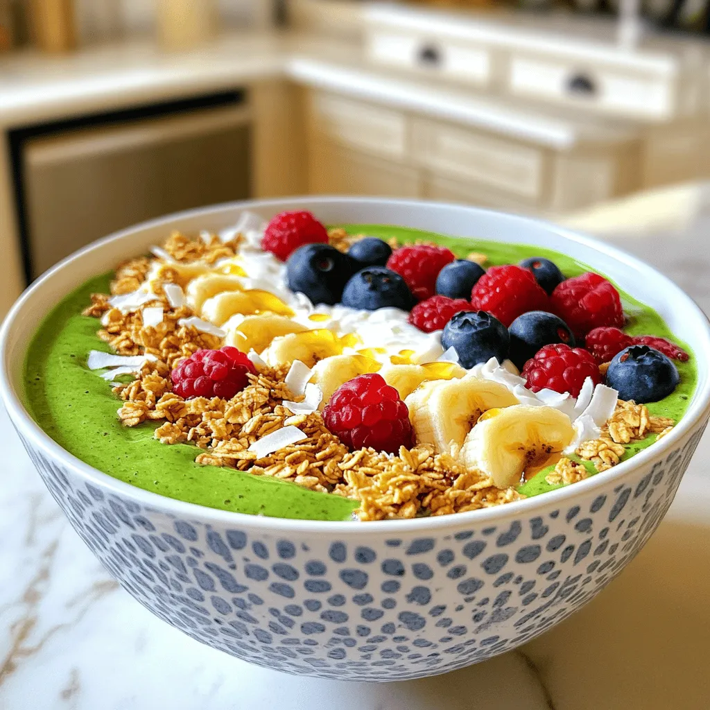 To make a tasty protein smoothie bowl, gather these simple ingredients: - 1 cup spinach leaves - 1 frozen banana - 1/2 cup Greek yogurt (or plant-based yogurt) - 1 scoop protein powder (vanilla or chocolate flavor) - 1/2 cup almond milk (or any milk of choice) - 1 tablespoon chia seeds - 1 tablespoon almond butter - 1/4 cup granola - 1 tablespoon shredded coconut - Fresh berries (strawberries, blueberries, or raspberries) for topping - Optional sweetener (honey or maple syrup) Each ingredient adds a special touch to your bowl. Spinach gives you greens and fiber. The frozen banana adds natural sweetness and creaminess. Greek yogurt packs in protein and calcium. You can choose your favorite flavor of protein powder. Almond milk keeps it light and smooth. Chia seeds add healthy fats and fiber, while almond butter brings a nutty taste. Granola gives crunch, and shredded coconut adds a tropical twist. Fresh berries not only look great but also boost the nutrition. If you like it sweeter, a drizzle of honey or maple syrup works perfectly. You can find the full recipe in the earlier section. Enjoy making your nutritious start! To create your protein smoothie bowl, follow these easy steps. 1. Blend the base: First, add the spinach leaves, frozen banana, Greek yogurt, protein powder, and almond milk into your blender. Blend until the mixture is smooth and creamy. 2. Add the extras: Next, add the chia seeds and almond butter to the blender. Blend for about 10 seconds more. If your smoothie is too thick, pour in a bit more almond milk until it looks just right. 3. Pour it out: Now, pour the smoothie into a large bowl. This is where you can get creative! 4. Top it off: For a beautiful finish, add granola, shredded coconut, and fresh berries on top. Feel free to drizzle honey or maple syrup for extra sweetness, if you like. 5. Serve and enjoy: Grab a spoon, and dig in right away. This meal is not just tasty; it is also packed with protein and nutrients. - Thicker texture: Use less almond milk or add more frozen fruit. - Smoother blend: Make sure all ingredients are fresh and blend well. - Taste test: Always taste your smoothie before serving. Adjust sweetness to your liking. - Use a colorful bowl to make it look inviting. - Arrange the toppings in a fun pattern for a nice presentation. - Serve with a side of fresh fruit or a handful of nuts for added crunch. Follow these steps for a delicious protein smoothie bowl. For the full recipe, check out the details above! To make a great protein smoothie bowl, you need to balance flavors and textures. Start with a creamy base. Use Greek yogurt or plant-based yogurt for richness. Add fruits like bananas and berries for sweetness. This mix gives a nice taste without being too sweet. Adjusting sweetness and protein levels is key. If your bowl needs more sweetness, use honey or maple syrup. For protein, simply add more protein powder. Tweak the amounts until you find what you love best. Remember, each scoop of protein powder adds flavor as well. Now, let’s talk about tools and equipment. A good blender is a must. It should blend everything smoothly. I recommend a high-speed blender for the best results. You might also want to have a bowl and spoon ready for serving. Using a spatula helps you get every bit out of the blender. These tips will help you create a delicious protein smoothie bowl every time. For a full recipe, check out the Protein Smoothie Bowl section. {{image_2}} You can make your protein smoothie bowl fun by changing the greens and fruits. Try kale or Swiss chard instead of spinach. For fruits, swap the banana for mango, berries, or even pineapple. If you want a dairy-free or vegan option, use plant-based yogurt. Almond milk works great, but you can also try oat or coconut milk. This keeps your bowl creamy and delicious without dairy. For protein, you have options too. Use pea protein, hemp protein, or even nut butter. Each offers a unique taste. You can also add seeds like pumpkin or sunflower for extra protein. Explore different toppings to make your bowl special. Try sliced kiwi, nuts, or seeds. Each adds flavor and crunch, making your bowl even better. Remember, the full recipe helps guide you through this tasty journey. Enjoy mixing and matching until you find your favorite combination! To keep your smoothie bowl fresh, store it in an airtight container. This helps to keep the flavors strong and the texture smooth. Always refrigerate your bowl if you do not eat it right away. If you want to reheat your bowl, I advise against it. Smoothie bowls taste best cold. Instead, enjoy them fresh! For busy mornings, meal prep is key. You can blend the smoothie part a night before. Store it in the fridge. In the morning, just pour it into a bowl and add your toppings. This way, you save time while still enjoying a tasty meal. For the best taste, eat your smoothie bowl within 24 hours. The longer it sits, the less fresh it will taste. So, enjoy it soon after you make it! What is the best protein powder to use? I recommend whey or plant-based protein powder. Both options blend well. They add good flavor and nutrition. Look for brands with no added sugars. A vanilla or chocolate flavor can enhance the taste of your smoothie bowl. Can I make a smoothie bowl ahead of time? Yes, you can. Prep the smoothie mix and store it in the fridge. Just keep it in an airtight container. The smoothie will stay fresh for one day. When you're ready to eat, top it with your favorite items. How can I make my smoothie bowl lower in calories? To cut calories, skip high-calorie toppings like granola or nut butter. Use less yogurt or switch to low-fat yogurt. You can also add more greens, like spinach or kale. They are low in calories and boost nutrition. What are some recommended toppings for extra nutrition? Try adding fresh fruit, like berries or sliced bananas. Nuts and seeds add healthy fats and protein. You can also sprinkle some hemp seeds or flaxseeds for extra fiber. For sweetness, use a drizzle of honey or maple syrup. For a complete guide, check out the Full Recipe. You now know how to make a tasty protein smoothie bowl. We covered the ingredients needed, step-by-step prep, and useful tips to make it great. You can customize it however you like and store it for later. This bowl is a fast way to enjoy a healthy meal. Try new fruits and toppings to keep it fun. Enjoy creating your perfect smoothie bowl!