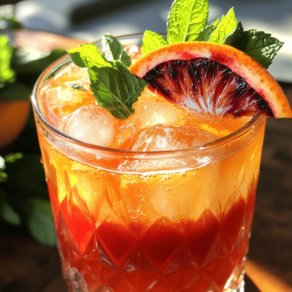 To make a Blood Orange Ginger Spritzer, you need fresh and simple ingredients. Here’s what you will need: - Blood Oranges (2, juiced) - Fresh Ginger (1 tablespoon, grated) - Honey (1 tablespoon, or to taste) - Sparkling Water (2 cups) - Ice Cubes - Mint Leaves (for garnish) - Blood Orange Slices (for garnish) These ingredients create a bright and refreshing drink. Blood oranges give a sweet and tangy taste. Fresh ginger adds a warm, spicy kick. Honey sweetens the mix just right. Sparkling water brings the fizz we all love. Ice cubes keep your drink cold, while mint leaves and blood orange slices make it look pretty. When you put all this together, you create a drink perfect for hot summer days. You can find the Full Recipe with detailed steps to guide you through making this delicious spritzer. To make your Blood Orange Ginger Spritzer, follow these easy steps. 1. Mix ginger and honey in a bowl. Take fresh ginger and grate it. Then, add one tablespoon of honey. Stir them together well. Let this mix sit for five minutes. This helps the flavors blend. 2. Combine blood orange juice and ginger-honey mixture in a pitcher. Juice two blood oranges. Pour the juice into a pitcher. Next, add the ginger-honey blend. Stir it well to mix everything together. 3. Prepare glasses with ice cubes. Grab your favorite glasses and fill them with ice cubes. This will keep your drink nice and cold. 4. Pour mixture over ice and top with sparkling water. Take the blood orange mixture and pour it into each glass over the ice. Fill the glasses about halfway. Then, pour in sparkling water on top. You can add more or less water, depending on how fizzy you like it. 5. Garnish and serve. Take fresh mint leaves and blood orange slices for garnish. Place a mint leaf and an orange slice on the rim of each glass. Now your spritzer looks great and is ready to enjoy! For the full recipe, you can check the complete instructions above. - How to enhance the flavor profile: Add a splash of lemon juice for brightness. You can also include a few slices of fresh ginger for a stronger zing. Experiment with different herbs like basil or rosemary to give your spritzer a unique twist. - Adjusting sweetness with honey: Start with one tablespoon of honey. Taste the mixture, and if you want it sweeter, add more honey. Remember, honey can vary in sweetness, so adjust according to your taste. - Ideal glassware for serving: Use tall glasses to show off the vibrant color of the spritzer. Clear glass lets the beautiful layers shine. You can also use mason jars for a fun, rustic look. - Pairing with snacks or appetizers: This spritzer pairs well with light snacks. Try it with crispy chips, fresh veggies, or a cheese platter. The bright flavors balance well with salty or creamy bites. - Best occasions to serve: Serve this drink at summer parties, picnics, or barbecues. It’s a great way to cool off on hot days. You can also enjoy it as a refreshing treat while relaxing at home. For the complete recipe, check out the [Full Recipe]. {{image_2}} You can change up the blood orange ginger spritzer in fun ways. One great option is to add other citrus juices. Try using lemon or lime juice for a zesty twist. This will make your drink even brighter and fresher. You can mix equal parts of blood orange and lemon juice. This combo gives a sweet and tangy taste that is hard to resist. Another fun idea is to infuse your spritzer with herbs or spices. Fresh basil or thyme can add a unique flavor. Simply muddle a few leaves in the glass before you add the other ingredients. This will give your drink an aromatic kick. You’ll be surprised at how these herbs can elevate your spritzer. If you want to turn your spritzer into a cocktail, it’s easy! Just add your favorite spirit to the mix. Vodka works well because it has a mild flavor. This lets the blood orange and ginger shine. You can also try gin for a more herbal flavor. Both options will make your drink extra refreshing. For a fun twist, consider adding sparkling wine, like prosecco. This will add a nice fizz and make your drink feel festive. Simply replace some of the sparkling water with sparkling wine. Enjoy your blood orange ginger spritzer with a kick! For detailed steps on making this delicious drink, check the Full Recipe. To store any extra Blood Orange Ginger Spritzer, pour it into a clean jar. Make sure to leave some space at the top. Seal it tightly with a lid. This drink keeps well in the fridge for up to two days. After that, the ginger flavor fades, and it may lose its fizz. You can easily make this spritzer ahead of time. I suggest mixing the blood orange juice and ginger-honey mixture first. Store this mixture in the fridge. When you are ready to serve, add ice and sparkling water. This way, you keep the fizz fresh. If you plan to serve a larger group, simply double the recipe. Adjust the ginger and honey to suit your taste. Blood oranges are rich in vitamins and antioxidants. They boost your immune system. These fruits may help lower blood pressure. They also have anti-inflammatory properties. Plus, their unique color comes from anthocyanins, which are good for heart health. Eating blood oranges can promote healthy skin, too. Yes, you can. If you don’t like ginger, try using mint or lemon zest. Both options add a fresh taste. You could also use turmeric for a warm flavor. Each choice will change the drink’s flavor, but it can still be delicious. To make a non-sparkling version, simply skip the sparkling water. Instead, use still water or juice. Blood orange juice alone is sweet and refreshing. You can also mix in some herbal tea for a unique twist. Adjust the sweetness to your liking with honey. You can use basil leaves for a different flavor. Sliced strawberries or raspberries also look great. If you want a fancy touch, try edible flowers. They add color and beauty to your drink. Just be sure to choose safe, edible varieties. For a complete guide to making this refreshing drink, check out the Full Recipe. This blog post covered a refreshing spritzer made with blood oranges and ginger. You learned how to mix ingredients, prepare the drink, and serve it. The tips shared help boost flavor and suggest perfect pairings. With variations and storage advice, you can enjoy this drink at any time. Incorporating blood oranges offers unique taste and health perks. Think about trying new flavors or making it a cocktail. Enjoy your spritzer experience!