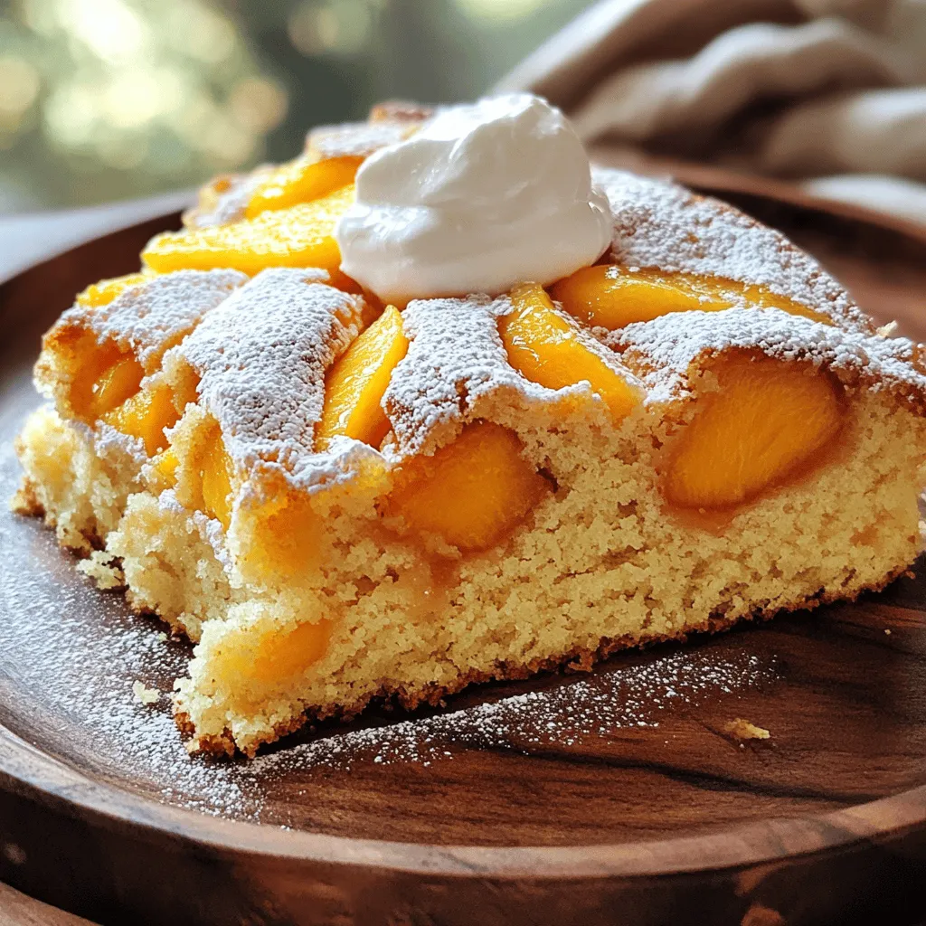 To make a delicious peach cake, gather these simple ingredients: - 3 ripe peaches, peeled and sliced - 1 cup granulated sugar - 1/2 cup unsalted butter, softened - 2 large eggs - 1 teaspoon vanilla extract - 1 ½ cups all-purpose flour - 1 ½ teaspoons baking powder - 1/2 teaspoon baking soda - 1/4 teaspoon salt - 1/2 cup buttermilk - 1 teaspoon cinnamon - Powdered sugar (for dusting) These ingredients create a sweet and moist cake. The peaches add flavor and a nice texture. The sugar and butter mix well to bring a lightness to the cake. Eggs help bind everything together, while the buttermilk keeps it soft. Using fresh peaches is best, but if you cannot find any, canned peaches work too. Just make sure to drain them well. For a fun twist, consider adding nuts or a touch of lemon zest to the batter. This recipe is easy, and you can find the full recipe above. Enjoy your baking! - First, preheat your oven to 350°F (175°C). Grease and flour a 9-inch round cake pan. - Next, in a mixing bowl, mix the softened butter and sugar. Beat them until light and fluffy. This should take about 3-4 minutes with an electric mixer. - Now, add the eggs one by one to the butter mixture. Mix well after each egg. Stir in the vanilla extract. - In another bowl, whisk together the flour, baking powder, baking soda, salt, and cinnamon. This mix is key to a great cake. - Gradually add the dry mix to the wet ingredients. Alternate with buttermilk. Start and end with the dry mix. Just mix until it's combined. - Gently fold in the sliced peaches. Be careful not to break them apart. - Pour the batter into the prepared cake pan. Smooth out the top. Bake in the preheated oven for 30-35 minutes. A toothpick inserted in the center should come out clean. Follow these steps for a perfect Peach Cake Delight. Check out the Full Recipe for more details! - Choosing the best peaches for baking Look for ripe, fragrant peaches. They should be firm but yield slightly when pressed. Avoid peaches that have bruises or dark spots. Fresh, juicy peaches give your cake great flavor. - Ensuring the right cake texture Mix your batter just until combined. Overmixing can make the cake tough. You want a light, fluffy texture. The right balance of wet and dry ingredients helps too. - Cooling and serving suggestions Let the cake cool in the pan for ten minutes. Then transfer it to a wire rack. This keeps the bottom from getting soggy. For serving, dust with powdered sugar for a nice touch. Enjoy each slice with whipped cream or fresh peach slices. - Overmixing the batter Mixing too much adds extra air and gluten. This can make your cake dense and dry. Mix gently and stop when just combined. - Incorrect oven temperature Always preheat your oven. An oven that is too hot can burn the outside. One that is too cool may not bake the cake through. Use an oven thermometer to check. - Not properly greasing the pan If your pan is not greased well, the cake can stick. Make sure to grease and flour the pan thoroughly. This makes it easy to remove the cake after baking. {{image_2}} Peach cake offers many yummy choices. One fun option is the peach upside-down cake. In this cake, sliced peaches sit on the bottom. You pour the cake batter over them. When you flip it, the peaches shine on top, looking great and tasty. Another favorite is the peach cobbler cake. This cake combines the flavors of peach cobbler with the soft texture of cake. You bake it with peaches on the top and a biscuit-like crust. Each bite gives you the sweet taste of summer. To make your peach cake extra special, think about adding spices. Nutmeg gives a warm touch. Ginger adds a hint of spice that brightens the flavor. Just a pinch can change everything. You can also play with frostings and glazes. A cream cheese frosting adds creaminess. A simple glaze made with powdered sugar and milk is sweet and easy. These flavors can change your peach cake from good to amazing. For more details, check the Full Recipe. To keep your peach cake fresh, you have two main options: room temperature or refrigerator storage. - Room Temperature: If you plan to eat the cake within a few days, store it at room temperature. Place it in an airtight container. This keeps the cake moist and tasty. - Refrigerator Storage: For longer storage, put the cake in the fridge. Wrap it tightly in plastic wrap or place it in an airtight container. This helps prevent it from drying out. How long does peach cake last? - At room temperature, it will stay fresh for about 2-3 days. It can last up to a week in the fridge. Signs of spoilage to look out for include: - A change in color or texture. - An off smell that is not sweet. - Mold or any unusual spots on the surface. By keeping these tips in mind, you can enjoy your peach cake at its best! For the full recipe, check the earlier sections. Can I use canned peaches instead of fresh? Yes, you can use canned peaches. Just make sure to drain them well. Canned peaches are softer than fresh ones. This might change the cake's texture a bit. How can I make this recipe gluten-free? To make it gluten-free, swap regular flour for a gluten-free blend. Many blends work well in cakes. You may need to adjust baking times slightly. What's the best way to serve peach cake? Serve peach cake warm or at room temperature. Add a scoop of vanilla ice cream or whipped cream on top. A sprinkle of cinnamon can make it even better. Can I freeze peach cake? Yes, you can freeze peach cake. Wrap it tightly in plastic wrap and then foil. It can last up to three months in the freezer. How do I know when the cake is done baking? Check the cake with a toothpick. Insert it into the center. If it comes out clean, the cake is ready. What toppings pair well with peach cake? Toppings like whipped cream or fresh peaches work great. You can also try a drizzle of caramel or a scoop of ice cream. These add flavor and texture. For the full recipe, check out Peachy Paradise Cake. You can make a delicious peach cake using simple ingredients and easy steps. We discussed how to prepare the batter, bake it, and cool it. I also shared tips on choosing the best peaches and avoiding common baking mistakes. Don't forget to explore fun variations and storage methods. This cake is a tasty treat perfect for any occasion. Enjoy baking, and share your peach cake success! Happy baking!