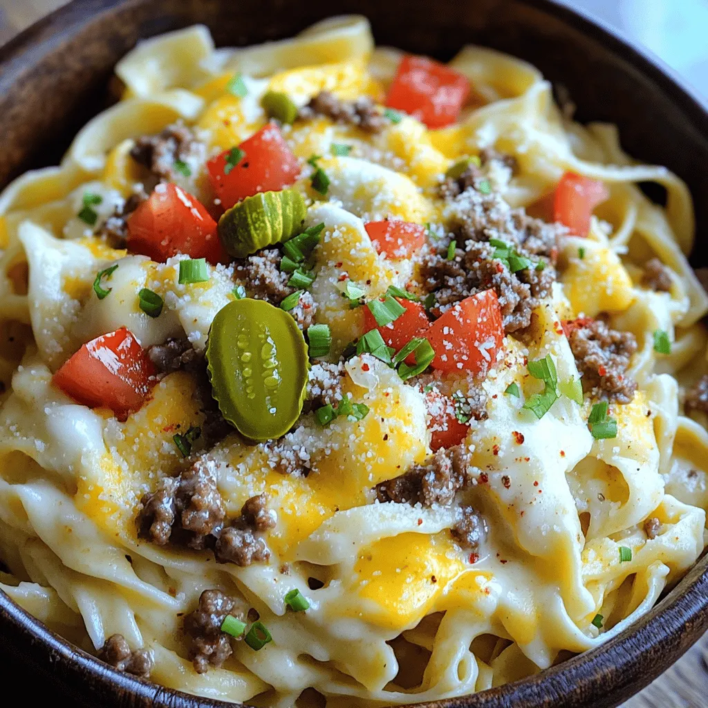 To make this dish, gather these ingredients: - 12 oz fettuccine pasta - 1 lb ground beef - 1 teaspoon garlic powder - 1 teaspoon onion powder - Salt and pepper to taste - 2 cups heavy cream - 1 cup shredded cheddar cheese - 1 cup shredded mozzarella cheese - 1/2 cup grated Parmesan cheese - 1/4 cup cream cheese - 1 cup diced tomatoes - 1/2 cup pickles, chopped - 1/4 cup green onions, sliced - Optional: crushed red pepper flakes for garnish When choosing ingredients, freshness matters. Here are some tips: - Pasta: Look for packages that are sealed and undamaged. - Ground beef: Select bright red meat with a slight sheen. Avoid brown or gray areas. - Cheese: Check for firm textures and avoid any that feel dry or crumbled. - Tomatoes: Pick firm tomatoes with vibrant color. They should smell sweet. - Pickles: Choose jars that are not expired. Look for crisp, firm pickles. - Green onions: Select green onions with bright green tops and firm white bases. Need to adjust this recipe? Here are some easy swaps: - Pasta: Use gluten-free pasta for a gluten-free option. - Ground beef: Try ground turkey or plant-based meat for a lighter choice. - Heavy cream: Substitute with coconut cream or cashew cream for a dairy-free version. - Cheese: Use vegan cheese alternatives if avoiding dairy. - Pickles: Swap for olives if you prefer a different tangy flavor. For the full recipe, check out the details in the recipe section. To cook fettuccine pasta al dente, start with a large pot. Fill it with water and add salt. Bring the water to a boil. Once boiling, add 12 oz of fettuccine pasta. Stir it gently to prevent sticking. Cook the pasta according to the package instructions, usually around 8-10 minutes. You want it tender but still firm to the bite. This is the key to a great dish! When the time is up, drain the pasta in a colander. Remember to save about 1 cup of the pasta water. This starchy water will help make your sauce creamy later on. Next, you will brown the ground beef. Heat a large skillet over medium heat. Add 1 lb of ground beef to the pan. Use a wooden spoon to break the beef into smaller pieces. This helps it cook evenly. Cook the beef for about 5-7 minutes. You want it to be fully browned with no pink spots. Season with 1 teaspoon of garlic powder, 1 teaspoon of onion powder, salt, and pepper to taste. Stir it well to mix the spices. After cooking, drain any excess fat from the skillet. This step keeps your dish from being too greasy. Now, it's time to make the creamy Alfredo sauce. Reduce the heat to medium-low. Pour in 2 cups of heavy cream and add 1/4 cup of cream cheese to the skillet. Stir until the cream cheese melts. Next, add the cheeses: 1 cup of shredded cheddar, 1 cup of shredded mozzarella, and 1/2 cup of grated Parmesan. Stir frequently for about 5 minutes until the cheese melts and the sauce becomes smooth. If the sauce seems too thick, use the reserved pasta water to adjust the texture. Once smooth, add the cooked fettuccine to the skillet. Toss the pasta in the creamy sauce until well coated. Finally, mix in 1 cup of diced tomatoes, 1/2 cup of chopped pickles, and half of the sliced green onions. This adds flavor and crunch to your dish. Serve this Loaded Cheeseburger Alfredo hot, and enjoy every bite! For more details, check out the Full Recipe. When making Alfredo sauce, it’s easy to go wrong. Here are some mistakes to dodge: - Using low-fat dairy: This can lead to a thin sauce. Stick to heavy cream and full-fat cheese. - Cooking on high heat: High heat can cause the sauce to separate. Keep the heat low and steady. - Not stirring enough: Stirring helps blend the flavors. Make sure to mix regularly while cooking. - Adding cheese too fast: Slowly add cheese for a smooth sauce. If you rush, it can clump up. You can easily change the spice levels in Loaded Cheeseburger Alfredo. Here’s how: - Start with a base: Begin with the basic recipe first. This gives you a good foundation. - Add garlic powder: If you love garlic, add more than the recipe calls for. - Experiment with crushed red pepper: This adds heat. Start with a small pinch and add more as needed. - Use fresh herbs: Basil or parsley can add flavor without heat. Fresh herbs give a nice touch. Using the right tools makes cooking easier. Here are my top picks: - Large pot: Use this for boiling your fettuccine pasta. It should hold enough water. - Skillet: A large skillet is perfect for browning beef and making sauce. - Wooden spoon: Great for stirring the sauce. It helps mix without scratching your skillet. - Measuring cups and spoons: Use these for precise ingredient amounts. This keeps the flavors balanced. For the full recipe, check out the complete guide to Loaded Cheeseburger Alfredo. {{image_2}} You can change up Loaded Cheeseburger Alfredo to fit your taste. Instead of ground beef, try ground turkey or chicken. They both offer a lighter option. If you want more flavor, use chorizo for a spicy kick. You can also swap the fettuccine for penne or rotini pasta. These shapes hold sauce well and add fun to your dish. To make this dish vegetarian, replace the ground beef with mushrooms or lentils. Both options add great texture and flavor. For a gluten-free version, use gluten-free pasta. You can find many types made from rice or chickpeas. These swaps make the dish accessible for everyone at your table. Add more fun with toppings! Try crispy bacon bits for a savory crunch. You can also add sautéed bell peppers or jalapeños for extra veggies and heat. A sprinkle of fresh parsley or basil can brighten the dish. For a zesty twist, drizzle some ranch dressing or BBQ sauce on top. These additions make every bite exciting and full of flavor. You can find the full recipe [here](#) to explore more ways to enjoy this creamy dish! After enjoying Loaded Cheeseburger Alfredo, you might have some leftovers. Let the dish cool down before storing it. Use an airtight container for best results. This keeps the pasta fresh and tasty. Store it in the fridge for up to three days. If you want to keep it longer, consider freezing. When it’s time to eat your leftovers, reheating is key. I suggest using a skillet over medium heat. Add a splash of milk or some pasta water to keep it creamy. Stir often to prevent sticking. Avoid using the microwave if you want the best texture. The skillet method helps the dish stay smooth and delicious. Freezing Loaded Cheeseburger Alfredo is an option, but there are some tips to follow. First, make sure it cools completely. Then, place it in a freezer-safe container. You can freeze it for up to three months. When ready to eat, thaw it in the fridge overnight before reheating. Keep in mind that the texture may change slightly, but it will still taste great. For the full recipe, check out the main article. You can serve Loaded Cheeseburger Alfredo with a fresh side salad. A simple green salad adds a nice crunch. Garlic bread is also a great choice. It helps soak up all that creamy sauce. You might enjoy some roasted vegetables for a healthy twist. They add color and flavor to your meal. Try serving it with a light soup for a complete dinner. Making Loaded Cheeseburger Alfredo ahead is easy. First, prepare the pasta and sauce but don’t mix them yet. Store each part in separate containers. Keep the sauce in the fridge for up to three days. When ready to serve, reheat the sauce slowly on the stove. Add a splash of pasta water to loosen it up. Finally, toss in the cooked pasta, and it’s ready to go! Yes! You can use any pasta you like. Penne or rotini work well if you want a change. Even gluten-free pasta is a good choice. Just make sure to cook it al dente so it holds up in the sauce. Each type of pasta will give a new twist to the dish. Enjoy experimenting with your favorites! In this post, we explored making Loaded Cheeseburger Alfredo from start to finish. We covered all the ingredients, tips for freshness, and substitutions for diets. You learned step-by-step how to cook pasta, brown beef, and make a creamy sauce. I shared tools and tricks to avoid common mistakes. Plus, we discussed fun ingredient swaps and ways to store leftovers. Now you can enjoy this dish anytime. Feel free to get creative with your variations! Enjoy cooking and sharing your delicious creation.