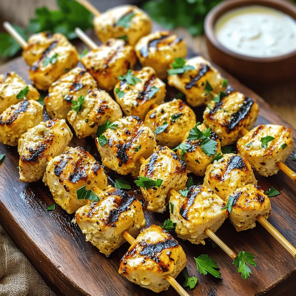 - Chicken and Marinade Essentials - 1 lb boneless, skinless chicken breasts, cut into 1-inch cubes - 1/4 cup ranch dressing - 3 cloves garlic, minced - 1/2 cup grated Parmesan cheese - 1 tablespoon olive oil - Spices and Seasonings - 1 teaspoon smoked paprika - 1/2 teaspoon black pepper - 1/2 teaspoon salt - Garnishing Items - 1/4 cup fresh parsley, chopped (for garnish) - Skewers (soaked in water if wooden) When you gather these ingredients, you set the stage for a tasty dish. The chicken gives a solid base, while the ranch dressing and garlic add flavor. Parmesan cheese brings a rich taste. The spices, like smoked paprika, enhance the flavor profile. For garnish, fresh parsley brightens your dish and adds a lovely touch. You can find the full recipe to guide you through the cooking process. Mixing the Ingredients Start by grabbing a mixing bowl. Add the ranch dressing, minced garlic, and grated Parmesan cheese. Next, pour in the olive oil. Then, sprinkle in the smoked paprika, black pepper, and salt. Stir everything until it blends well. This mix will add great flavor to the chicken. Marinating the Chicken Take your chicken breasts and cut them into 1-inch cubes. Add these cubes to the marinade. Make sure each piece is coated well. Cover the bowl with plastic wrap and set it in the fridge. Let it marinate for at least 30 minutes. For even better flavor, let it sit for up to 2 hours. Preheating the Grill While the chicken marinates, preheat your grill to medium-high heat. If you use wooden skewers, soak them in water for at least 30 minutes. This helps prevent them from burning on the grill. Skewering the Chicken Once the chicken is ready, take the skewers. Thread the marinated chicken cubes onto the skewers. Leave a little space between each piece. This helps them cook evenly. Turning for Even Cooking Place the skewers on the grill. Cook for about 10 to 12 minutes. Make sure to turn them occasionally. This ensures that all sides get those nice grill marks. Checking Doneness To check if the chicken is done, use a meat thermometer. The internal temperature should reach 165°F. Once cooked, take the skewers off the grill. Let them rest for a few minutes before serving. For the full recipe, check the details above. Marination Time Recommendations Marinating chicken is key for bold flavor. I suggest marinating for at least 30 minutes. If you have time, let it rest for 2 hours. This longer time allows the flavors to soak in deep. Best Practices for Grilling Grilling is an art. Start with a hot grill for a nice sear. Keep the lid closed to lock in heat. Flip the skewers every few minutes. This ensures even cooking and great grill marks. Always check the chicken’s temperature. It should reach 165°F. Serving Suggestions For a stunning presentation, serve the skewers on a rustic platter. This makes a great centerpiece. Pair them with a small bowl of ranch dressing for dipping. It adds fun and flavor. Additional Garnishes Garnish with fresh parsley for a pop of color. You can also sprinkle extra Parmesan cheese on top. This adds a tasty and appealing touch. Best Skewers to Use Choose metal skewers for easy grilling. They conduct heat well and don’t burn. If using wooden skewers, soak them in water first. This helps prevent burning on the grill. Essential Grill Tools A good set of tongs is a must for handling skewers. A meat thermometer ensures perfect doneness. Also, have a grill brush ready for cleaning. Keeping your grill clean helps with the next cook. For the full recipe, check the [Full Recipe]. {{image_2}} Spicy Ranch Option You can add a kick to your dish. Use spicy ranch dressing instead of regular ranch. You can also mix in some hot sauce or cayenne pepper. This will give your skewers a nice heat. Herbal Infusion Try adding fresh herbs to your marinade. Basil, thyme, or oregano work well. They will add more depth and freshness to the flavor. Just chop them finely and stir them in. Using Other Proteins You can use other meats if you like. Try pork tenderloin or shrimp for a different taste. Just adjust the cooking time based on the protein you choose. Vegetarian Alternatives For a meat-free option, use firm tofu or tempeh. These will soak up the marinade well. You can also use vegetables like bell peppers, zucchini, and mushrooms. They grill nicely and add great flavor. Oven-Baked Skewers If you can't grill, use your oven. Preheat it to 400°F. Place the skewers on a baking sheet and bake for 15-20 minutes. Turn them halfway through for even cooking. Air Fryer Instructions An air fryer is a quick way to cook skewers. Set it to 400°F and cook for about 10-12 minutes. Shake the basket halfway for the best results. This method keeps the chicken juicy and tender. Check the [Full Recipe] for more details on making these skewers. To keep your grilled ranch garlic Parmesan chicken skewers fresh, store them in the fridge. Place them in an airtight container. They will stay good for up to three days. If you want to heat them later, do not add any sauce until after reheating. For reheating, you can use the microwave or oven. If using the microwave, heat for 1-2 minutes. If using the oven, preheat to 350°F. Heat for about 10-15 minutes until warm. If you want to save skewers for later, freezing is a great option. First, let the skewers cool completely. Then, wrap them in plastic wrap. After that, place them in a freezer bag. They will freeze well for up to three months. To thaw, take them out of the freezer. Place them in the fridge overnight or for a few hours. You can also thaw them quickly in cold water if you are short on time. Once thawed, reheat as mentioned before. Enjoy your grilled ranch garlic Parmesan chicken skewers again with these simple storage tips! For the full recipe, check out the entire article. To get the best flavor, marinate the chicken for at least 30 minutes. This time allows the chicken to soak up the ranch dressing and garlic. For even more flavor, you can marinate it for up to 2 hours. Just don't go over 2 hours, or the chicken may become too soft. Yes, you can prepare these chicken skewers ahead of time! After marinating the chicken, you can store it in the fridge for up to 2 days. When you are ready to cook, just thread the chicken onto skewers and grill. This makes it easy for parties or busy weeknights. A great side dish for these chicken skewers is a fresh salad. You can use mixed greens, cherry tomatoes, and a light vinaigrette. Another tasty option is roasted vegetables or a creamy potato salad. These sides balance the flavors of the skewers nicely. For the complete cooking process, check out the Full Recipe for step-by-step instructions! This blog post covered key details on making tasty chicken skewers. We discussed essential ingredients, marination, and grilling steps. I shared tips to enhance flavor and ways to present your dish nicely. You can even try variations with different proteins and cooking methods. Remember, good storage keeps leftovers fresh. Enjoy your grilling journey, and don’t hesitate to experiment with flavors and techniques. Making skewers can be fun and rewarding. Happy cooking!