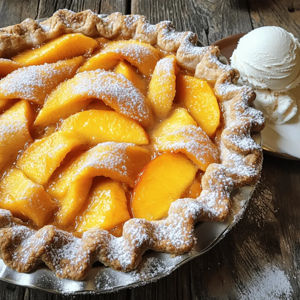 For the Peach Crinkle Pie, you need: - 2 cups fresh peaches, peeled and sliced - 1 cup granulated sugar - 2 tablespoons cornstarch - 1 teaspoon vanilla extract - 1 teaspoon lemon juice - 1 pre-made pie crust (store-bought or homemade) - 1 large egg, beaten (for egg wash) - 1 tablespoon powdered sugar (for dusting) You likely have these staples at home: - Granulated sugar - Cornstarch - Vanilla extract - Lemon juice When picking peaches, look for these signs: - They should feel slightly soft. - The skin should be smooth and slightly wrinkled. - Choose peaches with a sweet scent. - Avoid peaches with dark spots or bruises. Ripe peaches make your pie taste better. They release juices that blend well with sugar and spices. If you can, choose local peaches; they are often fresher and taste sweeter. For the best flavor, use peaches that are in season. This is usually from late spring to early fall. Start with ripe peaches. Look for ones that smell sweet and feel soft. Wash them and peel the skin off. Slice the peaches into thin pieces. Place them in a bowl and add sugar, cornstarch, lemon juice, and vanilla. Mix gently to coat each peach slice. Let the mixture sit for 10-15 minutes. This step helps the peaches release their juice. It makes your filling juicy and sweet. Grab a pre-made pie crust or make your own. Roll out the pie crust on a clean surface. Fit it into a 9-inch pie dish. Trim the edges, leaving a little hanging over the sides. Pour the peach filling into the crust. Spread it evenly with a spoon. Use any excess crust to create fun shapes. Crinkle them and place them on top of the peaches. This adds a nice texture to the pie. Preheat your oven to 425°F (220°C). This high heat helps the crust become golden and flaky. Place the pie on a baking sheet. It will catch any drips from the filling. Bake the pie for 25-30 minutes. Keep an eye on it; the crust should be golden brown. The filling will bubble up, showing it’s ready. Once it’s done, let it cool for about 15 minutes. Before serving, dust with powdered sugar for a special touch. For the full recipe, check the detailed instructions above. To create a great crust, start with cold ingredients. Use chilled butter or shortening. This helps keep the crust flaky. When rolling out the dough, dust your surface with flour. This prevents sticking. Make sure to roll evenly for a nice shape. If the dough cracks, simply press it back together. Once in the pie dish, chill the crust for 15-30 minutes. This helps it hold its shape while baking. Peach crinkle pie shines with ripe peaches. However, you can mix in other fruits. Try blueberries or raspberries for a burst of flavor. Adjust the sugar depending on your fruit. If your peaches are sweet, use less sugar. For a tangy twist, add a splash of almond extract. This creates a deeper flavor profile. Always taste your filling before baking to make sure it's just right. Serve your peach crinkle pie warm or at room temperature. A scoop of vanilla ice cream on the side makes it special. You can also add whipped cream for extra creaminess. For a fresh touch, add a sprig of mint on top. This makes your dessert look even better. If you want to impress guests, serve it on a beautiful plate. A light dusting of powdered sugar adds a nice touch, too. Enjoy the smiles when everyone takes their first bite! {{image_2}} You can boost the taste of your Peach Crinkle Pie with spices. Adding cinnamon gives a warm depth. Nutmeg adds a hint of sweetness. A pinch of ginger can bring a zesty kick. Mix these spices into the peach filling. A little goes a long way, so start small. You’ll discover new flavors that surprise your taste buds. Peach Crinkle Pie is great with other fruits too. Try mixing peaches with blueberries for a tart twist. Raspberries add a nice pop of flavor and color. You can also use cherries for a sweet and rich taste. Just keep the total fruit amount around two cups. This way, your pie stays balanced and delicious. If you want a gluten-free crust, there are good options. You can buy gluten-free pie crusts at the store. If you prefer homemade, try using almond flour and coconut flour. Mix them with butter and a bit of sugar. Press the dough into your pie dish. This will give you a tasty base for your Peach Crinkle Pie. You can even try a nut-based crust for added crunch. For the full recipe, check out the details above. To store leftovers, let the pie cool completely. Cover it with plastic wrap or foil. This keeps the pie fresh for up to three days. You can also place it in an airtight container. If you store it well, the flavors will stay true, and the crust will remain tasty. If you want to save some pie for later, freezing works great. First, let the pie cool down. Wrap it tightly in plastic wrap, then in aluminum foil. This method helps prevent freezer burn. You can freeze Peach Crinkle Pie for up to three months. When you are ready to eat it, thaw it overnight in the fridge. To reheat your pie, preheat the oven to 350°F (175°C). Place the pie on a baking sheet. Cover the pie loosely with foil to keep it from browning too much. Heat it for about 15-20 minutes. Check if it's warm in the center. Serve it warm for the best taste. For an extra treat, add a scoop of vanilla ice cream on top. You can find the full recipe to recreate this delightful summer dessert. Peach Crinkle Pie is a sweet, fruity dessert. It features fresh peaches inside a flaky pie crust. The pie has a unique crinkled top, which adds to its charm. The mix of peaches with sugar and spices makes for a tasty filling. This pie is perfect for summer gatherings or a cozy night in. Yes, you can use canned peaches. They are a good substitute for fresh peaches. Just make sure to drain them well to avoid excess liquid. Canned peaches will change the texture slightly, but the flavor will still be nice. For the best results, choose peaches packed in juice or light syrup. To check if your pie is done, look for a golden crust. The filling should be bubbly and slightly thickened. You can also insert a toothpick into the crust; it should come out clean. Let the pie cool for about 15 minutes before serving. This will help the filling set better, giving you the perfect slice. This article covered how to make a delicious Peach Crinkle Pie. We discussed fresh ingredients, pantry staples, and how to pick ripe peaches. You learned step-by-step instructions for prepping, assembling, and baking your pie. I shared tips for the perfect crust, variations, and serving ideas. We also explored storage methods and answered common questions. Now, it’s your turn to try this simple pie. Enjoy the process, and share it with friends!