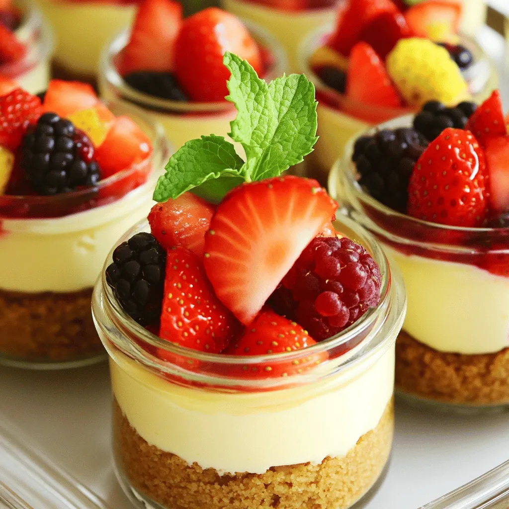- 1 cup graham cracker crumbs - 1/4 cup granulated sugar - 1/2 cup unsalted butter, melted - 1 cup cream cheese, softened - 1/2 cup powdered sugar - 1 teaspoon vanilla extract - 1 cup heavy whipping cream - Fresh strawberries or mixed berries for topping - Mint leaves for garnish (optional) For my no-bake cheesecake cups, I choose each ingredient with care. The graham cracker crumbs form a sweet and crunchy base. I love the taste of granulated sugar mixed with melted butter. It brings a rich flavor to the crust. Cream cheese adds that creamy texture we all crave. Powdered sugar makes the filling sweet without being gritty. Vanilla extract gives the dessert a warm, inviting aroma as it bakes. Heavy whipping cream is key for a light and airy filling. I often top these cups with fresh strawberries or mixed berries. They add color and a burst of flavor. If you want a touch of green, mint leaves make a lovely garnish. - Use alternative sweeteners like honey or agave syrup. - Choose gluten-free options for graham crackers if needed. - Look for dairy-free cream cheese alternatives for a vegan option. These substitutions can help you tailor the recipe to your taste and needs. You can keep the same texture and taste while making it work for everyone. If you want to learn more about the recipe, check out the Full Recipe for further details! To make no-bake cheesecake cups, I start with the crust. First, I combine graham cracker crumbs, sugar, and melted butter in a bowl. I mix until it looks like wet sand. This creates a tasty crust that holds everything together. Next, I mix the cheesecake filling. I beat softened cream cheese with an electric mixer until smooth. Then, I add powdered sugar and vanilla extract. This step gives the cheesecake its sweet flavor. How to prepare the crust 1. In a medium bowl, add one cup of graham cracker crumbs. 2. Add a quarter cup of granulated sugar. 3. Pour in half a cup of melted unsalted butter. 4. Mix until the crumbs are well coated. 5. Divide the mixture into serving cups, pressing it down firmly. How to make the cream cheese mixture 1. In a large bowl, beat one cup of softened cream cheese until smooth. 2. Gradually add half a cup of powdered sugar and one teaspoon of vanilla extract. 3. Mix until the filling is creamy and well combined. 4. In another bowl, whip one cup of heavy cream until stiff peaks form. 5. Gently fold the whipped cream into the cream cheese mixture. Filling the cups and chilling 1. Spoon the cheesecake mixture over the crust in each cup. 2. Fill each cup about three-quarters full. 3. Cover the cups with plastic wrap. 4. Refrigerate for at least four hours, or overnight for best results. I recommend chilling the cups for at least four hours. This helps the cheesecake set properly. For a beautiful presentation, top each cup with fresh berries. You can add a mint leaf if you like. This adds a nice touch to your dessert. To ensure a smooth filling texture, start with softened cream cheese. If the cream cheese is cold, it can cause lumps. Beat it well until creamy before adding sugar. Gradually mix in the powdered sugar and vanilla extract. This keeps the mixture smooth. The right consistency of whipped cream is key. Whip the heavy cream until you see stiff peaks. Don't rush this step. Fold the whipped cream gently into the cream cheese mixture. This keeps your cheesecake light and fluffy. Garnishing with fruits can make your cheesecake cups pop. Fresh strawberries or mixed berries add color and flavor. Place them on top just before serving. You can also add mint leaves for a nice touch. Using decorative serving cups can elevate your dessert. Clear glass cups let you show off the layers. You can use small jars or even fancy glasses. The right cup can make your treat look more appealing. One common mistake is overmixing the cheesecake filling. If you mix too much, it can become dense. Just mix until combined and smooth. Not letting it chill long enough is another mistake. The cheesecake needs time to set. Chill for at least four hours, but overnight is best. This helps the flavors meld and gives the right texture. {{image_2}} You can make chocolate no-bake cheesecake cups by adding cocoa powder. Use about 1/4 cup of unsweetened cocoa powder in the cream cheese mixture. This adds a rich, chocolatey taste. You can also melt chocolate and mix it in for an even deeper flavor. For fruit-infused options, blend fresh fruits into the cream cheese mixture. Strawberries, blueberries, or mango work well. You can also use fruit puree. This gives your cheesecake a fresh twist and bright color. If you want a different base, try using crushed cookies instead of graham crackers. Oreos or vanilla wafers can create a tasty change. Just mix them with melted butter, like you do with graham crackers. Nut-based crusts add a fun flavor too. Use crushed almonds or pecans mixed with butter. This gives a nutty crunch that pairs well with the creamy filling. You can use many toppings for your cheesecake cups. Fresh fruit like raspberries or kiwi adds color and taste. You can also use a mix of fruits for a fun look. Drizzles of chocolate or caramel sauce make these cups even better. Just warm the sauce slightly for easy pouring. This adds sweetness and makes each cup look fancy. You can find more ideas in the Full Recipe for No-Bake Cheesecake Cups. To keep your no-bake cheesecake cups fresh, store them in the fridge. Cover each cup with plastic wrap or a lid. This helps them stay moist and tasty. If you want to freeze them, wrap each cup tightly in plastic wrap and then in aluminum foil. They can last longer this way. In the fridge, these cheesecake cups last about 3 to 5 days. Keep an eye on them. If you see any discoloration or a strange smell, it's best to throw them out. Always trust your senses! When you are ready to serve, take the cups out of the fridge. If they feel too firm, let them sit at room temperature for a few minutes. This helps bring back the creamy texture. Add fresh berries or mint leaves right before serving for a nice touch. Enjoy your delicious dessert! Yes, you can use low-fat cream cheese. It will still taste good. The texture may be a bit different. Low-fat cream cheese can make the filling less creamy. If you want a lighter dessert, it’s a good choice. These cheesecake cups need at least 4 hours to set. For the best flavor and texture, chill them overnight. This wait helps the flavors blend well. The longer they chill, the firmer they become. Absolutely! You can make these cups a day or two ahead. Just store them in the fridge. This makes them perfect for parties or gatherings. They taste even better when made in advance. You can use coconut cream as a great substitute. It adds a nice flavor and creaminess. You can also use whipped topping for a lighter option. Just remember, the taste might change a bit. For a dairy-free option, almond or soy cream works well too. For the complete recipe, check out the [Full Recipe]. In this post, I covered how to make delicious no-bake cheesecake cups. We explored the main ingredients like cream cheese, granulated sugar, and fresh fruit. I shared step-by-step instructions to help you create the perfect dessert. Plus, I gave tips to avoid common mistakes and variations to try. For the best results, always chill your cups long enough for the flavors to meld. Feel free to experiment with toppings and flavors. Enjoy your cheesecake cups, and share them with friends and family!
