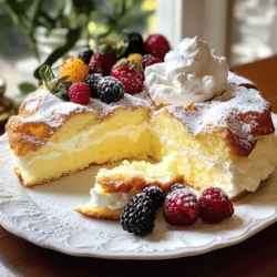 To make a delicious Yogurt Cloud Cake, you'll need these main ingredients: - 1 cup plain Greek yogurt - 3 large eggs - 1 cup granulated sugar - 1 teaspoon vanilla extract - 1 cup all-purpose flour - 2 teaspoons baking powder - 1/4 teaspoon salt - 1/2 cup unsalted butter, melted These ingredients work together to create a cake that is light and fluffy. The Greek yogurt adds moisture and richness, while the eggs help the cake rise. You can enhance the flavor with these optional ingredients: - Zest of 1 lemon - Powdered sugar, for dusting The lemon zest brings a bright note to the cake. Dusting with powdered sugar adds a sweet touch to your presentation. To prepare this cake, gather the following tools: - Mixing bowls - Whisk - Spatula - 8-inch round cake pan - Parchment paper - Oven These tools make the process simple and enjoyable. The mixing bowls help keep everything organized, and the parchment paper ensures easy removal of the cake. You can find the full recipe above for more detailed steps! Start by preheating your oven to 350°F (175°C). Grease an 8-inch round cake pan with cooking spray or butter. Line the bottom with parchment paper. This helps the cake come out easily after baking. In a large mixing bowl, whisk together the Greek yogurt, eggs, granulated sugar, and vanilla extract. Mix until the mixture is smooth and creamy. The yogurt adds moisture, making the cake fluffy. In another bowl, sift together the all-purpose flour, baking powder, and salt. Gradually add this dry mixture to the wet ingredients. Gently fold the ingredients until just combined. Next, pour in the melted butter and lemon zest, if you choose to use it. Mix until the batter is smooth. Be careful not to overmix, as this can make the cake dense. Pour the batter into your prepared cake pan. Smooth the top with a spatula. Bake in the preheated oven for 25 to 30 minutes. You will know the cake is done when a toothpick inserted into the center comes out clean. After baking, remove the cake from the oven. Let it cool in the pan for about 10 minutes. Then, run a knife around the edges and invert the cake onto a wire rack to cool completely. Once it has cooled, dust the top with powdered sugar for a lovely finish. For the full recipe, refer to the earlier section. Enjoy your Yogurt Cloud Cake! To make your Yogurt Cloud Cake light and fluffy, follow these tips: - Use room temperature ingredients. This helps the batter mix better. - Gently fold in the dry ingredients. Avoid stirring too hard, as this can deflate the batter. - Be careful not to overmix. Stop mixing as soon as you see no dry flour. These steps keep air in the batter, creating a soft cake. To add more flavor to your Yogurt Cloud Cake, try these ideas: - Use flavored Greek yogurt, like vanilla or lemon. This adds a nice taste. - Add zest from oranges or limes along with lemon zest. This gives a fresh touch. - Mix in vanilla beans or almond extract for a unique flavor twist. Layering flavors makes your cake even more delicious and exciting. For a stunning presentation, consider these tips: - Serve slices on a pretty plate to catch the eye. - Add fresh berries around the cake. This adds color and freshness. - Use a dollop of whipped cream on top for a creamy finish. These simple touches make your cake look as good as it tastes. Enjoy your light and fluffy delight with these thoughtful tips! For the complete recipe, check out the [Full Recipe]. {{image_2}} You can make Yogurt Cloud Cake even better by adding fruits. Fresh fruits add sweet notes and color. Try mixing in berries, like blueberries or strawberries, for a burst of flavor. You can also fold in diced peaches or ripe bananas for a tasty twist. If you want a tropical vibe, add crushed pineapple or mango. Always remember to adjust the sugar slightly if your fruit is very sweet. Frosting can change the whole cake experience. You can keep it simple with whipped cream. Just whip heavy cream with a little sugar until it forms soft peaks. For a fruity touch, mix in fruit puree or zest. Cream cheese frosting also pairs well with the cake. It adds tanginess that complements the yogurt. You might also try a light glaze made from sugar and lemon juice. Drizzle it over the cooled cake for a sweet finish. You can adapt this recipe to fit different diets. For a gluten-free version, use almond flour or a gluten-free flour blend. Just make sure the baking powder is gluten-free. If you want a vegan option, swap the eggs for flax eggs. Mix one tablespoon of flaxseed meal with three tablespoons of water for each egg. Use a plant-based yogurt instead of Greek yogurt. These changes still give you that fluffy texture while meeting dietary needs. To keep your Yogurt Cloud Cake fresh, store it in an airtight container. Place it at room temperature if you plan to eat it within two days. If you need to save it for longer, move it to the fridge. This helps keep it moist and tasty. Freezing is a great way to save your cake. First, let the cake cool completely. Wrap it tightly in plastic wrap. Then, place it in a freezer-safe bag or container. This method can keep your cake fresh for up to three months. When you are ready to enjoy, just thaw it in the fridge overnight. To reheat your Yogurt Cloud Cake, slice it first. Then, place slices on a microwave-safe plate. Heat them for about 10 to 15 seconds. Check if it’s warm enough for you. If you want to keep the cake moist, cover it with a damp paper towel while reheating. Enjoy it warm for a delightful treat! For the full recipe, please refer to the earlier section. Yogurt Cloud Cake has a light and fluffy texture. It feels soft and airy in your mouth. The yogurt adds moisture, making it tender. You will enjoy its delicate crumb, which is easy to cut. This cake is not dense at all; it feels like eating a cloud. Yes, you can use flavored yogurt! It will change the cake's taste. For instance, vanilla or lemon yogurt will add a nice twist. Just remember, flavored yogurts may add extra sweetness. Adjust the sugar in the recipe if needed. This way, your cake will be balanced and delicious. To check if your cake is done, use a toothpick. Insert it into the center of the cake. If it comes out clean, your cake is ready. If there is batter on the toothpick, bake it a little longer. The edges should also pull away from the pan slightly. This shows it's set and baked through. For the full recipe, you can refer to the recipe section above. Yogurt Cloud Cake is fun and easy to make. We covered the key ingredients, tools, and steps needed. I shared tips for a light texture and flavor layering. We even explored variations for dietary needs and fun toppings. Remember to store leftovers properly for the best taste. Baking should be enjoyable and creative. With these tips, you can impress anyone with your Yogurt Cloud Cake. Enjoy your baking journey!