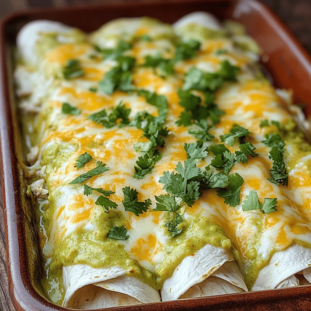To make creamy white chicken enchiladas, gather these ingredients: - 2 cups cooked chicken, shredded - 1 cup cream cheese, softened - 1 cup sour cream - 1 cup shredded Monterey Jack cheese - 1 cup green enchilada sauce (canned or homemade) - 8 small flour tortillas - 1/2 teaspoon garlic powder - 1/2 teaspoon onion powder - 1/2 teaspoon cumin - 1/4 teaspoon salt - 1/4 teaspoon black pepper - Chopped fresh cilantro for garnish You will need some tools to help you cook: - A large mixing bowl - A 9x13 inch baking dish - A spoon for mixing - A spatula for spreading - Aluminum foil If you need alternatives, here are some ideas: - Use Greek yogurt instead of sour cream for a lighter option. - Swap Monterey Jack cheese for cheddar or pepper jack for a different taste. - Corn tortillas can replace flour tortillas for a gluten-free choice. - Chicken can be replaced with shredded turkey or even beans for a vegetarian meal. By using these ingredients, you will create a delightful and creamy dish. For the complete guide on how to prepare it, check the Full Recipe. Start by preheating your oven to 350°F (175°C). This step is key to getting those enchiladas nice and warm. Grab a 9x13 inch baking dish and spread 1/4 cup of green enchilada sauce on the bottom. This will keep your enchiladas from sticking. In a large bowl, mix together 2 cups of shredded chicken, 1 cup of cream cheese, and 1 cup of sour cream. Add 1/2 cup of shredded Monterey Jack cheese for a cheesy touch. Don’t forget the spices! Stir in 1/2 teaspoon of garlic powder, 1/2 teaspoon of onion powder, 1/2 teaspoon of cumin, and 1/4 teaspoon each of salt and black pepper. Mix everything well until it’s smooth and creamy. Now comes the fun part! Take a flour tortilla and spoon about 1/4 cup of the chicken mixture into the center. Roll it up tightly and place it seam-side down in your baking dish. Repeat this with the rest of the tortillas and chicken filling. Once they’re all in, pour the rest of the green enchilada sauce over the top. Finally, sprinkle the remaining Monterey Jack cheese on top. Cover your baking dish with aluminum foil. Pop it in the oven and bake for 20 minutes. After that, remove the foil and let it bake for another 10 minutes. Keep an eye on it until the cheese is bubbly and slightly golden. When it’s done, let it cool for a few minutes. Garnish with chopped cilantro for a fresh touch. Enjoy your delicious creamy white chicken enchiladas! For the full recipe, check out the link above. You can make these creamy white chicken enchiladas ahead of time. Prepare them fully and place them in the baking dish. Cover the dish tightly with plastic wrap. Refrigerate for up to two days. If you want to freeze them, wrap them well in foil after baking. They can stay in the freezer for up to three months. When ready to eat, thaw overnight in the fridge. Bake as stated in the full recipe. For a beautiful presentation, serve the enchiladas right from the baking dish. Add a side of extra green sauce for dipping. A dollop of sour cream on top creates a nice contrast. Top with fresh cilantro for color and flavor. You can also add sliced avocados and diced tomatoes for extra flair. To complement the creamy enchiladas, serve them with some tasty sides. Consider a simple green salad with lime vinaigrette. Mexican rice or cilantro-lime rice pairs well too. You can also serve refried beans for a hearty touch. For a fun twist, add some corn on the cob with chili powder and lime. {{image_2}} You can easily make a vegetarian version of creamy white chicken enchiladas. Replace the chicken with 2 cups of cooked black beans or pinto beans. You can add sautéed bell peppers, zucchini, or corn for extra flavor. Use the same creamy mixture, just skip the chicken. This option is tasty and full of good nutrients. If you like some heat, try spicy chicken enchiladas. Add diced jalapeños or a splash of hot sauce to the chicken mixture. You can also use spicy green enchilada sauce for a bigger kick. This variation will make your taste buds dance! While Monterey Jack cheese is great, you can mix it up. Try using pepper jack for a spicy twist, or cheddar for a sharper taste. A blend of cheeses can add depth to the dish. Experiment and find what you like best. Each cheese gives a unique flavor, making the enchiladas fun and interesting. For the full recipe, check the section above. To keep your creamy white chicken enchiladas fresh, store them in an airtight container. Let the dish cool to room temperature before covering. You can keep them in the fridge for up to three days. If you want to enjoy them later, consider freezing. To reheat, take the enchiladas out of the fridge. Preheat your oven to 350°F (175°C). Place the enchiladas in a baking dish, adding a splash of green sauce to keep them moist. Cover with foil to prevent drying out. Bake for about 20 minutes or until heated through. You can also microwave them for quick reheating, about 2-3 minutes. To freeze, first cool the enchiladas completely. Wrap them tightly in plastic wrap, then place them in a freezer-safe bag. This helps avoid freezer burn. They can last up to three months in the freezer. When ready to eat, thaw in the fridge overnight, then reheat as mentioned above. The best way to shred chicken is to use two forks. Hold one fork in each hand. Grab a piece of cooked chicken with one fork. Use the other fork to pull the chicken apart. This method gives you nice, even shreds. You can also use your hands if the chicken is cool enough. Yes, you can make these enchiladas in advance. Prepare them and place them in the baking dish. Cover with foil and store in the fridge. They can sit there for up to 24 hours. When you’re ready, bake them straight from the fridge. Just add a few extra minutes to the baking time. To make homemade green enchilada sauce, you need a few simple ingredients. Start with 1 pound of tomatillos, 1 onion, and 2 jalapeños. Roast these in the oven until soft. Blend them together with a cup of vegetable broth. Add salt to taste and a squeeze of lime. This sauce is fresh and bright! If you don’t have Monterey Jack cheese, try using cheddar cheese. It melts well and adds a nice flavor. You can also use pepper jack for a spicy kick. Mozzarella cheese works too if you want a milder taste. Each option will make your enchiladas delicious. You learned how to create delicious enchiladas from scratch. We covered ingredients, utensils, and simple substitutions. I walked you through step-by-step cooking methods and tips to make it easier. Don't forget the options for different tastes, like vegetarian and spicy. Finally, I shared how to store, reheat, and freeze leftovers. Now, you can enjoy enchiladas anytime. With these helpful tips, you can impress family and friends at your next meal. Happy cooking!