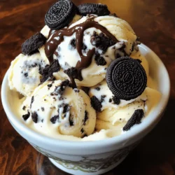 To make this easy No Churn Oreo Ice Cream, gather these essential items: - 2 cups heavy whipping cream - 1 can (14 oz) sweetened condensed milk - 1 teaspoon vanilla extract - 12 Oreo cookies, crushed - 1/2 cup chocolate chips (optional) - Extra Oreo cookies for garnish You can switch some ingredients if needed: - For heavy cream, use coconut cream or whipped coconut milk. - For dairy-free condensed milk, look for almond or soy versions. - If you want gluten-free options, use gluten-free Oreo cookies. These substitutions allow you to enjoy the ice cream while catering to different diets. Feel free to experiment and find flavors you love! 1. Start by whipping the cream in a large bowl. Use an electric mixer for best results. Whip until you see stiff peaks. This usually takes about 3 to 5 minutes. Stiff peaks mean the cream holds its shape well. This step is key for a light and fluffy ice cream. 2. In another bowl, mix the sweetened condensed milk and vanilla extract. Stir until they blend well. This mixture will add sweetness and flavor to your ice cream. 1. Now, it’s time to fold in the whipped cream. Take a small amount of whipped cream and add it to the condensed milk mix. This lightens the mixture. Then, slowly add the rest of the whipped cream. Be gentle to keep it fluffy. 2. Next, add in the crushed Oreos and chocolate chips if you want. Fold them in carefully until they are evenly mixed. The Oreos add crunch and that classic cookie taste. 1. Pour the mixture into a loaf pan or any freezer-safe container. Spread it out evenly and smooth the top. This helps the ice cream freeze evenly. 2. For a nice touch, crush a few extra Oreos and sprinkle them on top. This adds a fun garnish. Cover the container with plastic wrap or a lid. Freeze it for at least 6 hours or until it is fully set. For the full recipe, check out the details above. Enjoy making your No Churn Oreo Ice Cream! To make your No Churn Oreo Ice Cream just right, stiff peaks are key. Stiff peaks mean that the cream holds its shape when you lift the beaters. This step adds air and makes the ice cream light. Whip the cream until you see those peaks form. This takes about 3-5 minutes. When folding in the whipped cream, do it gently. Start with a small scoop of whipped cream to lighten the mixture. Then, carefully add the rest. Use a spatula and turn the bowl as you fold. This keeps the air in and makes your ice cream fluffy. You can boost flavors by adding a bit of coffee or mint extract. A dash of salt can make the sweet taste pop. You can also try mixing in different candies or nuts for extra crunch. If you want it sweeter, add a bit more sweetened condensed milk. Just taste as you go! When serving, use nice bowls to show off your ice cream. Top it with more crushed Oreos and drizzle chocolate sauce on top. This makes it look fancy and tastes great. You can also pair it with warm brownies or a slice of pie. The hot and cold mix adds a fun twist to your dessert. With these tips, your No Churn Oreo Ice Cream will impress everyone. Enjoy your delicious treat! {{image_2}} You can make your Oreo ice cream even more fun! Try adding fruit or other candies. Fresh strawberries or bananas work well. They add a nice touch of sweetness and color. You can also mix in candy bars like Reese’s or M&Ms for extra crunch and flavor. Swirls of fudge or caramel can elevate the taste too. Just drizzle them into the mix before you freeze it. This makes each scoop a sweet surprise! Want a vegan version? Use coconut cream instead of heavy cream. You can also swap the sweetened condensed milk for a dairy-free option. Almond milk or oat milk works great! If you are on a low-carb or keto diet, try using sugar-free Oreos. Also, use a sugar substitute for the sweetened condensed milk. This way, you can enjoy your treat without the carbs! Get creative with how you serve your ice cream. You can make a delicious milkshake by blending the ice cream with milk. This makes a thick and creamy drink that is perfect for hot days. Ice cream sandwiches are another fun idea! Use two cookies to hold a scoop of the ice cream. You can use any cookie, but Oreos are the best choice for this. Try these variations for a new take on No Churn Oreo Ice Cream! For the full recipe, see the section above. When it comes to freezing No Churn Oreo Ice Cream, the container you use matters a lot. I recommend a loaf pan or any freezer-safe container. These types of containers help the ice cream freeze evenly. Make sure to cover the container tightly with plastic wrap or a lid. This keeps air out and helps prevent ice crystals from forming. To keep the ice cream fresh longer, try to avoid opening the freezer door too often. Each time you open it, warm air enters. This can cause the ice cream to soften and refreeze, which affects texture. If you thaw your No Churn Oreo Ice Cream, you can refreeze it. Just make sure to do it as soon as possible. The texture may change slightly, but it will still taste great. Aim to eat it within a couple of weeks for the best flavor. In the freezer, this delicious treat lasts about two to three months. Make sure to keep it in a well-sealed container. This way, it stays fresh and tasty for longer. Yes, you can switch cookies! Try using chocolate chip cookies for a twist. You can also use peanut butter cookies. Just pick a cookie you like. The key is to have a crunchy texture. It adds a nice bite to the ice cream. Freezing takes about six hours. I recommend letting it freeze overnight for the best texture. The longer it freezes, the firmer it will be. Don’t rush this step. You want that creamy, smooth ice cream! Sure! Use a whisk instead. It takes more effort but works well. Just whip the cream until it forms stiff peaks. You can also use a hand mixer if you have one. Both methods will give you great results! You now know how to make No Churn Oreo Ice Cream. We covered the ingredients, prep steps, and freezing tips. You learned about fun variations and storage advice. With simple swaps, this treat can fit different diets. Whether you're serving it as a sundae or a shake, it's sure to impress. Enjoy making this creamy delight that brings joy to every scoop!