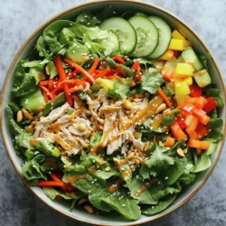 To make a great Thai chicken salad, you need fresh and vibrant ingredients. Here’s what you will need: - 2 cups cooked chicken, shredded - 4 cups mixed salad greens (romaine, spinach, and arugula) - 1 cup shredded carrots - 1 bell pepper (red or yellow), thinly sliced - 1/2 cup cucumber, thinly sliced - 1/2 cup fresh cilantro, chopped - 1/4 cup thinly sliced green onions - 1/4 cup roasted peanuts, crushed - 1 tablespoon sesame seeds The dressing adds a zesty kick to the salad. Gather these items: - 3 tablespoons lime juice - 2 tablespoons fish sauce - 1 tablespoon honey - 1 tablespoon peanut butter - 1 teaspoon grated ginger - 1 teaspoon garlic, minced - 1 teaspoon chili flakes (adjust based on heat preference) You can customize your salad with fun add-ins. Try these options: - Avocado for creaminess - Sliced radishes for crunch - Edamame for extra protein - Fresh mint for a unique twist This Thai Chicken Salad bursts with flavor and freshness. You can find the full recipe linked below to guide you through the steps! To make the dressing, grab a small bowl. Combine lime juice, fish sauce, honey, peanut butter, grated ginger, minced garlic, and chili flakes. Whisk them together until smooth. This mixture adds a tangy and sweet kick to your salad. Set it aside while you work on the salad. In a large bowl, add mixed salad greens. You can use romaine, spinach, and arugula for a tasty base. Next, add shredded chicken, shredded carrots, sliced bell pepper, and cucumber. Toss in chopped cilantro and green onions for a fresh burst of flavor. Drizzle your prepared dressing over the salad. Gently toss to coat all ingredients evenly. Let the salad rest for about 10 minutes. This helps the flavors blend well. Just before serving, sprinkle crushed peanuts and sesame seeds on top. This adds a nice crunch! Serve right away or chill it for a refreshing dish. For the full recipe, check out the details above. To get perfect shredded chicken, use cooked chicken breasts. Start with a fork to pull the meat apart. For easier shredding, let the chicken cool slightly first. You can also use your hands for a more direct approach. You can make this salad your own! Add fruits like mango or pineapple for sweetness. Swap the chicken for tofu or shrimp to match your taste. Feel free to change the greens too. Try kale or napa cabbage for a new twist. Fresh ingredients make a big difference in your salad. Use crisp salad greens like romaine and spinach. Look for bright, vibrant veggies like bell peppers and carrots. Fresh herbs like cilantro add a nice touch. Always check your ingredients before cooking for the best results. {{image_2}} You can make a tasty Thai salad without chicken. Use tofu or tempeh as your protein. Both are great at soaking up flavors. For a vegan dressing, swap fish sauce for soy sauce or tamari. Use maple syrup instead of honey for sweetness. This will keep the dish plant-based and delicious. You can mix things up with different proteins. Grilled shrimp or seared beef work well, too. Try adding cooked quinoa for a hearty touch. If you like seafood, shredded crab or tuna can also fit in nicely. Each option adds its unique flavor to the salad. Feel free to change ingredients for your needs. If you want a gluten-free option, check your fish sauce brand. Use a gluten-free soy sauce if you need that. Swap out peanuts for sunflower seeds if you have a nut allergy. This salad is flexible, so you can enjoy it your way. For the full recipe, check out the Zesty Thai Chicken Salad. To keep your Thai chicken salad fresh, store leftovers in an airtight container. This helps keep the salad crisp. Place it in the fridge. It will stay good for up to three days. If the salad has dressing, store it separately. This way, the greens won’t get soggy. For meal prep, chop all veggies in advance. Store each ingredient in separate containers. This helps keep flavors fresh and vibrant. Mix the salad just before serving. You can also cook and shred the chicken ahead of time. This saves you time on busy nights. Most ingredients in this salad last well. Here’s how long you can expect them to stay fresh: - Cooked chicken: 3-4 days in the fridge. - Mixed salad greens: 3-5 days if kept dry. - Shredded carrots: About 1 week in the fridge. - Bell peppers: 1 week if stored whole. - Cucumbers: 1 week in the fridge. - Fresh cilantro: 1 week, but use it sooner for best taste. - Peanuts and sesame seeds: Keep them in a cool, dry place for months. Following these tips will keep your Thai chicken salad tasting great! For the full recipe, check out the details above. You can use soy sauce as a substitute for fish sauce. It gives a nice salty flavor. Tamari is another option if you want a gluten-free choice. You can also mix soy sauce with a bit of lime juice for a fresh twist. This gives you a similar taste without using fish sauce. Yes, you can make this salad ahead of time! Just prepare the salad and dressing separately. Mix them together right before serving. This keeps your greens fresh and crisp. If you mix them too early, the salad may get soggy. Serve this salad cold for a refreshing meal. You can place it in a large bowl for sharing or on individual plates. Adding extra toppings like crushed peanuts or sesame seeds right before serving gives it a nice crunch. Pair it with rice or noodles to make it a full meal. The spiciness of this salad depends on how much chili flakes you add. You can adjust the heat to your liking. For a milder flavor, use less chili, or skip it altogether. If you love heat, feel free to add more chili or even fresh chili peppers! We covered the key elements for making a great Thai Chicken Salad. You learned about ingredients, dressings, and optional add-ins. I shared step-by-step instructions and tips for customizing your salad. We also explored storage tips and answers to common questions. Remember, this recipe is flexible. You can change it to fit your taste. Enjoy your fresh salad, knowing it’s tasty and fun to make.