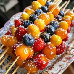 You can use many fruits for Tanghulu. Here are some great options: - 6-8 small strawberries - 6-8 blueberries - 6-8 kumquats - 6-8 grapes These fruits are sweet and look great when coated. Choose fresh and firm fruits for the best results. You need a few key ingredients to make the candy coating: - 1 cup granulated sugar - 1/2 cup water - 1 tablespoon corn syrup (optional for shine) The sugar and water create a sweet syrup, while corn syrup helps it shine. You can add extra fun with these garnishes: - Edible glitter - Shredded coconut These add a special touch and make your Tanghulu even more delightful. For the full recipe, check the recipe section above! Start by rinsing your fruits well. This step is key for a good finish. Use a clean towel to dry them completely. Moisture on the fruits will make the sugar slide off. For strawberries, make sure to remove the green tops. If you’re using kumquats, you can leave them whole. Grab a small saucepan and combine 1 cup of granulated sugar with 1/2 cup of water. If you like, add 1 tablespoon of corn syrup for extra shine. Stir this mix over medium heat until the sugar dissolves. Once it’s clear, raise the heat. Let it boil without stirring for about 5-7 minutes. You want it to reach 300°F (149°C). A candy thermometer helps here. The syrup should be clear and slightly thicker. Remove the syrup from the heat when it’s ready. Let it cool for just a minute. Dip each fruit skewer into the syrup. Rotate the skewer to coat the fruit fully. This ensures every side gets covered. Place the coated fruits on parchment paper or a silicone mat. Let them cool for 10-15 minutes until the candy hardens. If you like, sprinkle edible glitter or shredded coconut while the coating is still tacky. This adds a fun touch to your Tanghulu. For the full recipe, check the recipe section above. To make the best sugar syrup, use a heavy saucepan. Combine sugar and water in equal parts. Stir gently as it heats. You want the sugar to dissolve completely. Once it boils, avoid stirring. Use a candy thermometer to check the temperature. Aim for 300°F (149°C). This is the hard crack stage. Remove it from heat and let it cool a bit. The syrup will thicken and become clear. This is your sweet coating. Skewering fruits is simple. Use wooden skewers or lollipop sticks. Push the skewer through the center of the fruit. Make sure it goes in straight. For smaller fruits, like grapes, one skewer is enough. For larger fruits, like strawberries, use two skewers. This keeps them stable when you dip them in syrup. Presentation is key for Tanghulu. Use a bright platter to show off your fruits. Arrange them in a circle or line for fun. You can even stand them up in a cup of rice or sand. This keeps them upright and makes a great display. Add some edible glitter or coconut for extra flair. Serve them fresh for a crunchy treat. For a fun twist, let guests choose their favorite fruit. You can find the full recipe at the start of this article. {{image_2}} You can use many fruits for tanghulu. Choose small fruits like strawberries, blueberries, kumquats, or grapes. Each fruit adds its own flavor. For a fun twist, try using cherries or pineapple chunks. The key is to keep the fruits small and easy to skewer. Mixing different fruits gives a colorful look and great taste. The classic sugar coating is sweet, but you can mix things up. Consider adding flavors to the syrup. A splash of lemon juice adds tartness. You can also use a drop of vanilla extract for a warm flavor. For a spicy kick, try a pinch of cinnamon or chili powder. Experimenting with flavors will make your tanghulu unique. You can adjust tanghulu for each season. In spring, use fresh berries for bright colors. Summer is perfect for tropical fruits like mango and kiwi. In fall, try apple slices coated with caramel. Winter can bring fun with citrus fruits like oranges or pomegranates. Seasonal fruits not only taste great but also look festive. For the full recipe, check out [Full Recipe]. Store your Tanghulu in a cool, dry place. Place them in an airtight container. Using parchment paper between layers helps avoid sticking. Keep them away from moisture and heat. This way, they stay fresh and crunchy. Tanghulu is best eaten within 1-2 days of making. After 2 days, the candy may lose its crispness. You can keep them for about a week, but they may get soft. Always check for any signs of moisture or stickiness before eating. If your Tanghulu gets soft, you can re-crisp them. Preheat your oven to 200°F (93°C). Place the Tanghulu on a baking sheet. Bake them for about 5-10 minutes. Keep a close eye to avoid melting. This helps restore some crunch. Enjoy your freshly crisped treat! Tanghulu is a Chinese snack that features fruits on skewers, coated in hard candy. The candy shell is sweet and crunchy. Common fruits include strawberries, grapes, and kumquats. It is often sold by street vendors in China, especially during winter. I do not recommend using frozen fruits for Tanghulu. Frozen fruits have more water, which makes the candy coating soft. Fresh fruits hold their shape better and create a crunchier texture. If you only have frozen fruits, thaw them completely and dry them well before coating. To keep the candy coating crisp, store the Tanghulu in a cool, dry place. Avoid humidity, as moisture can make the candy sticky. Keep the fruits on skewers until you are ready to eat them. If you notice any moisture, gently reheat them briefly to dry out the coating. You can find Tanghulu ingredients at most grocery stores. Look for fresh fruits in the produce section. Granulated sugar and corn syrup are common pantry items. If you want to get creative with garnishes, check specialty stores or online for edible glitter and shredded coconut. For the full recipe, refer back to the earlier sections. You now know how to make Tanghulu from start to finish. We covered key ingredients, step-by-step instructions, and helpful tips. Remember, using fresh fruits and perfecting the sugar syrup is key. Be creative with flavors and presentations to impress your friends. Store your Tanghulu correctly to keep it crunchy. Now, go make your own Tanghulu and enjoy this tasty treat!