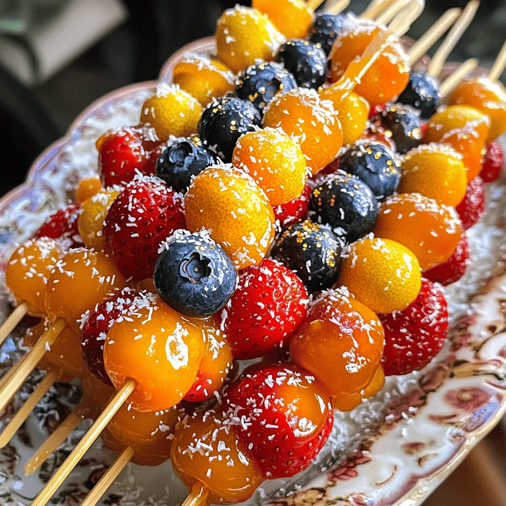 You can use many fruits for Tanghulu. Here are some great options: - 6-8 small strawberries - 6-8 blueberries - 6-8 kumquats - 6-8 grapes These fruits are sweet and look great when coated. Choose fresh and firm fruits for the best results. You need a few key ingredients to make the candy coating: - 1 cup granulated sugar - 1/2 cup water - 1 tablespoon corn syrup (optional for shine) The sugar and water create a sweet syrup, while corn syrup helps it shine. You can add extra fun with these garnishes: - Edible glitter - Shredded coconut These add a special touch and make your Tanghulu even more delightful. For the full recipe, check the recipe section above! Start by rinsing your fruits well. This step is key for a good finish. Use a clean towel to dry them completely. Moisture on the fruits will make the sugar slide off. For strawberries, make sure to remove the green tops. If you’re using kumquats, you can leave them whole. Grab a small saucepan and combine 1 cup of granulated sugar with 1/2 cup of water. If you like, add 1 tablespoon of corn syrup for extra shine. Stir this mix over medium heat until the sugar dissolves. Once it’s clear, raise the heat. Let it boil without stirring for about 5-7 minutes. You want it to reach 300°F (149°C). A candy thermometer helps here. The syrup should be clear and slightly thicker. Remove the syrup from the heat when it’s ready. Let it cool for just a minute. Dip each fruit skewer into the syrup. Rotate the skewer to coat the fruit fully. This ensures every side gets covered. Place the coated fruits on parchment paper or a silicone mat. Let them cool for 10-15 minutes until the candy hardens. If you like, sprinkle edible glitter or shredded coconut while the coating is still tacky. This adds a fun touch to your Tanghulu. For the full recipe, check the recipe section above. To make the best sugar syrup, use a heavy saucepan. Combine sugar and water in equal parts. Stir gently as it heats. You want the sugar to dissolve completely. Once it boils, avoid stirring. Use a candy thermometer to check the temperature. Aim for 300°F (149°C). This is the hard crack stage. Remove it from heat and let it cool a bit. The syrup will thicken and become clear. This is your sweet coating. Skewering fruits is simple. Use wooden skewers or lollipop sticks. Push the skewer through the center of the fruit. Make sure it goes in straight. For smaller fruits, like grapes, one skewer is enough. For larger fruits, like strawberries, use two skewers. This keeps them stable when you dip them in syrup. Presentation is key for Tanghulu. Use a bright platter to show off your fruits. Arrange them in a circle or line for fun. You can even stand them up in a cup of rice or sand. This keeps them upright and makes a great display. Add some edible glitter or coconut for extra flair. Serve them fresh for a crunchy treat. For a fun twist, let guests choose their favorite fruit. You can find the full recipe at the start of this article. {{image_2}} You can use many fruits for tanghulu. Choose small fruits like strawberries, blueberries, kumquats, or grapes. Each fruit adds its own flavor. For a fun twist, try using cherries or pineapple chunks. The key is to keep the fruits small and easy to skewer. Mixing different fruits gives a colorful look and great taste. The classic sugar coating is sweet, but you can mix things up. Consider adding flavors to the syrup. A splash of lemon juice adds tartness. You can also use a drop of vanilla extract for a warm flavor. For a spicy kick, try a pinch of cinnamon or chili powder. Experimenting with flavors will make your tanghulu unique. You can adjust tanghulu for each season. In spring, use fresh berries for bright colors. Summer is perfect for tropical fruits like mango and kiwi. In fall, try apple slices coated with caramel. Winter can bring fun with citrus fruits like oranges or pomegranates. Seasonal fruits not only taste great but also look festive. For the full recipe, check out [Full Recipe]. Store your Tanghulu in a cool, dry place. Place them in an airtight container. Using parchment paper between layers helps avoid sticking. Keep them away from moisture and heat. This way, they stay fresh and crunchy. Tanghulu is best eaten within 1-2 days of making. After 2 days, the candy may lose its crispness. You can keep them for about a week, but they may get soft. Always check for any signs of moisture or stickiness before eating. If your Tanghulu gets soft, you can re-crisp them. Preheat your oven to 200°F (93°C). Place the Tanghulu on a baking sheet. Bake them for about 5-10 minutes. Keep a close eye to avoid melting. This helps restore some crunch. Enjoy your freshly crisped treat! Tanghulu is a Chinese snack that features fruits on skewers, coated in hard candy. The candy shell is sweet and crunchy. Common fruits include strawberries, grapes, and kumquats. It is often sold by street vendors in China, especially during winter. I do not recommend using frozen fruits for Tanghulu. Frozen fruits have more water, which makes the candy coating soft. Fresh fruits hold their shape better and create a crunchier texture. If you only have frozen fruits, thaw them completely and dry them well before coating. To keep the candy coating crisp, store the Tanghulu in a cool, dry place. Avoid humidity, as moisture can make the candy sticky. Keep the fruits on skewers until you are ready to eat them. If you notice any moisture, gently reheat them briefly to dry out the coating. You can find Tanghulu ingredients at most grocery stores. Look for fresh fruits in the produce section. Granulated sugar and corn syrup are common pantry items. If you want to get creative with garnishes, check specialty stores or online for edible glitter and shredded coconut. For the full recipe, refer back to the earlier sections. You now know how to make Tanghulu from start to finish. We covered key ingredients, step-by-step instructions, and helpful tips. Remember, using fresh fruits and perfecting the sugar syrup is key. Be creative with flavors and presentations to impress your friends. Store your Tanghulu correctly to keep it crunchy. Now, go make your own Tanghulu and enjoy this tasty treat!