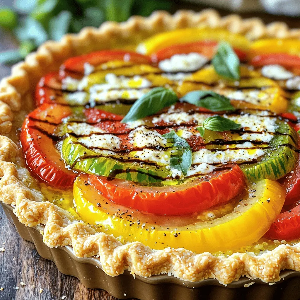 Heirloom Tomato Pie is a treat that shines in summer. The vibrant, juicy tomatoes bring life to any meal. Each bite bursts with flavor, making it a must-try. To make this pie, gather these key ingredients: - 3 cups heirloom tomatoes, sliced (various colors for visual appeal) - 1 pre-made pie crust (or homemade if preferred) - 1 cup shredded mozzarella cheese - 1 cup ricotta cheese - 1/2 cup grated Parmesan cheese - 1 clove garlic, minced - 2 teaspoons fresh basil, chopped (plus extra for garnish) - 1 teaspoon fresh thyme leaves - Salt and pepper to taste - 1 tablespoon olive oil - 1 tablespoon balsamic vinegar - 1 tablespoon cornmeal (for dusting) These ingredients blend perfectly to create a rich, creamy filling with a crispy crust. You can customize your pie with these tasty add-ins: - Sliced olives for a briny kick - Sautéed onions for sweetness - Spinach or kale for added greens - Different cheeses like goat cheese for a tangy twist Feel free to mix and match to create your ideal flavor. Enjoy the process and have fun with your Heirloom Tomato Pie creation! First, preheat your oven to 375°F (190°C). If you use a pre-made pie crust, follow the package instructions. Bake it for about 10 minutes until lightly golden. If making a homemade crust, roll it out and place it in a pie dish. Blind bake the crust to help it stay firm. In a mixing bowl, combine the ricotta cheese, grated Parmesan, minced garlic, chopped basil, and thyme. Add salt and pepper to taste. Mix until it is creamy and smooth. This filling gives the pie a rich taste. Start by sprinkling a thin layer of cornmeal in the pre-baked crust. This helps absorb moisture from the tomatoes. Spread half of the cheese mixture over the crust. Next, layer half of the sliced heirloom tomatoes on top, mixing colors for a pretty look. Drizzle with olive oil and balsamic vinegar. Season with salt and pepper. Now, add the rest of the cheese mixture on top of the first layer. Repeat with the remaining tomatoes, finishing with mozzarella cheese on top. Bake the pie for 35-40 minutes. You want the cheese to be bubbly and the tomatoes roasted. Let it cool for about 10 minutes before slicing. Garnish with fresh basil before serving. For the full recipe, refer to the ingredients list. When picking heirloom tomatoes, look for bright colors. Varieties like Cherokee Purple and Green Zebra stand out. Feel for firm tomatoes with no soft spots. The smell should be sweet and fragrant. Different colors add beauty to your pie. Try to mix red, yellow, and purple tomatoes for a vibrant look. This mix not only pleases the eyes but also adds layers of flavor. A good crust makes all the difference. Use a pre-made crust for speed or make your own for fun. If using a store-bought crust, pre-bake it lightly. This step helps keep the crust crispy. Dust the bottom with cornmeal for extra crunch. If you're feeling bold, make a homemade crust with flour, butter, and a pinch of salt. Roll it thin and let it chill before baking. The right seasonings lift the taste of your pie. Fresh herbs like basil and thyme are perfect. They add depth and a fresh taste. Don't skip the garlic; it brings warmth. A drizzle of balsamic vinegar adds a sweet tang. Use salt and pepper to balance flavors. For an extra kick, add a pinch of red pepper flakes. These simple touches turn your heirloom tomato pie into a flavorful delight. Check the Full Recipe for detailed steps! {{image_2}} If you want a gluten-free pie crust, you have choices. You can buy a pre-made gluten-free crust at the store. Look for brands labeled gluten-free. You can also make your own. Use almond flour or gluten-free all-purpose flour. Mix with butter and a bit of water. Press the dough into your pie dish. Bake it before adding the filling. This crust works well with heirloom tomato pie. To make your pie even tastier, add some veggies. Spinach or kale adds color and flavor. Sauté them first to reduce moisture. You can also add bell peppers for sweetness. Mushrooms can give a nice umami taste. Try adding zucchini or summer squash, too. Just slice them thinly and layer them in the pie. These additions make your pie more colorful and delicious. Cheese is key in this pie. While mozzarella, ricotta, and Parmesan are great, you can mix it up. Try using goat cheese for a tangy twist. Feta cheese adds a salty kick. Aged cheddar brings a sharp flavor that pairs well with tomatoes. Mix different cheeses for a depth of taste. Just remember to keep the cheese balance right. Too much can overwhelm the pie. Use the Full Recipe as a guide for cheese amounts. Store leftover heirloom tomato pie in the fridge. Use an airtight container for the best results. You can also cover the pie with plastic wrap or aluminum foil. Leftovers stay fresh for up to three days. To reheat, preheat your oven to 350°F (175°C). Place the pie on a baking sheet. Heat for about 15 to 20 minutes. This warms the pie evenly and keeps the crust crispy. You can also microwave it on medium power for about two minutes if you’re in a hurry. If you want to freeze the pie, wrap it tightly in plastic wrap. Then, place it in a freezer-safe bag or container. It can last up to three months in the freezer. To enjoy, thaw it overnight in the fridge before reheating. This keeps the flavor intact and the crust nice. Yes, you can use regular tomatoes. However, heirloom tomatoes have a unique flavor. They come in many shapes and colors. This adds more taste and beauty to your pie. If you choose regular tomatoes, pick the ripest ones. They should be juicy for the best results. The pie stays good in the fridge for about three to five days. Make sure to cover it well. This keeps it fresh and tasty. If you want to enjoy it longer, consider freezing it. Heirloom Tomato Pie tastes great with many sides. Here are a few ideas: - A simple green salad with vinaigrette - Grilled vegetables for a smoky touch - A light soup, like gazpacho, for a refreshing mix - Garlic bread to soak up flavors These sides complement the pie's rich flavors and make a complete meal. Enjoy your cooking adventures with the Full Recipe! In this post, we covered how to make a delicious Heirloom Tomato Pie. We reviewed key ingredients, simple steps, and helpful tips. Optional add-ins and variations let you customize your pie. We also discussed storage care for leftovers and answered common questions. The joy of cooking lies in sharing. With this recipe, you can create a tasty dish that friends and family will love. Enjoy experimenting and making it your own!