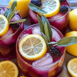 - 1 cup fresh blackberries - 1/4 cup fresh sage leaves - 1 cup freshly squeezed lemon juice - 1 cup granulated sugar - 1 cup water (for syrup) - 4 cups cold water (for dilution) - Ice cubes - Lemon slices - Additional sage leaves I love using fresh ingredients in my drinks. Blackberries offer a sweet and tart taste. They are also rich in vitamins and antioxidants. Sage adds a unique herbal note. It pairs beautifully with the bright lemon juice. The mix of flavors is refreshing and vibrant. For pantry staples, I use granulated sugar to sweeten the drink. You can adjust the amount to fit your taste. The water helps create the syrup and dilute the lemonade. Cold water makes it extra refreshing on hot days. When serving, I recommend adding ice cubes. They keep the drink cold and crisp. Lemon slices add a pretty touch to each glass. You can also add extra sage leaves for flavor and garnish. This drink looks as good as it tastes! Try my full recipe for Blackberry Sage Lemonade to enjoy this vibrant drink. To start, grab a small saucepan. Combine 1 cup of fresh blackberries, 1/4 cup of sage leaves, 1 cup of granulated sugar, and 1 cup of water. Heat the mixture over medium heat. Stir occasionally until the sugar dissolves and the blackberries soften. This should take about 5 to 7 minutes. The goal is to create a thick syrup. Once the syrup thickens, remove it from heat. Let it cool for a few minutes. Next, strain the mixture through a fine mesh sieve into a bowl or pitcher. Press the solids gently to extract as much liquid as you can. Discard the leftover solids. This step ensures your syrup is smooth and flavorful. Now, mix the cooled blackberry sage syrup with 1 cup of freshly squeezed lemon juice in a large pitcher. Stir well to blend the flavors. Then, add 4 cups of cold water to the mixture. Taste it. If you want it sweeter, feel free to add more sugar. Refrigerate the mixture for at least one hour to chill. When you're ready to serve, fill glasses with ice cubes. Pour the blackberry sage lemonade over the ice. For a lovely touch, garnish each glass with lemon slices and a few sage leaves. Enjoy this refreshing drink! Don’t forget to check out the Full Recipe for more details. To make your blackberry sage lemonade shine, start with ripe blackberries. They bring out the best sweetness. If you want it sweeter, you can adjust the sugar to fit your taste. Just remember, you can always add more, but you can't take it away once it's in. For a great flavor boost, chill your lemonade well before serving. A good tip is to refrigerate it for at least one hour. Serve it in clear glasses to show off the rich color. For a cool touch, pack the glasses with ice cubes. You can even freeze some blackberries to use as ice cubes. They look pretty and keep your drink cold without watering it down. Blackberries are not just tasty; they are healthy too. They are full of vitamins and antioxidants. These can help boost your immune system and improve your skin. Sage, on the other hand, adds more than just flavor. It can help with digestion and has anti-inflammatory properties. So, you can enjoy this drink while benefiting your health. For the full recipe, check out the [Full Recipe]. {{image_2}} You can add new flavors to your blackberry sage lemonade. Try mixing in other fruits like raspberry or strawberry. These fruits blend well, adding sweetness and a fresh taste. You can also swap sage for other herbs. Mint brings a cool touch, while basil adds a unique twist. Each choice gives your drink a new vibe. If you want to change the sweetness, consider natural sweeteners. Honey or agave syrup works well and offers a different flavor. You can also use stevia for a low-sugar option. Adjust the amounts to fit your taste. This way, you can enjoy your drink without too much sugar. Want a fun twist? Add vodka or gin to your lemonade. Both spirits mix well and enhance the drink’s flavor. For seasonal fun, try adding flavored spirits like peach vodka in summer or spiced gin in the fall. These choices can turn your refreshing drink into a tasty cocktail for any party. To keep your blackberry sage lemonade fresh, use a glass pitcher. Glass helps maintain the flavor. Make sure the pitcher is airtight to prevent odors from the fridge. If you have a smaller amount left, a mason jar works well too. You can store the lemonade in the fridge for about 5 days. Check for signs of spoilage before drinking. If you notice an off smell or the drink looks cloudy, it’s best to toss it. Freshness is key to enjoying this drink. If you want to save some for later, freeze the blackberry sage syrup. Pour it into ice cube trays for easy use. To thaw, leave the cubes in the fridge overnight. You can mix the thawed syrup with water and lemon juice for a quick drink later. To make blackberry sage lemonade, follow these simple steps: 1. Make the syrup: Combine blackberries, sage, sugar, and water in a small pan. Boil it gently for about 5-7 minutes. 2. Strain the syrup: Cool it slightly, then strain out the solids. 3. Mix it all: Combine the syrup with lemon juice in a pitcher. 4. Dilute and chill: Add cold water. Stir well and chill for at least an hour. 5. Serve: Pour over ice and garnish with lemon slices and sage leaves. Yes, you can use frozen blackberries. Here are the pros and cons: - Pros: Frozen blackberries are easy to find and often cheaper. They blend well when cooked, just like fresh ones. - Cons: They may not have the same texture as fresh ones. You might notice a slight change in flavor, but it still tastes great! Blackberry sage lemonade pairs well with various foods, including: - Grilled chicken or fish for a light meal. - Salads, especially those with berries or citrus. - Light desserts like sorbets or fruit tarts. It's great for picnics, summer parties, or any fun gathering! To adjust the sweetness of your blackberry sage lemonade, try these techniques: - Add more sugar: If it’s too tart, add a bit more sugar to your syrup. - Use simple syrup: Make a simple syrup with equal parts sugar and water. Add it to taste. - Try honey or agave: These natural sweeteners can add a different flavor. Just mix in small amounts until you like the taste. Feel free to experiment until you find your perfect balance! This blog post covered how to make delicious Blackberry Sage Lemonade. You learned about fresh ingredients, pantry staples, and optional garnishes. We explained step-by-step instructions for making the syrup, straining it, and combining everything. Tips for flavor, chilling, and health benefits are included too. You explored variations, storage tips, and some common questions. Incorporate fresh flavors and enjoy this drink all summer. You'll impress friends and family!