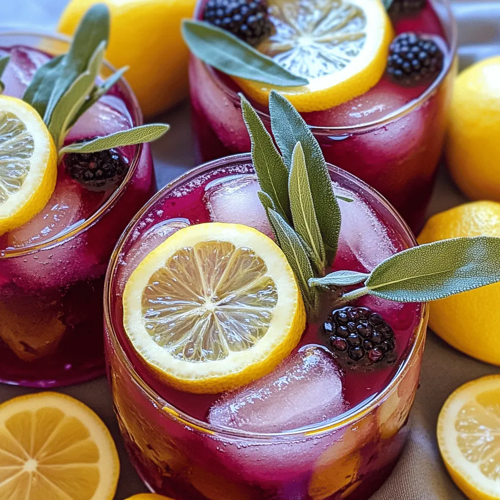 - 1 cup fresh blackberries - 1/4 cup fresh sage leaves - 1 cup freshly squeezed lemon juice - 1 cup granulated sugar - 1 cup water (for syrup) - 4 cups cold water (for dilution) - Ice cubes - Lemon slices - Additional sage leaves I love using fresh ingredients in my drinks. Blackberries offer a sweet and tart taste. They are also rich in vitamins and antioxidants. Sage adds a unique herbal note. It pairs beautifully with the bright lemon juice. The mix of flavors is refreshing and vibrant. For pantry staples, I use granulated sugar to sweeten the drink. You can adjust the amount to fit your taste. The water helps create the syrup and dilute the lemonade. Cold water makes it extra refreshing on hot days. When serving, I recommend adding ice cubes. They keep the drink cold and crisp. Lemon slices add a pretty touch to each glass. You can also add extra sage leaves for flavor and garnish. This drink looks as good as it tastes! Try my full recipe for Blackberry Sage Lemonade to enjoy this vibrant drink. To start, grab a small saucepan. Combine 1 cup of fresh blackberries, 1/4 cup of sage leaves, 1 cup of granulated sugar, and 1 cup of water. Heat the mixture over medium heat. Stir occasionally until the sugar dissolves and the blackberries soften. This should take about 5 to 7 minutes. The goal is to create a thick syrup. Once the syrup thickens, remove it from heat. Let it cool for a few minutes. Next, strain the mixture through a fine mesh sieve into a bowl or pitcher. Press the solids gently to extract as much liquid as you can. Discard the leftover solids. This step ensures your syrup is smooth and flavorful. Now, mix the cooled blackberry sage syrup with 1 cup of freshly squeezed lemon juice in a large pitcher. Stir well to blend the flavors. Then, add 4 cups of cold water to the mixture. Taste it. If you want it sweeter, feel free to add more sugar. Refrigerate the mixture for at least one hour to chill. When you're ready to serve, fill glasses with ice cubes. Pour the blackberry sage lemonade over the ice. For a lovely touch, garnish each glass with lemon slices and a few sage leaves. Enjoy this refreshing drink! Don’t forget to check out the Full Recipe for more details. To make your blackberry sage lemonade shine, start with ripe blackberries. They bring out the best sweetness. If you want it sweeter, you can adjust the sugar to fit your taste. Just remember, you can always add more, but you can't take it away once it's in. For a great flavor boost, chill your lemonade well before serving. A good tip is to refrigerate it for at least one hour. Serve it in clear glasses to show off the rich color. For a cool touch, pack the glasses with ice cubes. You can even freeze some blackberries to use as ice cubes. They look pretty and keep your drink cold without watering it down. Blackberries are not just tasty; they are healthy too. They are full of vitamins and antioxidants. These can help boost your immune system and improve your skin. Sage, on the other hand, adds more than just flavor. It can help with digestion and has anti-inflammatory properties. So, you can enjoy this drink while benefiting your health. For the full recipe, check out the [Full Recipe]. {{image_2}} You can add new flavors to your blackberry sage lemonade. Try mixing in other fruits like raspberry or strawberry. These fruits blend well, adding sweetness and a fresh taste. You can also swap sage for other herbs. Mint brings a cool touch, while basil adds a unique twist. Each choice gives your drink a new vibe. If you want to change the sweetness, consider natural sweeteners. Honey or agave syrup works well and offers a different flavor. You can also use stevia for a low-sugar option. Adjust the amounts to fit your taste. This way, you can enjoy your drink without too much sugar. Want a fun twist? Add vodka or gin to your lemonade. Both spirits mix well and enhance the drink’s flavor. For seasonal fun, try adding flavored spirits like peach vodka in summer or spiced gin in the fall. These choices can turn your refreshing drink into a tasty cocktail for any party. To keep your blackberry sage lemonade fresh, use a glass pitcher. Glass helps maintain the flavor. Make sure the pitcher is airtight to prevent odors from the fridge. If you have a smaller amount left, a mason jar works well too. You can store the lemonade in the fridge for about 5 days. Check for signs of spoilage before drinking. If you notice an off smell or the drink looks cloudy, it’s best to toss it. Freshness is key to enjoying this drink. If you want to save some for later, freeze the blackberry sage syrup. Pour it into ice cube trays for easy use. To thaw, leave the cubes in the fridge overnight. You can mix the thawed syrup with water and lemon juice for a quick drink later. To make blackberry sage lemonade, follow these simple steps: 1. Make the syrup: Combine blackberries, sage, sugar, and water in a small pan. Boil it gently for about 5-7 minutes. 2. Strain the syrup: Cool it slightly, then strain out the solids. 3. Mix it all: Combine the syrup with lemon juice in a pitcher. 4. Dilute and chill: Add cold water. Stir well and chill for at least an hour. 5. Serve: Pour over ice and garnish with lemon slices and sage leaves. Yes, you can use frozen blackberries. Here are the pros and cons: - Pros: Frozen blackberries are easy to find and often cheaper. They blend well when cooked, just like fresh ones. - Cons: They may not have the same texture as fresh ones. You might notice a slight change in flavor, but it still tastes great! Blackberry sage lemonade pairs well with various foods, including: - Grilled chicken or fish for a light meal. - Salads, especially those with berries or citrus. - Light desserts like sorbets or fruit tarts. It's great for picnics, summer parties, or any fun gathering! To adjust the sweetness of your blackberry sage lemonade, try these techniques: - Add more sugar: If it’s too tart, add a bit more sugar to your syrup. - Use simple syrup: Make a simple syrup with equal parts sugar and water. Add it to taste. - Try honey or agave: These natural sweeteners can add a different flavor. Just mix in small amounts until you like the taste. Feel free to experiment until you find your perfect balance! This blog post covered how to make delicious Blackberry Sage Lemonade. You learned about fresh ingredients, pantry staples, and optional garnishes. We explained step-by-step instructions for making the syrup, straining it, and combining everything. Tips for flavor, chilling, and health benefits are included too. You explored variations, storage tips, and some common questions. Incorporate fresh flavors and enjoy this drink all summer. You'll impress friends and family!