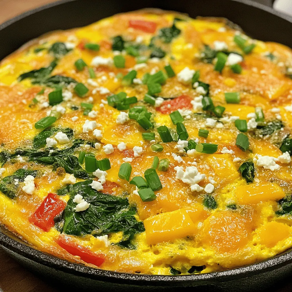 - 6 large eggs - 1/2 cup heavy cream - 1 cup shredded cheddar cheese - 1 cup chopped spinach - 1/2 cup diced bell peppers (red and yellow) - 1/4 cup finely chopped green onions - 1 teaspoon garlic powder - Optional: 1/4 cup crumbled feta cheese To make the Ultimate Cheesy Frittata, you start with these key ingredients. The eggs provide a fluffy base. The heavy cream adds richness, while the cheddar cheese gives that gooey, melty goodness. Spinach and bell peppers bring in color and nutrition. Green onions add a nice bite, and garlic powder gives depth to the flavor. If you want a tangy twist, add feta cheese. - Salt and pepper to taste - Olive oil or butter for cooking Seasoning is crucial. Salt enhances the dish, bringing out flavors. Freshly cracked pepper adds warmth. Use olive oil or butter for a non-stick surface and richness. - Additional vegetables (e.g., mushrooms, zucchini) - Different cheese varieties for enhanced flavor Feel free to mix in extra veggies like mushrooms or zucchini. This adds more texture and taste. You can also try different cheeses. Goat cheese or mozzarella can change the flavor profile and keep things exciting. For the full recipe, click [here](#). First, set your oven to 375°F (190°C). This heat will cook the frittata evenly. Next, take your oven-safe skillet. Add 2 tablespoons of olive oil or butter. Heat it over medium until it's hot but not smoking. In a large bowl, whisk together 6 large eggs and 1/2 cup of heavy cream. Make sure it's well mixed. Add 1 teaspoon of garlic powder, along with salt and pepper to taste. Now, stir in 1 cup of shredded cheddar cheese, 1 cup of chopped spinach, 1/2 cup of diced bell peppers, and 1/4 cup of finely chopped green onions. If you want more flavor, add 1/4 cup of crumbled feta cheese at this stage. Pour the egg mixture into the hot skillet. Let it cook on the stovetop for about 2-3 minutes. You will see the edges start to set. After this, move the skillet to the oven. Bake for 15-20 minutes until the center is firm and the top is golden. When it's done, take it out and let it cool for a few minutes. Then, slice it into wedges. For more details, check the Full Recipe. To know when your frittata is done, watch the edges. They should be firm and set. The center may still jiggle slightly but will firm up as it cools. If you want to avoid a soggy frittata, cook it on medium heat first. This helps to set the bottom. You can also let it cool a bit before slicing. This makes it easier to cut and serve. For herbs and spices, try adding fresh basil or parsley. These add a bright and fresh taste. You can also use smoked paprika for a smoky flavor. As for cheese, mix it up! Use mozzarella for a stretchy texture or goat cheese for a tangy kick. Mixing different cheeses can change the whole dish. Pair your frittata with a light side salad. A simple mix of greens with lemon dressing works well. You can also serve it with crusty bread or toast for a hearty meal. For plating, cut the frittata into wedges and arrange them nicely on a plate. Add a sprinkle of green onions or fresh herbs on top for color. These small touches make your frittata look beautiful and inviting. You can find the Full Recipe [here]. {{image_2}} You can make the Ultimate Cheesy Frittata even more fun by trying different variations. Mixing things up keeps breakfast exciting! Using seasonal vegetables gives you the freshest taste. You can use veggies like zucchini or mushrooms. If you want a change from spinach, try kale or chard. Both add a nice texture and flavor. Just chop them up and mix them in! Cheese plays a big role in the frittata's flavor. You can experiment with different cheese blends. Try mixing mozzarella, gouda, or even pepper jack for a kick! Adding gourmet cheeses, like blue cheese or aged cheddar, can give your frittata a unique twist. Don’t be afraid to get creative with your cheese choices! You can easily make this recipe gluten-free. Just check your cheese and other ingredients. For a low-carb option, skip the heavy cream and add more eggs. If you want a vegetarian frittata, leave out any meat. You can add extra vegetables or even beans for protein. Enjoy a delicious meal that fits your diet! For the full recipe, check out Ultimate Cheesy Frittata. To keep your frittata fresh, store leftovers in the fridge. Place it in an airtight container. You can also wrap it tightly with plastic wrap. This helps prevent it from drying out. The frittata will stay good for about three to four days. To reheat your frittata, use a microwave or an oven. If you use the microwave, heat it in short bursts. This keeps it moist. For oven reheating, set it to 350°F (175°C). Bake for about 10 minutes. Serve it warm with a side of fresh fruit or a light salad. You can freeze the frittata for longer storage. Slice it into wedges before freezing. Wrap each wedge in plastic wrap, then place them in a freezer bag. This helps save space. When you’re ready to eat, thaw it overnight in the fridge. Reheat as mentioned above. Enjoy your frittata anytime! A frittata is an egg dish cooked in a skillet. It has a thick, fluffy texture. Unlike a quiche, it has no crust. Frittatas use eggs, cheese, and veggies or meats. They differ from omelets, which are folded around fillings. Frittatas are cooked slowly, which helps set the eggs nicely. Yes, you can make a frittata ahead. It stays fresh and tasty in the fridge. Cook it fully and let it cool. Then, cover it tightly in plastic wrap or foil. It can last up to three days. Reheat it when you are ready to eat. To reheat your frittata, use a low oven. Set it to 350°F (175°C). Place the frittata on a baking sheet. Heat for about 10-15 minutes. This keeps it moist and tasty. You can also microwave it in short bursts. Just cover it with a damp paper towel. The Ultimate Cheesy Frittata lasts about three days in the fridge. After that, it may lose its flavor. Always store it in an airtight container. Check for any signs of spoilage before eating. Of course! You can add bacon, ham, or sausage. Cook the meat first before adding it to the egg mix. This way, it gets nice and crispy. Just be careful not to overload your frittata. Too much meat can make it heavy. Yes, you can use egg substitutes. Options include tofu, chickpea flour, or flaxseed meal. These can work well in a frittata. However, the texture may change a bit. Always follow the package instructions for best results. You can create a delicious frittata with simple steps and ingredients. We covered essential ingredients and seasonings to flavor your dish. You learned how to mix, cook, and store your frittata. Remember, you can always customize with extra veggies and different cheeses. Enjoy experimenting with flavors and textures. This frittata is perfect for any meal. It’s easy to make, tasty, and can save you time. Happy cooking!