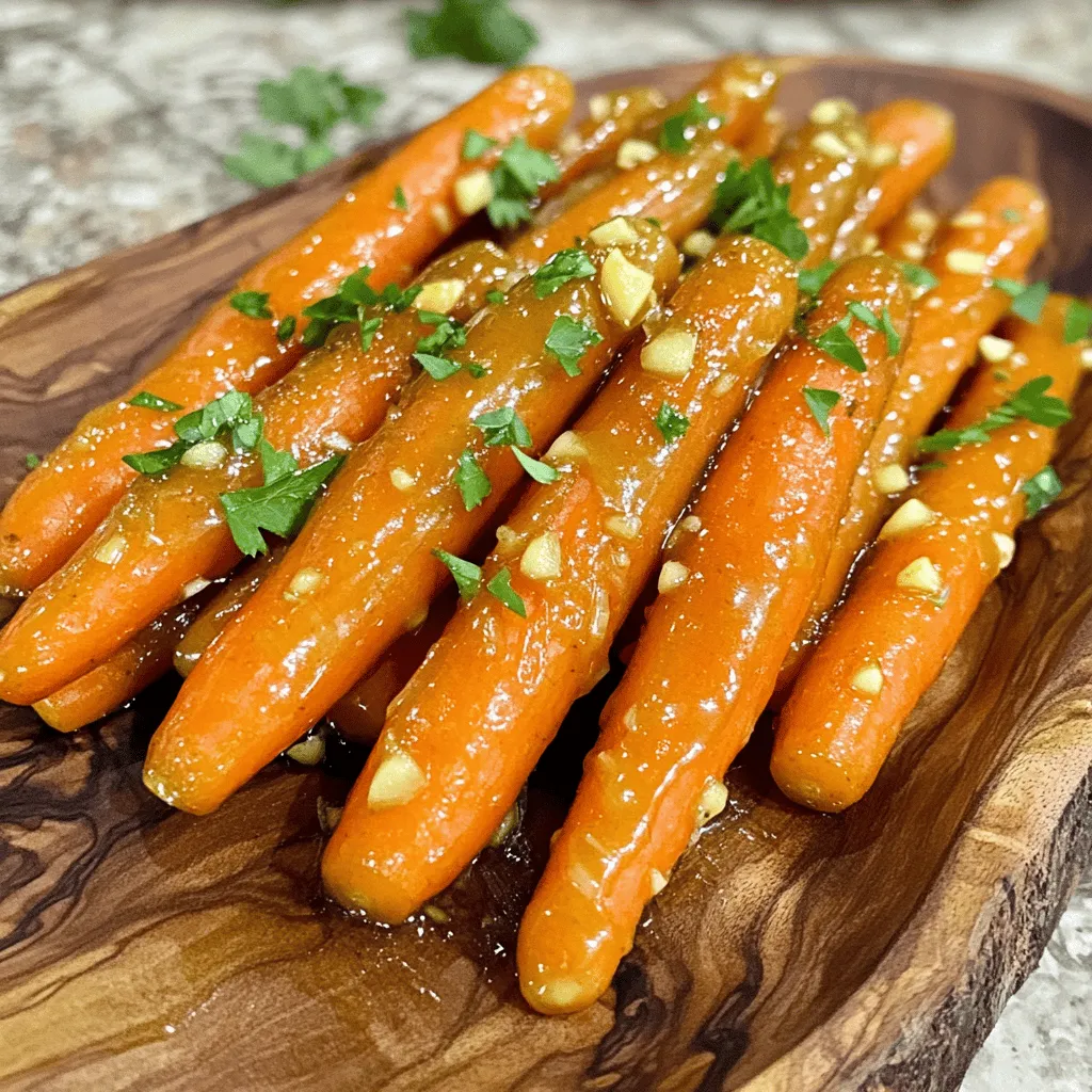 To make Garlic Honey Glazed Carrots, you need: - 1 lb (450g) baby carrots, peeled - 3 tablespoons honey - 3 tablespoons olive oil - 4 cloves garlic, minced - 1 teaspoon fresh ginger, grated - 1 teaspoon salt - ½ teaspoon black pepper - 1 tablespoon fresh parsley, chopped (for garnish) I always recommend using fresh baby carrots for this dish. Fresh carrots are crisp and sweet. They also have a vibrant color that looks great on the plate. Frozen carrots can work, but they lose some texture. If you must use frozen, thaw them first. This helps avoid sogginess. When choosing carrots, look for bright orange color and firm texture. Avoid carrots with soft spots or blemishes. For garlic, choose heads that are dry and firm. The cloves should be plump and not sprouting. Fresh ginger should feel heavy and have smooth skin. These quality ingredients make your dish shine. For the best flavor, stick to local honey. It adds a unique taste that enhances your carrots. For the full recipe, check the instructions provided. First, gather all your ingredients. You will need: - 1 lb (450g) baby carrots, peeled - 3 tablespoons honey - 3 tablespoons olive oil - 4 cloves garlic, minced - 1 teaspoon fresh ginger, grated - 1 teaspoon salt - ½ teaspoon black pepper - 1 tablespoon fresh parsley, chopped (for garnish) Make sure the carrots are clean and ready to go. You can use baby carrots or cut regular ones into sticks. Now, let’s get roasting. Start by preheating your oven to 425°F (220°C). This step is key for great flavor. In a large bowl, mix the honey, olive oil, minced garlic, grated ginger, salt, and black pepper. Whisk until everything blends well. This mixture will coat the carrots and add a sweet, savory flavor. Next, add the peeled carrots to the bowl. Toss them gently in the honey-garlic mixture. Ensure every carrot gets a good coating. Prepare a baking sheet by lining it with parchment paper. This makes cleanup easy. Spread the glazed carrots evenly on the sheet in a single layer. Roast the carrots in the oven for 20-25 minutes. Halfway through, turn the carrots over. This step helps them caramelize evenly. You want them tender and slightly browned. When the time is up, check if they are done. They should be soft when pierced with a fork. Once finished, take them out and let them cool for a few minutes. Transfer the roasted carrots to a serving platter. To make it pop, sprinkle fresh parsley on top. This adds color and a fresh taste. These garlic honey glazed carrots pair well with many dishes. They complement grilled meats and roasted chicken beautifully. You can also serve them with rice or quinoa for a complete meal. For a fun twist, try adding a squeeze of lemon juice before serving. It brightens the flavors and adds a nice zing. For the full recipe, check out the details above. Enjoy your dish! To get the best glaze on your carrots, use fresh ingredients. The honey and garlic create a rich flavor. Make sure you coat the carrots well in the mixture. Toss them until they shine. Roasting at a high temperature helps caramelize the sugars. This gives your carrots a nice golden color and sweet taste. One common mistake is not cutting the carrots evenly. If they are different sizes, they cook unevenly. Another mistake is overcrowding the pan. If too many carrots are on the sheet, they will steam instead of roast. Always spread them out in a single layer. Lastly, don’t skip turning them halfway through cooking. This ensures every side gets that perfect glaze. Add a pinch of red pepper flakes for some heat. You can also try fresh thyme or rosemary for a herby taste. A squeeze of lemon juice adds brightness. If you want a deeper flavor, consider using soy sauce. Each of these adds a unique twist without overpowering the dish. For more details, check the Full Recipe. {{image_2}} You can switch out honey for other sweeteners to change the taste. Maple syrup adds a rich, woodsy flavor. Agave nectar offers a mild sweetness that blends well. If you want less sugar, try using coconut sugar. It gives a caramel-like taste to the dish. Each option keeps the glaze nice and sticky, just like honey does. If you’re vegan or need to avoid honey, use maple syrup instead. For a nut-free option, replace olive oil with avocado oil. If you have a garlic allergy, try using shallots or omit garlic completely. You still get a tasty dish while meeting your dietary needs. This flexibility helps everyone enjoy the flavors. You can add other veggies to your carrots for more color and taste. Sweet potatoes work great with their natural sweetness. Toss in some red onions for a savory bite. Bell peppers add a pop of color and crunch. Just make sure to cut them into similar sizes for even cooking. This way, you create a vibrant and delicious mix. To store leftover garlic honey glazed carrots, place them in an airtight container. Make sure to cool them completely before sealing. Store the container in the fridge. They will last for about three to five days. Reheating them later will bring back some of their original flavor. To reheat your carrots, use a skillet over medium heat. Add a small splash of water or olive oil. This helps them stay moist. Stir the carrots gently for about five minutes. You can also use a microwave. Heat them in a bowl for about one to two minutes. Stir halfway for even warming. Freezing is a great option if you have extra carrots. First, let them cool completely. Then, place them in a freezer-safe bag. Remove as much air as possible. Seal the bag tightly. They can stay in the freezer for up to three months. When you're ready to eat them, thaw overnight in the fridge before reheating. For more details, check the Full Recipe. Yes, you can make Garlic Honey Glazed Carrots ahead of time. Cook them fully, then let them cool. Store them in an airtight container in the fridge. They will last for about three days. When ready to serve, just heat them up in the oven or microwave. This will keep them tasty and warm. Garlic Honey Glazed Carrots pair well with many dishes. Here are a few ideas: - Grilled chicken: The sweet glaze complements the savory meat. - Roast beef: The carrots add color and flavor to the plate. - Pasta: Toss them with pasta for a colorful side. - Quinoa: This healthy grain pairs well with the sweet carrots. Try these and see what you enjoy most! You can adjust the spice level to your taste. If you like it mild, stick to the basic recipe. For a kick, add a pinch of red pepper flakes or a dash of cayenne pepper. Start with a small amount and taste as you go. This way, you can find the perfect balance for your meal. Enjoy experimenting! To wrap up, we covered how to make garlic honey glazed carrots. You learned about selecting fresh ingredients and roasting them perfectly. I shared tips to enhance flavor and avoid common mistakes. You can try variations with sweeteners and other veggies. Lastly, I provided storage tips to keep leftovers tasty. With these steps, you can enjoy a delicious dish anytime. Happy cooking!