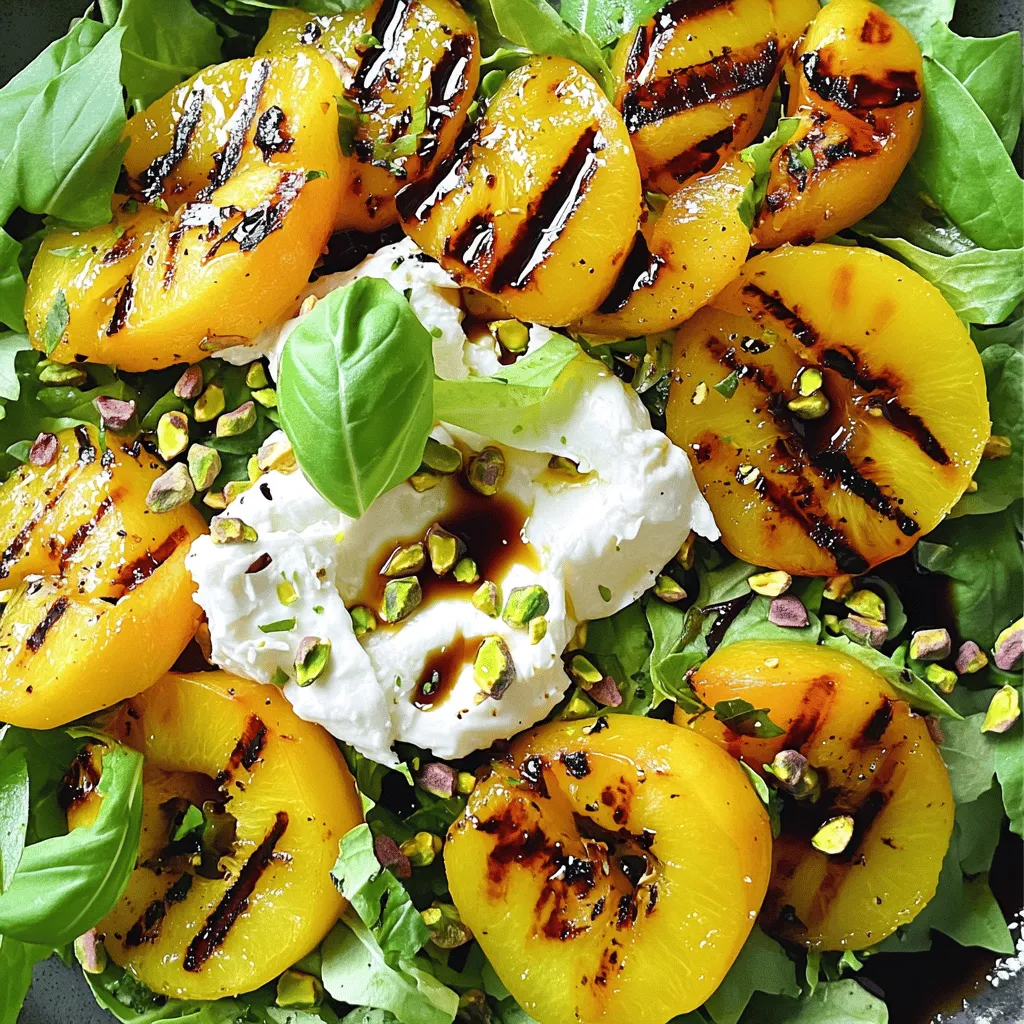 To make a Grilled Nectarine Burrata Salad, you need fresh and simple ingredients. Here's what you'll need: - 2 ripe nectarines, halved and pitted - 8 ounces burrata cheese - 4 cups mixed salad greens (arugula, spinach, and frisée) - 1/4 cup pistachios, roughly chopped - 3 tablespoons extra virgin olive oil - 1 tablespoon balsamic glaze - Salt and pepper to taste - Fresh basil leaves for garnish These ingredients come together to create a fresh and flavorful dish. The ripe nectarines add sweetness, while the burrata cheese provides creaminess. Mixed greens give it a nice crunch, and pistachios add texture. Olive oil and balsamic glaze tie it all together. You can find the complete recipe for this delightful salad below. First, you need to preheat your grill or grill pan. Set it to medium heat. This step ensures even cooking. Next, take your ripe nectarines. Brush their cut sides with some olive oil. This helps them grill nicely. Now, place the nectarines cut side down on the grill. Grill them for about 4 to 5 minutes. You want nice grill marks and a soft texture. To check for doneness, gently press the fruit. If it gives a little, it’s ready. While the nectarines are grilling, arrange your mixed greens on a large platter. These greens will serve as the base of your salad. After grilling, remove the nectarines and let them cool. Slice them into wedges. Tear the burrata cheese into pieces and place it over the greens. Next, add the grilled nectarine wedges on top. Sprinkle the chopped pistachios over everything for some crunch. Drizzle the rest of the olive oil and balsamic glaze on top. Finally, season with salt and pepper to taste. Finish with fresh basil leaves for a lovely touch. Enjoy your fresh and flavorful dish! For detailed preparation steps, check the Full Recipe. - Ideal ripeness and preparation: Choose ripe nectarines. They should feel soft but not mushy. Wash them well and cut them in half. Remove the pit carefully. - Preventing sticking to the grill: Brush the grill with oil before placing nectarines. This helps them release easily when done. - Suggestions for seasoning: A little salt and pepper can elevate the flavor. You might also add a pinch of chili flakes for a kick. - Combining complementary ingredients: Mix in fresh basil and pistachios. These add crunch and a lovely herb taste. - Arranging salad for visual appeal: Start by laying greens on a big plate. Add burrata pieces in even spaces, and then place the grilled nectarines around them. - Using garnishes effectively: Top with pistachios and fresh basil. This gives the salad color and freshness. These tips help you create a beautiful Grilled Nectarine Burrata Salad. For the full recipe, check the recipe section above. Enjoy your cooking! {{image_2}} You can change the cheese in this salad. Feta or goat cheese works well. Both add a nice flavor twist. You can also swap out the nectarines. Try peaches or plums when in season. These fruits bring their own sweetness and taste. If you need a gluten-free option, this salad is perfect. All the ingredients are naturally gluten-free. For a vegan version, use plant-based cheese. You can also skip the cheese. The salad will still taste fresh and bright. You can serve this salad in two ways. For individual servings, plate each salad separately. This makes a nice presentation for guests. If you prefer family-style, put everything on a big platter. This way, everyone can serve themselves. You can add grains like quinoa or proteins like grilled chicken. These additions make it heartier and more filling. For the full recipe, check out the detailed steps. To keep your leftover salad fresh, use airtight containers. Glass or plastic containers work well. Store in the fridge for up to two days. After this time, the greens may wilt, and the flavors may fade. You can enjoy grilled nectarines cold or warm. If you prefer them warm, gently heat them in a skillet. This method keeps their texture nice. Avoid the microwave, as it can make them mushy. You can prep ingredients ahead of time. Slice nectarines and chop pistachios a day before. Keep them in separate containers. Assemble the salad right before serving. This way, your salad stays crisp and fresh. For the full recipe, visit our detailed guide. You want to look for nectarines that are firm yet slightly soft. A ripe nectarine will have a sweet smell. It should have a bright color, with no green patches. If the skin has some small blemishes, that is okay. Press gently; if it gives a little, it's ready for grilling. You can prepare most of this salad ahead of time. Grill the nectarines just before serving. This keeps their flavor fresh and bright. Wash and dry the greens and store them in the fridge. You can also chop the pistachios early. Just add those and the burrata right before you serve. This keeps the salad crisp and tasty. This salad pairs well with grilled chicken or fish. You can also serve it with crusty bread. For a light meal, add a chilled soup. A glass of white wine complements the flavors nicely. For detailed steps and instructions, check the [Full Recipe](#). Grilled Nectarine Burrata Salad is a tasty mix of flavors and textures. We covered the best ingredients, grilling tips, and how to present the dish. Remember to choose ripe nectarines and fresh greens for the best taste. This salad can fit many diets and is easy to adjust. Enjoy it alone or as a side. Feel free to experiment with different ingredients to make it your own. I hope this salad brings you joy and satisfaction at your table.
