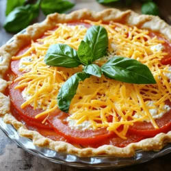 To make a great Southern tomato pie, you need quality ingredients. Here’s what you’ll need: - 3 large ripe tomatoes, sliced - 1 pre-baked pie crust (store-bought or homemade) - 1 cup shredded sharp cheddar cheese - 1 cup ricotta cheese - 1/2 cup mayonnaise - 1 tablespoon Dijon mustard - 1 teaspoon garlic powder - 1 teaspoon dried oregano - Salt and black pepper to taste - Fresh basil leaves for garnish Each ingredient plays a role in building flavor. The tomatoes provide juiciness. The cheeses add creaminess and depth. Choosing the right tomatoes can make or break your pie. Look for large, ripe tomatoes. Varieties like beefsteak or heirloom work well. They are juicy and flavorful. Avoid watery tomatoes like Roma for this dish. Their texture won't hold up. Tomatoes should be fresh and fragrant. A good tomato has a firm feel and a rich color. Slice them thick to keep the pie from being too soggy. You can opt for a store-bought or homemade pie crust. A flaky crust complements the creamy filling. If you make your own, use cold butter and chill your dough. This keeps it crisp. Pre-baking the crust is key. It helps the crust stay firm against the juicy tomatoes. If you skip this step, your pie could become soggy. A little prep goes a long way in achieving that perfect texture. For the full recipe, check out [Full Recipe]. Start with three large, ripe tomatoes. Slice them evenly. Place the slices on a clean kitchen towel. This helps absorb excess moisture. Sprinkle salt over the slices. Let them sit for 10-15 minutes. This step is key. It draws out water and enhances flavor. Grab a mixing bowl. Add one cup of ricotta cheese, half a cup of mayonnaise, and one tablespoon of Dijon mustard. Next, sprinkle in one teaspoon of garlic powder and one teaspoon of dried oregano. Add a pinch of black pepper for taste. Mix everything together until it’s smooth. This rich blend adds creaminess to your pie. Now, take your pre-baked pie crust. Start layering with the sliced tomatoes. Place a layer of tomatoes at the bottom. Spread half of the ricotta mixture evenly over the tomatoes. Add another layer of tomatoes, then top with the rest of the ricotta mixture. Finish with one more layer of tomatoes on top. Sprinkle one cup of shredded cheddar cheese all over. This forms a beautiful crust when baked. Follow the [Full Recipe] for baking instructions, and enjoy the delightful blend of flavors! To start with slicing tomatoes, choose firm, ripe ones. Use a sharp knife for clean cuts. Cut each tomato into even slices, about 1/4 inch thick. This keeps layers uniform. After slicing, lay the tomatoes on a towel. Sprinkle them with salt and let them sit for 10-15 minutes. This step helps remove excess moisture. It prevents a soggy pie. For the best cheese melt, mix different cheeses. I like to use sharp cheddar and ricotta. Sharp cheddar adds a rich flavor. Ricotta keeps the filling creamy. Spread the cheeses evenly over the tomatoes. Make sure to cover all the tomato layers. This helps the cheese melt nicely while baking, giving you that gooey, satisfying texture. To get a golden crust, pre-bake the pie crust first. This step ensures it won’t get soggy. Bake it until it’s lightly golden before adding filling. Keep an eye on the pie while it bakes. Look for bubbly cheese and a golden top. If the crust browns too quickly, cover it with foil. This trick helps you achieve the perfect Southern Tomato Pie. For the complete recipe, refer to the Full Recipe section. {{image_2}} You can add bacon or ham to your Southern Tomato Pie for a smoky twist. Cook the bacon until it is crispy. Crumble it and mix it with the cheese and ricotta. If you prefer ham, choose a nice smoked variety. This adds a savory depth to each bite. The saltiness of the meat pairs well with the sweet tomatoes. Changing the cheese can make your pie unique. You might try adding mozzarella for a stretchy texture. Goat cheese offers a tangy flavor that contrasts well with the tomatoes. Cream cheese can add richness and creaminess, making every slice delightful. Mixing your cheeses can create layers of flavor that surprise your taste buds. Feel free to get creative with seasonal vegetables. Zucchini or bell peppers can add color and crunch. Spinach or kale can boost the nutrition without losing flavor. Just make sure to chop them small and sauté first. This helps to reduce moisture and keeps your pie from becoming soggy. Adding vegetables not only enhances taste but also makes your dish more vibrant and healthy. For the complete Southern Tomato Pie experience, check out the Full Recipe. After enjoying your Southern Tomato Pie, you might have some leftovers. To store them well, let the pie cool to room temperature. Wrap it tightly with plastic wrap or aluminum foil. You can also place it in an airtight container. This keeps it fresh for up to three days in the fridge. If you notice any moisture build-up, use paper towels to absorb it. This helps keep the crust from getting soggy. When you’re ready to eat the leftovers, preheat your oven to 350°F (175°C). Place the pie on a baking sheet. Cover it loosely with aluminum foil. Heat for about 15-20 minutes, or until it’s warmed through. You can also use a microwave but know that the crust may not stay crispy. If you want the crust to be crunchy, the oven is the best option. You can freeze Southern Tomato Pie if you want to save some for later. First, let the pie cool completely. Wrap it tightly in plastic wrap followed by aluminum foil. It’s best to freeze it before you bake it. This way, it keeps its texture and flavor. You can freeze it for up to three months. When you’re ready to cook it, thaw it in the fridge overnight. Then bake it straight from the fridge. Follow the Full Recipe for baking time and temperature. Enjoy your pie fresh and flavorful! The best tomatoes for Southern Tomato Pie are ripe garden tomatoes. Varieties like heirloom or beefsteak work well. These tomatoes burst with flavor and juice. They give your pie that classic taste. Avoid using store-bought tomatoes that lack flavor. They often taste bland. Look for tomatoes that are firm yet slightly soft to the touch. This softness shows they are ripe and ready. Yes, you can make Southern Tomato Pie ahead of time. Prepare the pie up to the baking step. Cover it with plastic wrap and store it in the fridge. You can keep it there for up to one day. Just remember to bake it before serving. If you want to make it even earlier, freeze the unbaked pie. Thaw it in the fridge overnight before baking. To prevent a soggy crust, start with dry tomatoes. Lay them on a towel and sprinkle with salt. This helps draw out moisture. Let them sit for about 15 minutes. Before adding the tomatoes, spread a thin layer of ricotta mixture on the crust. This acts as a barrier. Finally, bake the pie until golden brown. This ensures a crispy, delicious crust. For more details on making Southern Tomato Pie, check out the Full Recipe. Southern Tomato Pie is a tasty dish made with fresh tomatoes, rich cheese, and a flaky crust. We discussed key ingredients, including the best tomatoes and how to choose a pie crust. I shared step-by-step instructions to prepare and assemble your pie. Tips on slicing and baking will help you get a golden crust. I also shared fun variations, like adding bacon or seasonal veggies. Finally, we covered storage tips for leftovers and answered common questions. Try this pie and make it your own!
