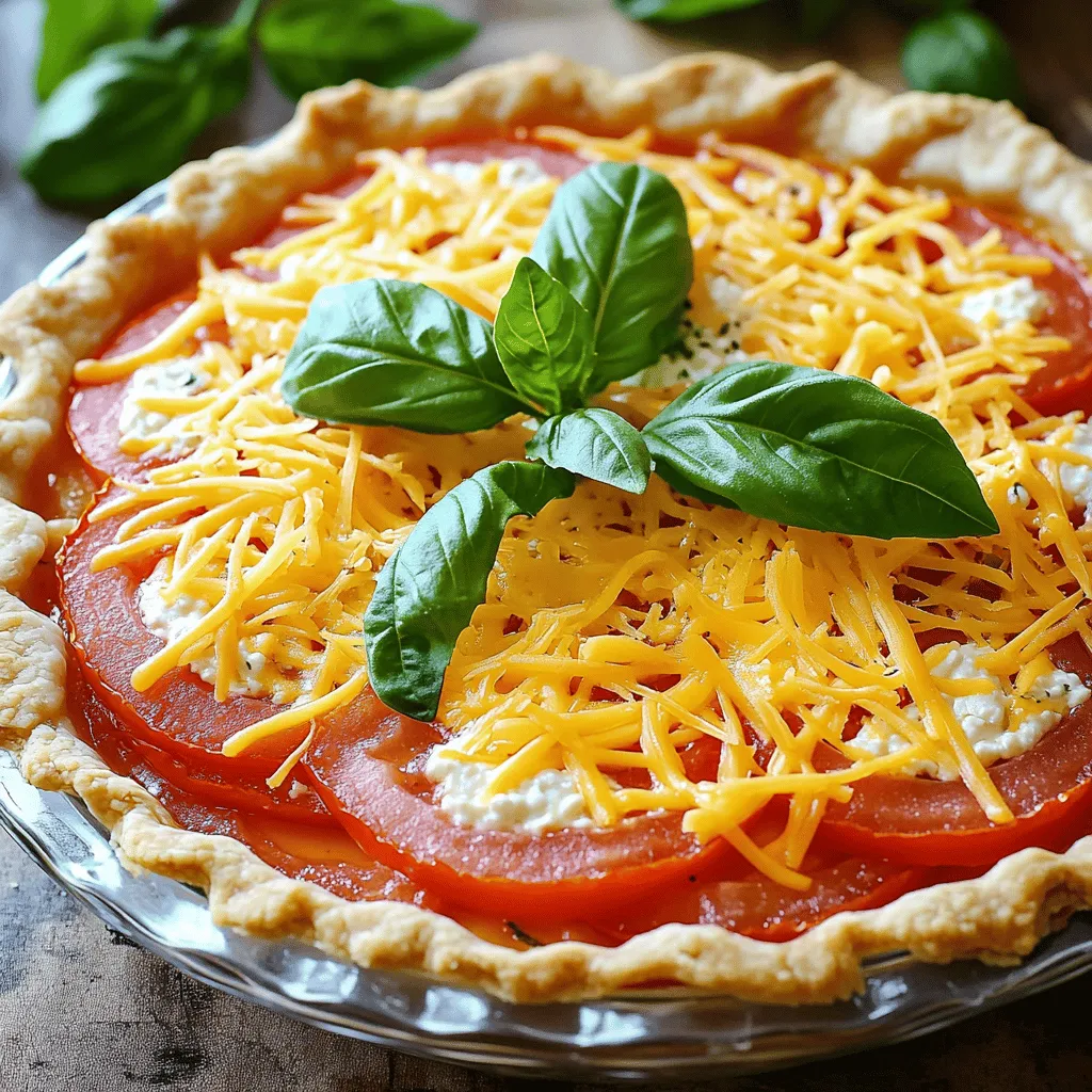 To make a great Southern tomato pie, you need quality ingredients. Here’s what you’ll need: - 3 large ripe tomatoes, sliced - 1 pre-baked pie crust (store-bought or homemade) - 1 cup shredded sharp cheddar cheese - 1 cup ricotta cheese - 1/2 cup mayonnaise - 1 tablespoon Dijon mustard - 1 teaspoon garlic powder - 1 teaspoon dried oregano - Salt and black pepper to taste - Fresh basil leaves for garnish Each ingredient plays a role in building flavor. The tomatoes provide juiciness. The cheeses add creaminess and depth. Choosing the right tomatoes can make or break your pie. Look for large, ripe tomatoes. Varieties like beefsteak or heirloom work well. They are juicy and flavorful. Avoid watery tomatoes like Roma for this dish. Their texture won't hold up. Tomatoes should be fresh and fragrant. A good tomato has a firm feel and a rich color. Slice them thick to keep the pie from being too soggy. You can opt for a store-bought or homemade pie crust. A flaky crust complements the creamy filling. If you make your own, use cold butter and chill your dough. This keeps it crisp. Pre-baking the crust is key. It helps the crust stay firm against the juicy tomatoes. If you skip this step, your pie could become soggy. A little prep goes a long way in achieving that perfect texture. For the full recipe, check out [Full Recipe]. Start with three large, ripe tomatoes. Slice them evenly. Place the slices on a clean kitchen towel. This helps absorb excess moisture. Sprinkle salt over the slices. Let them sit for 10-15 minutes. This step is key. It draws out water and enhances flavor. Grab a mixing bowl. Add one cup of ricotta cheese, half a cup of mayonnaise, and one tablespoon of Dijon mustard. Next, sprinkle in one teaspoon of garlic powder and one teaspoon of dried oregano. Add a pinch of black pepper for taste. Mix everything together until it’s smooth. This rich blend adds creaminess to your pie. Now, take your pre-baked pie crust. Start layering with the sliced tomatoes. Place a layer of tomatoes at the bottom. Spread half of the ricotta mixture evenly over the tomatoes. Add another layer of tomatoes, then top with the rest of the ricotta mixture. Finish with one more layer of tomatoes on top. Sprinkle one cup of shredded cheddar cheese all over. This forms a beautiful crust when baked. Follow the [Full Recipe] for baking instructions, and enjoy the delightful blend of flavors! To start with slicing tomatoes, choose firm, ripe ones. Use a sharp knife for clean cuts. Cut each tomato into even slices, about 1/4 inch thick. This keeps layers uniform. After slicing, lay the tomatoes on a towel. Sprinkle them with salt and let them sit for 10-15 minutes. This step helps remove excess moisture. It prevents a soggy pie. For the best cheese melt, mix different cheeses. I like to use sharp cheddar and ricotta. Sharp cheddar adds a rich flavor. Ricotta keeps the filling creamy. Spread the cheeses evenly over the tomatoes. Make sure to cover all the tomato layers. This helps the cheese melt nicely while baking, giving you that gooey, satisfying texture. To get a golden crust, pre-bake the pie crust first. This step ensures it won’t get soggy. Bake it until it’s lightly golden before adding filling. Keep an eye on the pie while it bakes. Look for bubbly cheese and a golden top. If the crust browns too quickly, cover it with foil. This trick helps you achieve the perfect Southern Tomato Pie. For the complete recipe, refer to the Full Recipe section. {{image_2}} You can add bacon or ham to your Southern Tomato Pie for a smoky twist. Cook the bacon until it is crispy. Crumble it and mix it with the cheese and ricotta. If you prefer ham, choose a nice smoked variety. This adds a savory depth to each bite. The saltiness of the meat pairs well with the sweet tomatoes. Changing the cheese can make your pie unique. You might try adding mozzarella for a stretchy texture. Goat cheese offers a tangy flavor that contrasts well with the tomatoes. Cream cheese can add richness and creaminess, making every slice delightful. Mixing your cheeses can create layers of flavor that surprise your taste buds. Feel free to get creative with seasonal vegetables. Zucchini or bell peppers can add color and crunch. Spinach or kale can boost the nutrition without losing flavor. Just make sure to chop them small and sauté first. This helps to reduce moisture and keeps your pie from becoming soggy. Adding vegetables not only enhances taste but also makes your dish more vibrant and healthy. For the complete Southern Tomato Pie experience, check out the Full Recipe. After enjoying your Southern Tomato Pie, you might have some leftovers. To store them well, let the pie cool to room temperature. Wrap it tightly with plastic wrap or aluminum foil. You can also place it in an airtight container. This keeps it fresh for up to three days in the fridge. If you notice any moisture build-up, use paper towels to absorb it. This helps keep the crust from getting soggy. When you’re ready to eat the leftovers, preheat your oven to 350°F (175°C). Place the pie on a baking sheet. Cover it loosely with aluminum foil. Heat for about 15-20 minutes, or until it’s warmed through. You can also use a microwave but know that the crust may not stay crispy. If you want the crust to be crunchy, the oven is the best option. You can freeze Southern Tomato Pie if you want to save some for later. First, let the pie cool completely. Wrap it tightly in plastic wrap followed by aluminum foil. It’s best to freeze it before you bake it. This way, it keeps its texture and flavor. You can freeze it for up to three months. When you’re ready to cook it, thaw it in the fridge overnight. Then bake it straight from the fridge. Follow the Full Recipe for baking time and temperature. Enjoy your pie fresh and flavorful! The best tomatoes for Southern Tomato Pie are ripe garden tomatoes. Varieties like heirloom or beefsteak work well. These tomatoes burst with flavor and juice. They give your pie that classic taste. Avoid using store-bought tomatoes that lack flavor. They often taste bland. Look for tomatoes that are firm yet slightly soft to the touch. This softness shows they are ripe and ready. Yes, you can make Southern Tomato Pie ahead of time. Prepare the pie up to the baking step. Cover it with plastic wrap and store it in the fridge. You can keep it there for up to one day. Just remember to bake it before serving. If you want to make it even earlier, freeze the unbaked pie. Thaw it in the fridge overnight before baking. To prevent a soggy crust, start with dry tomatoes. Lay them on a towel and sprinkle with salt. This helps draw out moisture. Let them sit for about 15 minutes. Before adding the tomatoes, spread a thin layer of ricotta mixture on the crust. This acts as a barrier. Finally, bake the pie until golden brown. This ensures a crispy, delicious crust. For more details on making Southern Tomato Pie, check out the Full Recipe. Southern Tomato Pie is a tasty dish made with fresh tomatoes, rich cheese, and a flaky crust. We discussed key ingredients, including the best tomatoes and how to choose a pie crust. I shared step-by-step instructions to prepare and assemble your pie. Tips on slicing and baking will help you get a golden crust. I also shared fun variations, like adding bacon or seasonal veggies. Finally, we covered storage tips for leftovers and answered common questions. Try this pie and make it your own!