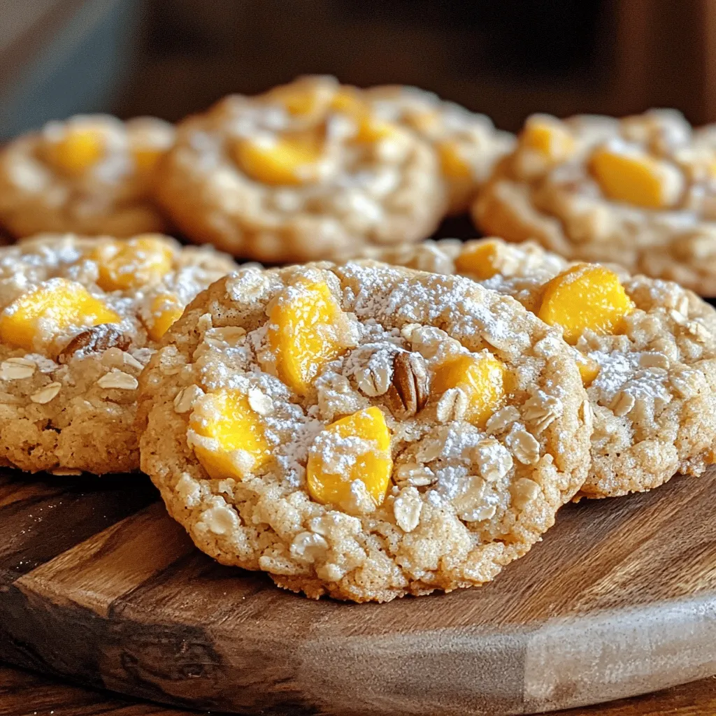 Creating Peach Cobbler Cookies starts with gathering the right ingredients. Each component plays a vital role in making these cookies a delight. Here’s what you need: - 1 cup unsalted butter, softened - 1 cup brown sugar, packed - 1/2 cup granulated sugar - 2 large eggs - 2 teaspoons vanilla extract - 2 1/2 cups all-purpose flour - 1 teaspoon baking soda - 1/2 teaspoon salt - 1 teaspoon ground cinnamon - 1 cup diced fresh peaches (or canned peaches, drained) - 1/2 cup rolled oats - 1/2 cup chopped pecans (or walnuts) - 1 cup crumbled graham crackers (optional) Each ingredient contributes to the cookie's warm, fruity flavor. The butter adds richness, while the sugars give sweetness and depth. The eggs bind everything together, making the cookies soft and chewy. The flour forms the base, providing structure. Baking soda helps them rise, and salt balances the sweetness. Ground cinnamon adds warmth, making the cookies cozy and inviting. Fresh peaches bring juicy flavor. If you use canned peaches, make sure to drain them well. Oats add texture, while nuts give a nice crunch. If you want a little extra texture, try adding graham crackers. You can find the full recipe elsewhere, but this list will help you prepare for a tasty treat. 1. Preheat your oven to 350°F (175°C). This helps the cookies bake evenly. 2. Line two baking sheets with parchment paper. This keeps the cookies from sticking. 3. In a large bowl, cream together 1 cup of softened unsalted butter, 1 cup of packed brown sugar, and 1/2 cup of granulated sugar. Mix until it's light and fluffy. This step adds air to the dough. 4. Add 2 large eggs, one at a time. Mix well after each egg. Then stir in 2 teaspoons of vanilla extract for flavor. 1. In a separate bowl, whisk together 2 1/2 cups of all-purpose flour, 1 teaspoon of baking soda, 1/2 teaspoon of salt, and 1 teaspoon of ground cinnamon. This blend gives the cookies their structure and flavor. 2. Gradually add the dry ingredients to the wet mixture. Mix just until combined. Avoid overmixing, as this can make the cookies tough. 1. Fold in 1 cup of diced fresh peaches, 1/2 cup of rolled oats, and 1/2 cup of chopped pecans. If you like, add 1 cup of crumbled graham crackers for extra texture. 2. Using a cookie scoop or tablespoon, drop balls of dough onto the prepared baking sheets. Leave space between each cookie for spreading. 3. Bake in the preheated oven for 12-15 minutes. Look for lightly golden edges and a soft center. 4. Remove the cookies from the oven and let them cool on the baking sheets for 5 minutes. Then transfer them to wire racks to cool completely. To make great peach cobbler cookies, avoid overmixing the dough. Mix until just combined. Overmixing can make cookies tough. Choosing the right peaches is also key. Fresh peaches bring bright flavor and juiciness. Canned peaches work too; just drain them well. Both options are tasty! For extra flavor, try adding spices. Ground nutmeg or ginger can add warmth. A splash of almond extract gives a nice twist too. You can also mix in optional ingredients. Dried cranberries or coconut can enhance the taste. Experiment with what you like best! When serving, arrange cookies on a pretty plate. Dust them lightly with powdered sugar for a nice touch. For an extra treat, serve warm cookies with ice cream. A scoop of vanilla ice cream pairs wonderfully with these cookies. Enjoy! For the full recipe, check out the link. {{image_2}} You can switch up the nuts in your peach cobbler cookies. Pecans add a nice crunch, but walnuts work well too. If you want a twist, try almonds for a sweet bite. Using different fruits is another fun way to play with this recipe. Apples bring a crispness, while berries can add a tart punch. Mix and match to discover your favorite flavor combos! For gluten-free cookies, swap regular flour with almond or coconut flour. These alternatives still taste great and keep the cookies light. If you're vegan, you can replace eggs with flaxseed meal or applesauce. Use coconut oil instead of butter for a rich taste while keeping it plant-based. Adjust your cookies with seasonal fruits for a fresh touch. In fall, use diced apples or pears. Winter might call for dried fruits like cranberries. Spices can also change with the seasons. Add nutmeg for fall or cardamom for winter. A sprinkle of cinnamon works year-round, enhancing the sweet peach flavor. For the full recipe, check out the detailed instructions earlier in this article. To keep your Peach Cobbler Cookies fresh, you have two great options. You can store them at room temperature or in the fridge. - Room Temperature: Place cookies in an airtight container. They will stay fresh for about three days. Keep them in a cool, dry spot. - Refrigeration: If you want them to last longer, store them in the fridge. They can stay good for up to a week. Just make sure they are in a sealed container to avoid drying out. If you want to save some for later, freezing is a smart choice. Here’s how to freeze cookies for later: - Let the cookies cool completely. - Wrap each cookie in plastic wrap or foil. - Place the wrapped cookies in a freezer-safe bag. They can last for up to three months. Peach Cobbler Cookies have a good shelf life if stored right. - Expected Duration: At room temperature, they are best within three days. In the fridge, they last up to a week. - Signs of Spoilage: Look for changes in texture or smell. If they feel hard or taste stale, it’s time to toss them. When you're ready to enjoy your cookies again, reheating them is easy. - Best Methods: The oven works best. Preheat it to 350°F. Place cookies on a baking sheet and heat for about 5 minutes. You can also use the microwave. Heat for 10-15 seconds until warm. - Ensuring Cookies Remain Soft and Chewy: To keep them soft, don’t overheat. Keep an eye on them to avoid drying out. Enjoy warm cookies with that perfect chewy texture! For the complete recipe, check out the Full Recipe and get ready to bake these delightful treats! To make peach cobbler cookies from scratch, follow these key steps: 1. Prepare Your Oven: Start by preheating your oven to 350°F (175°C). 2. Mix the Wet Ingredients: Cream together the softened butter, brown sugar, and granulated sugar until the mix is light and fluffy. Add in the eggs one at a time, then stir in the vanilla extract. 3. Combine Dry Ingredients: In another bowl, whisk together flour, baking soda, salt, and ground cinnamon. 4. Mix Together: Gradually add the dry mix into the wet mix, stirring until just combined. Avoid overmixing. 5. Fold in Add-Ins: Gently fold in diced peaches, rolled oats, and chopped nuts. 6. Scoop and Bake: Drop dough balls onto baking sheets and bake for 12-15 minutes, until edges are golden. 7. Cool Down: Let the cookies cool on the sheets for a few minutes before moving them to wire racks. This process will give you a batch of warm, delicious cookies. For details on each step, check the Full Recipe. Yes, you can use frozen peaches. However, frozen peaches may release more moisture. This can affect the texture of your cookies. - Thawing: Thaw the peaches first and drain any excess liquid. - Cooking Time: You may need to bake them a bit longer to ensure they cook through. Using frozen peaches is a great way to enjoy this treat year-round. To tell if your cookies are done, look for these key signs: - Color: The edges should be lightly golden. - Center: The center should be set but still soft, not wet. - Touch: Gently press the center with your finger. It should spring back slightly. These indicators ensure you get soft, chewy cookies every time. If your cookie dough is too sticky, try these simple solutions: - Add Flour: Gradually mix in a bit more flour until the dough is manageable. - Chill the Dough: Place the dough in the fridge for 15-30 minutes. This firms it up. - Use a Floured Surface: When scooping, dust your hands and the scoop with flour. These tips will help you handle the dough better and achieve the perfect cookie. In this blog post, I outlined the ingredients and steps to make delicious peach cobbler cookies. You learned how to mix and bake them perfectly, along with tips to enhance flavor and texture. Remember, simple changes can create new flavors, like using different fruits or nuts. Store your cookies properly to keep them fresh and tasty. With these tips, you can easily enjoy or share your homemade cookies. Happy baking!