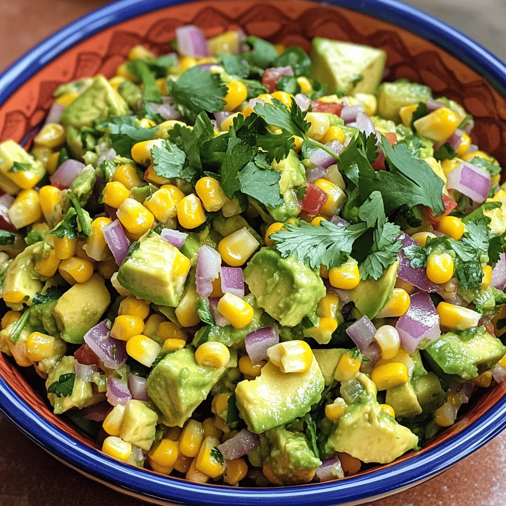 To make the best avocado corn salsa, you need fresh and high-quality ingredients. This salsa bursts with flavor and is perfect for any occasion. Here’s what you need: - 2 ripe avocados, diced - 1 cup corn kernels (fresh or frozen) - 1 small red onion, finely chopped - 1 red bell pepper, diced - 1 jalapeño, deseeded and minced - 1/4 cup fresh cilantro, chopped - Juice of 2 limes - 1 tablespoon olive oil - Salt and pepper to taste Each ingredient plays a vital role in the salsa’s taste. The creamy avocado adds richness, while corn gives a sweet crunch. The red onion and bell pepper bring color and texture. The jalapeño adds a bit of heat, which you can adjust based on your taste. Fresh cilantro adds a bright note, and lime juice brings in a zesty finish. You can also customize your salsa with a few optional add-ins. Consider these: - Additional herbs like parsley or green onion - Cumin or chili powder for extra flavor - Other vegetables like diced tomatoes These extras can elevate your salsa and make it even more interesting. Feel free to mix and match based on what you like! For the full recipe, check out the detailed instructions. 1. Start by combining the ingredients in a large mixing bowl. Place the diced avocados and corn kernels first. 2. Next, add the finely chopped red onion, diced red bell pepper, and minced jalapeño. This mix brings great color and taste. 3. Toss in the fresh cilantro for an aromatic touch. It adds a burst of flavor that brightens the dish. 4. Drizzle the juice of two limes and olive oil over the mixture. The lime adds acidity and freshness. 5. Now, gently fold all the ingredients together. Be careful to avoid mashing the avocados. You want them to stay chunky. 6. Season your salsa with salt and pepper according to your taste. This step ensures your flavors shine. Letting the flavors meld is key for a tasty salsa. Cover the bowl with plastic wrap and chill it in the fridge for at least 30 minutes. This time allows the ingredients to blend well. For serving, I recommend using a colorful bowl. You could garnish with a sprinkle of extra cilantro. Pair it with tortilla chips for a snack, or use it as a fresh topping for grilled chicken or fish. You will love the crunch and flavors! For the full recipe, check out the section above. - Choosing ripe avocados: Look for avocados that yield slightly when you press them. A ripe avocado is key. If it's too hard, it won't taste good. If it's too soft, it may be overripe and brown inside. - Balancing acidity and seasoning: Lime juice adds bright flavor. Start with a little and taste as you go. Adjust with salt and pepper to enhance the taste. This helps bring all the flavors together. - How to keep avocado from browning: To keep your avocado green, store the salsa in an airtight container. You can also add a bit more lime juice, which helps slow down browning. - Recommended kitchen tools: You’ll need a mixing bowl to combine the ingredients. A good knife will help you chop the veggies. A cutting board gives you a safe space to cut everything. - Use of measuring cups for accuracy: For the best results, measure your ingredients. This ensures consistent flavor every time you make your salsa. Accurate measurements can change a dish from good to great. For the full recipe, check out the Avocado Corn Salsa Delight. {{image_2}} You can change the flavor of your avocado corn salsa easily. For a Southwestern twist, add black beans and some queso. These additions bring a hearty texture and rich taste. The creaminess of the queso blends well with the fresh ingredients. You can enjoy this mix with tortilla chips or as a side dish. If you want a tropical vibe, add diced mango or pineapple. These fruits add sweetness and a fun twist to the salsa. Their juicy texture pairs well with the creamy avocado. You can serve this version at summer parties or barbecues for a refreshing treat. Making avocado corn salsa to fit your diet is simple. For a vegan option, ensure you skip any dairy like queso. This salsa is naturally plant-based. You can enjoy it with all the vibrant flavors intact. If you need a gluten-free option, this salsa is already safe. Just check that your tortilla chips are gluten-free. You can also adjust the salt if you want a low-sodium alternative. Use fresh herbs and lime juice to add flavor without extra salt. For the full recipe, check the details above. To keep your avocado corn salsa fresh, use an airtight container. This method helps keep air out and flavors in. Store the salsa in the refrigerator. It will stay fresh for up to three days. After this time, the avocado may brown and the flavors can change. If you want to save salsa for later, freezing is a great option. First, spoon the salsa into a freezer-safe container. Leave some space at the top for expansion. Seal it tightly to keep out air. Your salsa can last up to three months in the freezer. When you’re ready to enjoy it, thaw the salsa in the fridge overnight. This slow thaw keeps the texture better. Stir it gently before serving. You might want to add a splash of lime juice for freshness. This salsa will still be tasty, even after freezing! For the full recipe, check out the Avocado Corn Salsa Delight 🥑. How can I adjust the spice level? You can change the spice level by adding or removing jalapeño. For less heat, use half a jalapeño, or leave it out. If you like more spice, try adding diced serrano peppers. You can also mix in some cayenne pepper for a kick. Can I make this salsa ahead of time? Yes, you can prepare this salsa ahead of time. Just make sure to store it in an airtight container. However, to keep the avocados fresh, add lime juice right before serving. Chilling it for about 30 minutes helps the flavors blend nicely. What dishes pair well with Avocado Corn Salsa? This salsa works great with many dishes. You can serve it with tortilla chips for a snack. It also pairs well with grilled chicken, fish, or tacos. Try it as a topping for baked potatoes or in a fresh salad. Estimated calorie content One serving of Avocado Corn Salsa has about 150 calories. This can vary based on the ingredients you use. Nutrient breakdown per serving - Fat: 10g - Carbohydrates: 15g - Protein: 3g - Fiber: 5g Health benefits of key ingredients Avocados are full of healthy fats. They help keep your heart healthy. Corn adds fiber and vitamins. Together, they make a tasty and healthy dish. Enjoy it as a part of your balanced diet! Avocado corn salsa is easy to make with ripe avocados, corn, and fresh veggies. You can add different herbs and spices for extra flavor. Remember to mix gently to keep the avocado texture nice. Chill it to enhance the taste before serving. With these tips, your salsa will impress anyone. Feel free to experiment with variations, too. Enjoy this fresh and healthy dish on its own or with your favorite meals. You now have all the tools for the perfect avocado corn salsa!