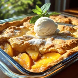 To make this delicious peach cobbler, you will need the following ingredients: - 6 ripe peaches, peeled and sliced - 1/2 cup granulated sugar (adjust to taste) - 1 tablespoon lemon juice - 1 teaspoon cinnamon - 1/4 teaspoon nutmeg - 1 cup all-purpose flour - 1 cup milk - 1/2 cup unsalted butter, melted - 1 tablespoon baking powder - 1/2 teaspoon salt - 1 tablespoon vanilla extract - A dash of ground ginger (optional for an extra kick) Feel free to adjust the sugar based on how sweet your peaches are. If they are very ripe, you can use less sugar. For a fun twist, try adding a splash of almond extract instead of vanilla. This gives the cobbler a unique flavor. You can also replace the all-purpose flour with a gluten-free blend if needed. When picking peaches, look for firm yet slightly soft fruit. The skin should be smooth and have a nice golden color. Avoid peaches with bruises or dark spots. If you can, smell the peach. A sweet aroma means it’s ripe. If they are not quite ripe, leave them on the counter for a couple of days. This will help them to soften and sweeten. To make the best peach cobbler, start by gathering your ingredients. You need ripe peaches, sugar, lemon juice, spices, flour, milk, and butter. 1. Peel and slice your peaches. Six ripe peaches work well. Slice them into thin pieces. 2. Mix the peaches. In a bowl, combine the peaches, 1/4 cup of sugar, lemon juice, cinnamon, nutmeg, and ginger if you like a bit of spice. Stir gently. Let this sit for about 10 minutes. This helps the peaches release their sweet juices. 3. Prepare the dry mix. In another bowl, whisk together your flour, the remaining sugar, baking powder, and salt. This forms the base of your batter. 4. Combine wet ingredients. In a separate bowl, mix the milk, melted butter, and vanilla extract. Once combined, pour this into the dry mix. Stir until just combined. It’s okay if there are some lumps. Now it's time to bake your cobbler. Preheat your oven to 375°F (190°C). 1. Grease your dish. Use a 9x13 inch baking dish for the best results. 2. Pour the batter. Transfer your batter into the greased dish. Spread it out evenly. 3. Add the peaches. Spoon the peach mixture evenly over the batter. Don’t stir it; the peaches will settle while baking. Bake your cobbler for 35 to 40 minutes. - Watch for color. The top should turn a nice golden brown. - Check for doneness. Insert a toothpick into the batter; if it comes out clean, it’s ready. - Smell the goodness. You’ll know it’s done when the sweet aroma fills your kitchen. After baking, let your cobbler cool for a few minutes before serving. Enjoy this sweet summer treat warm, maybe with ice cream on top! For the full recipe, check the detailed instructions above. To make your peach cobbler shine, choose ripe, sweet peaches. They bring great flavor. You can add a splash of vanilla extract for richness. A pinch of ground ginger adds warmth and spice. If you want a crunchy topping, sprinkle brown sugar on top before baking. This gives a nice caramelized crust. Use fresh lemon juice to brighten the flavors. It helps balance the sweetness. One common mistake is overmixing the batter. This can make it tough. Mix just until combined, and a few lumps are okay. Another mistake is stirring the peach mixture into the batter. Don’t do this! The peaches should sit on top while baking. This keeps the cobbler soft and juicy. Make sure to use a baking dish that fits the recipe size. Too small can lead to overflow. For a golden brown top, watch the baking time closely. Bake at 375°F for 35-40 minutes. You want it golden, not dark brown. If the edges brown too fast, cover them with foil. This will protect them while the center cooks. You can also brush a bit of melted butter on top before baking. This helps create a beautiful color. {{image_2}} You can mix up the classic peach cobbler by using other fruits. Try adding berries, apples, or even cherries for a twist. Each fruit brings its own flavor. For a tropical flair, use mangoes or pineapples. You can also change the spices. Use cardamom or allspice for new tastes. A dash of almond extract can also add a nice touch. If you need a gluten-free version, swap all-purpose flour for a gluten-free blend. Look for blends with a mix of rice and almond flour. For a dairy-free option, replace milk with almond or coconut milk. Use coconut oil instead of butter. These swaps keep the dish tasty while meeting dietary needs. Seasonal fruits can change your cobbler game. In spring, try strawberries or rhubarb. In fall, apples and pears shine. In winter, use frozen fruits if fresh ones are not available. You can follow the same method as the full recipe. Each fruit adds its unique flair to the dish. Don’t hesitate to experiment with what you have on hand! Store leftover peach cobbler at room temperature. Cover it tightly with plastic wrap. This keeps it fresh for up to two days. If you need to store it longer, place it in the fridge. In the fridge, it can last about a week. Make sure to let it cool before covering. To reheat peach cobbler, preheat your oven to 350°F (175°C). Place the cobbler in an oven-safe dish. Cover it with foil to avoid drying out. Heat for about 15-20 minutes. If you prefer, you can also microwave it. Heat for 30 seconds at a time until warm. Enjoy it warm for the best flavor! For long-term storage, freeze peach cobbler in individual slices. Wrap each slice in plastic wrap, then place them in a freezer bag. Remove as much air as possible before sealing. This keeps the cobbler fresh for up to three months. When you're ready to eat, thaw it in the fridge overnight before reheating. To ripen peaches fast, place them in a brown paper bag. This traps ethylene gas, which speeds up ripening. Add a banana or apple for even better results. Check them daily. When they feel soft, they are ready. This method is simple and effective for fresh, sweet peaches. Yes, you can use frozen peaches! They work well in peach cobbler. Just thaw them first and drain excess juice. This keeps your cobbler from getting too soggy. Frozen peaches can still taste great and save you time. They are a good option when fresh peaches are not in season. If you need a butter substitute, use coconut oil or vegetable oil. Both options add moisture. You can also try applesauce for a healthier choice. It adds sweetness and keeps the cobbler moist. Each option works well, so choose what you like best. For more details, check out the Full Recipe. You learned how to make the best peach cobbler through easy steps. We covered key ingredients, tips for selecting peaches, and ways to store leftovers. Remember, small changes can make a big difference in flavor. Don't fear experimentation with different fruits and variations. With practice, you will avoid common mistakes and achieve a beautiful golden top. Enjoy your baking and share your results! This sweet treat will surely impress friends and family.