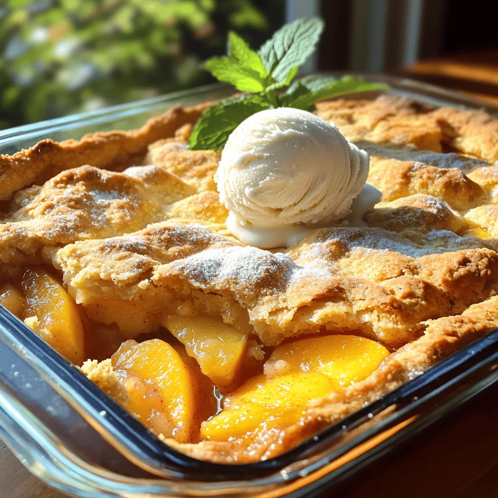 To make this delicious peach cobbler, you will need the following ingredients: - 6 ripe peaches, peeled and sliced - 1/2 cup granulated sugar (adjust to taste) - 1 tablespoon lemon juice - 1 teaspoon cinnamon - 1/4 teaspoon nutmeg - 1 cup all-purpose flour - 1 cup milk - 1/2 cup unsalted butter, melted - 1 tablespoon baking powder - 1/2 teaspoon salt - 1 tablespoon vanilla extract - A dash of ground ginger (optional for an extra kick) Feel free to adjust the sugar based on how sweet your peaches are. If they are very ripe, you can use less sugar. For a fun twist, try adding a splash of almond extract instead of vanilla. This gives the cobbler a unique flavor. You can also replace the all-purpose flour with a gluten-free blend if needed. When picking peaches, look for firm yet slightly soft fruit. The skin should be smooth and have a nice golden color. Avoid peaches with bruises or dark spots. If you can, smell the peach. A sweet aroma means it’s ripe. If they are not quite ripe, leave them on the counter for a couple of days. This will help them to soften and sweeten. To make the best peach cobbler, start by gathering your ingredients. You need ripe peaches, sugar, lemon juice, spices, flour, milk, and butter. 1. Peel and slice your peaches. Six ripe peaches work well. Slice them into thin pieces. 2. Mix the peaches. In a bowl, combine the peaches, 1/4 cup of sugar, lemon juice, cinnamon, nutmeg, and ginger if you like a bit of spice. Stir gently. Let this sit for about 10 minutes. This helps the peaches release their sweet juices. 3. Prepare the dry mix. In another bowl, whisk together your flour, the remaining sugar, baking powder, and salt. This forms the base of your batter. 4. Combine wet ingredients. In a separate bowl, mix the milk, melted butter, and vanilla extract. Once combined, pour this into the dry mix. Stir until just combined. It’s okay if there are some lumps. Now it's time to bake your cobbler. Preheat your oven to 375°F (190°C). 1. Grease your dish. Use a 9x13 inch baking dish for the best results. 2. Pour the batter. Transfer your batter into the greased dish. Spread it out evenly. 3. Add the peaches. Spoon the peach mixture evenly over the batter. Don’t stir it; the peaches will settle while baking. Bake your cobbler for 35 to 40 minutes. - Watch for color. The top should turn a nice golden brown. - Check for doneness. Insert a toothpick into the batter; if it comes out clean, it’s ready. - Smell the goodness. You’ll know it’s done when the sweet aroma fills your kitchen. After baking, let your cobbler cool for a few minutes before serving. Enjoy this sweet summer treat warm, maybe with ice cream on top! For the full recipe, check the detailed instructions above. To make your peach cobbler shine, choose ripe, sweet peaches. They bring great flavor. You can add a splash of vanilla extract for richness. A pinch of ground ginger adds warmth and spice. If you want a crunchy topping, sprinkle brown sugar on top before baking. This gives a nice caramelized crust. Use fresh lemon juice to brighten the flavors. It helps balance the sweetness. One common mistake is overmixing the batter. This can make it tough. Mix just until combined, and a few lumps are okay. Another mistake is stirring the peach mixture into the batter. Don’t do this! The peaches should sit on top while baking. This keeps the cobbler soft and juicy. Make sure to use a baking dish that fits the recipe size. Too small can lead to overflow. For a golden brown top, watch the baking time closely. Bake at 375°F for 35-40 minutes. You want it golden, not dark brown. If the edges brown too fast, cover them with foil. This will protect them while the center cooks. You can also brush a bit of melted butter on top before baking. This helps create a beautiful color. {{image_2}} You can mix up the classic peach cobbler by using other fruits. Try adding berries, apples, or even cherries for a twist. Each fruit brings its own flavor. For a tropical flair, use mangoes or pineapples. You can also change the spices. Use cardamom or allspice for new tastes. A dash of almond extract can also add a nice touch. If you need a gluten-free version, swap all-purpose flour for a gluten-free blend. Look for blends with a mix of rice and almond flour. For a dairy-free option, replace milk with almond or coconut milk. Use coconut oil instead of butter. These swaps keep the dish tasty while meeting dietary needs. Seasonal fruits can change your cobbler game. In spring, try strawberries or rhubarb. In fall, apples and pears shine. In winter, use frozen fruits if fresh ones are not available. You can follow the same method as the full recipe. Each fruit adds its unique flair to the dish. Don’t hesitate to experiment with what you have on hand! Store leftover peach cobbler at room temperature. Cover it tightly with plastic wrap. This keeps it fresh for up to two days. If you need to store it longer, place it in the fridge. In the fridge, it can last about a week. Make sure to let it cool before covering. To reheat peach cobbler, preheat your oven to 350°F (175°C). Place the cobbler in an oven-safe dish. Cover it with foil to avoid drying out. Heat for about 15-20 minutes. If you prefer, you can also microwave it. Heat for 30 seconds at a time until warm. Enjoy it warm for the best flavor! For long-term storage, freeze peach cobbler in individual slices. Wrap each slice in plastic wrap, then place them in a freezer bag. Remove as much air as possible before sealing. This keeps the cobbler fresh for up to three months. When you're ready to eat, thaw it in the fridge overnight before reheating. To ripen peaches fast, place them in a brown paper bag. This traps ethylene gas, which speeds up ripening. Add a banana or apple for even better results. Check them daily. When they feel soft, they are ready. This method is simple and effective for fresh, sweet peaches. Yes, you can use frozen peaches! They work well in peach cobbler. Just thaw them first and drain excess juice. This keeps your cobbler from getting too soggy. Frozen peaches can still taste great and save you time. They are a good option when fresh peaches are not in season. If you need a butter substitute, use coconut oil or vegetable oil. Both options add moisture. You can also try applesauce for a healthier choice. It adds sweetness and keeps the cobbler moist. Each option works well, so choose what you like best. For more details, check out the Full Recipe. You learned how to make the best peach cobbler through easy steps. We covered key ingredients, tips for selecting peaches, and ways to store leftovers. Remember, small changes can make a big difference in flavor. Don't fear experimentation with different fruits and variations. With practice, you will avoid common mistakes and achieve a beautiful golden top. Enjoy your baking and share your results! This sweet treat will surely impress friends and family.