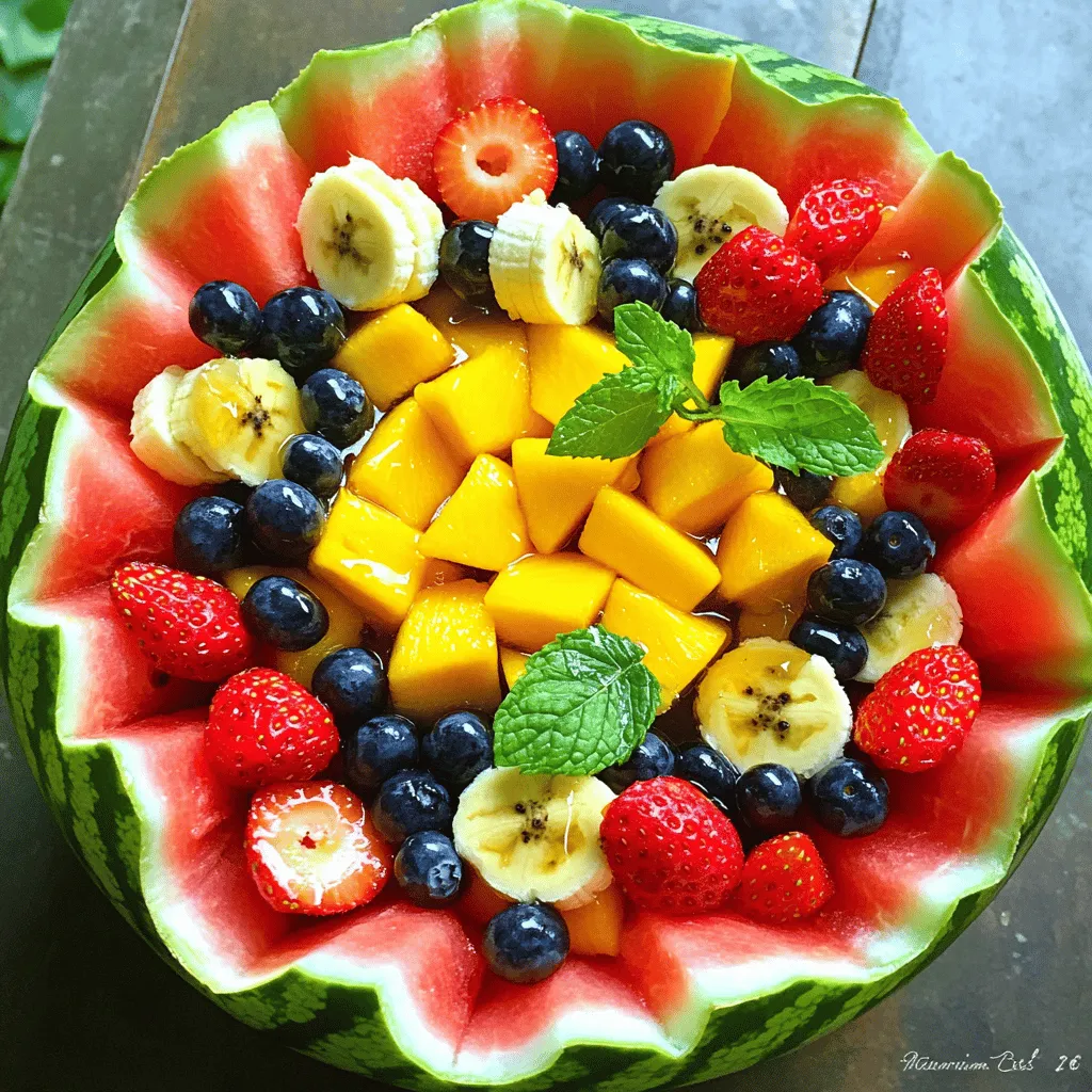 - Ripe pineapple, diced - Watermelon, diced - Strawberries, halved - Mango, diced - Blueberries - Banana, sliced - Honey for sweetness - Fresh mint, chopped - Juice of 1 lime - Calories per serving: About 120 calories - Vitamins and minerals: Rich in vitamin C, potassium, and antioxidants - Dietary considerations: This salad is gluten-free and vegan The fruits in this salad offer a mix of sweet and tart flavors. Pineapple adds a tropical twist. Watermelon brings a refreshing crunch. Strawberries and mangoes add sweetness. Blueberries are juicy little bursts of flavor. Bananas provide a creamy texture that ties it all together. You can sweeten the salad by adding honey. Lime juice adds a zesty kick, making the flavors pop. Fresh mint brightens the dish with its aroma. Each serving is packed with vitamins and nutrients. You get a healthy dose of fiber and hydration. The salad is perfect for anyone wanting a tasty treat that is both light and fulfilling. This is the perfect dish for picnics, BBQs, or just a hot day. You can serve it chilled or at room temperature. You can find the full recipe in the Tropical Bliss Summer Fruit Salad section. To make a great summer fruit salad, start with washing your fruits. Rinse them under cold water to remove dirt. For slicing, use a sharp knife. Cut the pineapple, watermelon, and mango into bite-sized pieces. Halve the strawberries and slice the banana. Make sure all the fruit pieces are about the same size. This helps them mix well and look nice. Uniform pieces also make it easier to eat. In a large mixing bowl, combine all the fruits. Add the diced pineapple, watermelon, strawberries, mango, blueberries, and banana. If you want extra sweetness, drizzle honey over the fruits. Now, gently toss the ingredients together. Use a spatula or your hands to mix. The goal is to combine them without smashing the fruit. For a bright flavor, add the juice of one lime. Squeeze it over the mixed fruits. Then, add chopped fresh mint for a refreshing touch. Let the salad sit for about 10-15 minutes. This time allows the flavors to meld nicely. It also helps release some juices from the fruits. Enjoy your refreshing and flavorful delight! For the full recipe, check out the Tropical Bliss Summer Fruit Salad. To make the best summer fruit salad, choose ripe fruits. Look for fruits that are firm but give slightly when pressed. This means they are ready to eat. Balance sweetness and acidity for great taste. Use sweet fruits like mango and pineapple, paired with tart fruits like blueberries and lime. This mix creates a flavor explosion. Presentation makes a salad shine. Serve your salad in a hollowed-out watermelon shell for a fun twist. This not only looks great but keeps the salad cool. You can also use clear cups for individual servings. Don't forget to add garnishes! Fresh mint leaves or a sprinkle of lime zest can make your salad pop. This salad is perfect for summer picnics, barbecues, or family gatherings. It pairs well with grilled chicken or fish. You can also serve it as a light dessert. For drinks, consider offering lemonade or iced tea. These drinks complement the bright flavors of the salad perfectly. For the full recipe, check out Tropical Bliss Summer Fruit Salad. {{image_2}} You can mix up the fruits in your salad based on what is fresh. Try adding peaches, nectarines, or cherries for a juicy twist. You can also use seasonal citrus like oranges or grapefruits. They add a nice zing that brightens the whole dish. Berries like raspberries and blackberries are perfect for summer, too. They bring a burst of flavor and beautiful color. A light dressing can really enhance your fruit salad. Try a simple citrus vinaigrette made with orange juice, lemon juice, and a touch of olive oil. This will add a bright and zesty flavor. You can also use yogurt mixed with honey for a creamy option. Just a drizzle over the fruits makes a big difference. If you have allergies, you can easily adapt this recipe. Instead of honey, use agave syrup or maple syrup for sweetness. If you need to avoid nuts, just skip any nut toppings. You can also leave out any fruits that cause issues. This way, everyone can enjoy the salad. It’s all about making it work for your needs. To keep your summer fruit salad fresh, store it in the fridge. Use an airtight container to avoid moisture loss. This method helps the fruits stay crisp and juicy. Your salad can last up to three days in the fridge. However, the sooner you eat it, the better the taste! Not all fruits freeze well, but some do. Pineapple, mango, and blueberries are great for freezing. To prepare for freezing, chop the fruits into small pieces. Then, spread them on a baking sheet to freeze individually. This step helps prevent clumping. Once frozen, transfer the fruits into a freezer bag. Your fruit can last up to six months in the freezer! Don't throw away leftover salad! You can mix it into yogurt for a tasty breakfast. Or blend it into smoothies for a refreshing drink. You can also use it in desserts, like fruit parfaits or popsicles. Get creative and enjoy every bite! For the full recipe, check out the Tropical Bliss Summer Fruit Salad. To boost flavor, try these tips: - Use ripe fruits for natural sweetness. - Add a splash of lime juice for tang. - Mix in fresh herbs like mint or basil. - Drizzle a little honey for extra sweetness. Balancing flavors is key. Sweet fruits blend well with tart lime. Fresh herbs add depth. These simple tweaks can enhance your salad greatly. Yes, you can prepare this salad in advance. I suggest making it no more than two hours ahead. This keeps the fruits fresh and crisp. If you make it too early, the fruits may get mushy. If you lack some fruits, don’t worry! Here are some alternatives: - Swap pineapple with peaches or nectarines. - Use grapes in place of blueberries. - Try kiwi if you don’t have mango. - Apples can replace bananas. Feel free to mix and match based on what you have. This salad is very flexible! Your fruit salad stays fresh for about three days in the fridge. Store it in an airtight container. Check for any spoilage before eating. If the fruits look sad or mushy, it’s time to toss it. Always prioritize food safety! In summary, creating a summer fruit salad is simple and fun. You start with ripe fruits, add optional sweeteners, and mix carefully. Remember to balance flavors with lime and mint. Perfect your salad with creative presentations and thoughtful pairings. Feel free to swap fruits based on the season or your diet. Proper storage keeps it fresh for longer. This salad adds joy to any meal, so enjoy experimenting with flavors and presentations. Your summer gatherings will benefit greatly from this vibrant dish.