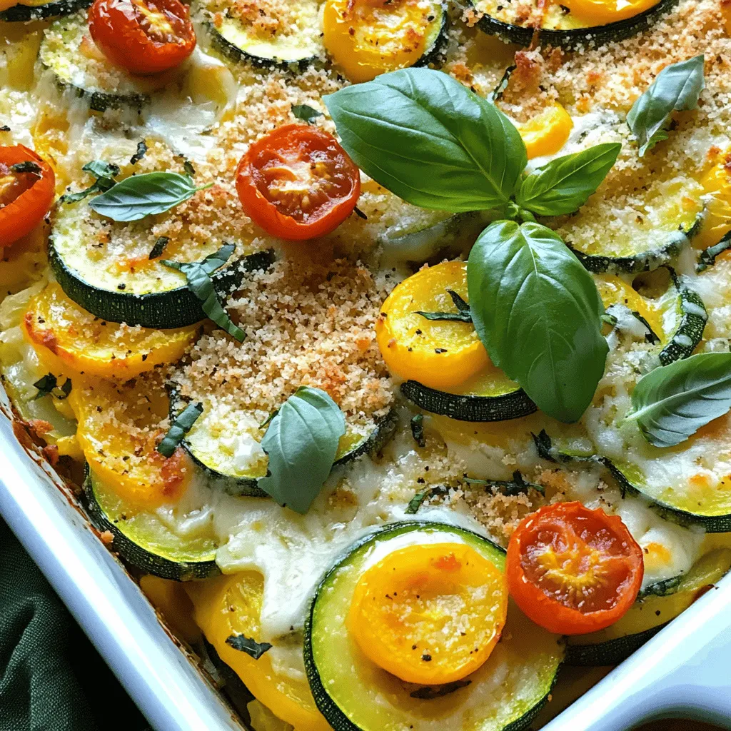 - 4 medium zucchinis, thinly sliced - 2 medium yellow squashes, thinly sliced - 1 cup cherry tomatoes, halved - 1 cup onion, finely chopped I love using fresh produce for this casserole. Zucchinis and yellow squashes are the stars. They add moisture and flavor. Cherry tomatoes bring a burst of sweetness. Onions give depth to the dish. Choose firm and bright veggies for the best taste. - 1 cup shredded mozzarella cheese - 1 cup shredded cheddar cheese - 1/2 cup sour cream - 2 large eggs Dairy adds creaminess and richness. Mozzarella and cheddar blend well. They melt beautifully and create a gooey texture. Sour cream adds tang, making the dish more flavorful. Eggs help bind everything together. Make sure they are fresh for the best results. - 1 cup breadcrumbs (panko recommended) - 2 tablespoons olive oil - 1 teaspoon Italian seasoning - Salt and pepper to taste Breadcrumbs give a nice crunch. I recommend panko for extra texture. Olive oil adds richness and helps cook the veggies. Italian seasoning brings warmth and depth. Don’t forget salt and pepper; they enhance all the flavors in the casserole. For the full recipe, check out the zesty zucchini squash casserole. - Oven Temperature: Start by preheating your oven to 375°F (190°C). This is the ideal temperature for baking the casserole evenly. - Greasing the Casserole Dish: Next, take a 9x13 inch casserole dish and grease it with a bit of olive oil. This helps prevent sticking and makes serving easier. - Heat Level and Timing: In a large skillet, set the heat to medium. Add two tablespoons of olive oil. Sauté the onions and garlic for about 5 minutes. They should smell great and the onions should look clear. - Combining Ingredients: Once the onions are ready, mix them into your vegetable bowl. This brings out a lovely flavor that blends well with the zucchini and squash. - Vegetable Mixture Preparation: In a large bowl, combine the sliced zucchinis, yellow squashes, halved cherry tomatoes, and the cooked onions and garlic. Add one teaspoon of Italian seasoning, along with salt and pepper to taste. Stir everything together until mixed well. - Egg and Sour Cream Blend: In another bowl, whisk together two large eggs and 1/2 cup of sour cream. Make sure the mixture is smooth. This will help bind the casserole together. - Pouring into the Dish: Pour the veggie and cheese mixture into the greased casserole dish. Spread it out evenly to ensure each bite has the same great flavor. - Breadcrumb Topping: In a small bowl, mix the remaining cheese with 1 cup of breadcrumbs. Evenly sprinkle this mixture over the top of the casserole. This step adds a nice crunch when baked. For more details on this delicious dish, check out the Full Recipe. To get the best texture, cut your zucchini and squash into even slices. Thin slices cook faster and help blend flavors well. If they are too thick, they can become chewy. Aim for about ¼ inch thickness. Choosing the right breadcrumbs makes a big difference. I love using panko breadcrumbs for extra crunch. They add a nice texture on top. You can also use regular breadcrumbs if you prefer. Just remember to mix them with some cheese for added flavor. For a burst of flavor, herbs are key. I recommend using fresh basil, thyme, or oregano. These herbs brighten the dish. You can add them directly to the veggie mix. Adding protein can make your casserole heartier. Consider diced chicken or ground turkey. They blend well with the veggies and add a nice taste. If you want a vegetarian option, try adding cooked lentils or chickpeas. Pair your casserole with a fresh salad. A simple green salad with lemon vinaigrette works well. It adds a nice crunch and freshness. For garnishing, sprinkle fresh basil on top before serving. It makes the dish look pretty and adds flavor. You can also add a bit of grated cheese for a rich finish. Check out the Full Recipe for more details on how to create this delightful dish. {{image_2}} Fall Ingredients to Incorporate In the fall, you can add sweet potatoes or butternut squash. They will give your casserole a sweet and rich flavor. You can also use kale or spinach for a pop of color and nutrition. Just chop them roughly and mix them in. Using Other Seasonal Vegetables In spring and summer, try adding bell peppers or eggplant. They add a nice crunch and flavor. You can also use fresh herbs, like parsley or dill, to brighten up the dish. These changes keep your casserole fresh and exciting. Gluten-Free Options If you need a gluten-free dish, use gluten-free breadcrumbs. They work just as well and keep the crunch. You can also replace the breadcrumbs with ground nuts for a different texture. Dairy-Free Modifications For a dairy-free version, skip the cheese and sour cream. Instead, use almond milk and nutritional yeast for a cheesy flavor. There are many dairy-free cheese options available. Choose one that melts well for the best results. Spicy Versions If you love heat, add jalapeños or red pepper flakes. This will make your casserole spicy and exciting. You can also use spicy cheese for an extra kick. Adding Different Cheeses Experiment with different cheeses like feta or gouda. Each cheese brings a unique taste to the casserole. Mixing cheeses can create a richer flavor profile. You can combine sharp cheddar with creamy mozzarella for a great blend. Feel free to explore these variations in the full recipe to find your favorite taste! To keep your zucchini squash casserole fresh, store it in an airtight container. This method helps prevent moisture loss and keeps flavors intact. Place the casserole in the fridge within two hours of baking. It can stay fresh for about 3 to 5 days. If you notice any changes in smell or appearance, it’s best to discard it. If you want to save leftovers, freezing works well. First, let the casserole cool completely. Then, cut it into individual portions. Wrap each portion tightly in plastic wrap, then place them in a freezer bag or container. This helps prevent freezer burn. You can freeze it for up to 3 months. To thaw, move the portions to the fridge overnight or use the microwave. Avoid thawing at room temperature, as it can lead to bacteria growth. When it’s time to enjoy your casserole again, use the oven for the best texture. Preheat your oven to 350°F (175°C). Place the casserole in an oven-safe dish and cover it with foil. Heat for about 20 to 30 minutes, or until it's hot throughout. You can also use a microwave for quick reheating. Just cover the dish with a microwave-safe lid and heat in short bursts, stirring in between. This keeps moisture in and helps maintain texture. Yes, you can make this dish ahead of time. Prepare the casserole up to the baking step. Cover it tightly with foil and store it in the fridge. You can bake it later. This is great for busy days or gatherings. Just remember to add a few extra minutes to bake time when you cook it from cold. If you need a substitute for sour cream, use Greek yogurt. It gives a similar creaminess and tang. You can also use cottage cheese blended until smooth. Cream cheese thinned with a bit of milk works too. Any of these options will keep the dish rich and tasty. The casserole is done when the top is golden brown. It should be bubbly around the edges. You can check the center with a knife. If it comes out clean, your casserole is ready. Let it cool for a few minutes before slicing. This helps it set up nicely. For the full recipe, check out the Zesty Zucchini Squash Casserole. This blog post explored the key ingredients for a tasty Zucchini Squash Casserole. You learned about fresh produce, dairy, and dry ingredients. We covered step-by-step instructions from preheating to baking. Plus, we shared tips to perfect the texture and flavor. Overall, this dish is flexible and fun. You can change flavors to suit your taste. Don't forget to try various serving options. Enjoy your cooking journey with this vibrant casserole recipe!