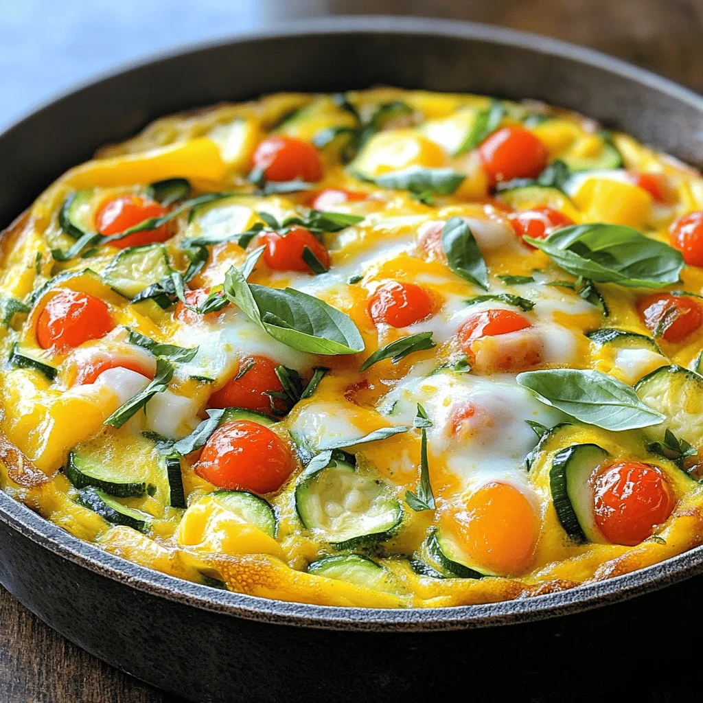 To make a tasty homemade frittata, you will need: - 6 large eggs - 1/4 cup milk (or plant-based milk) - 1 cup fresh spinach, chopped - 1/2 cup cherry tomatoes, halved - 1/2 cup bell peppers (mixed colors), diced - 1/2 cup zucchini, diced - 1/2 onion, finely chopped - 1 cup shredded cheddar cheese (or your favorite cheese) - 2 tablespoons olive oil - Salt and pepper to taste - Fresh herbs (like basil or parsley) for garnish Choosing fresh ingredients is key for a great frittata. Look for: - Eggs: Choose eggs that are clean and have a smooth shell. Check the date for freshness. - Vegetables: Pick bright-colored veggies. They should feel firm and have no soft spots. - Cheese: Use fresh cheese for the best flavor. Look for a nice texture. - Herbs: Select herbs that smell strong and look vibrant. They add a lot of taste. You can easily change up your frittata. Here are some fun options: - Protein: Add cooked bacon, sausage, or ham for a heartier dish. - Cheese: Try feta, goat cheese, or mozzarella for different flavors. - Veggies: Incorporate mushrooms, asparagus, or broccoli for variety. - Spices: Add spices like paprika or chili flakes for a kick. Feel free to experiment! A frittata is about using what you love. For the full recipe, check out the Colorful Veggie & Cheese Frittata. Start by washing your veggies. Fresh vegetables make the frittata taste great. Chop the spinach, bell peppers, zucchini, and onion. Halve the cherry tomatoes. You want nice, even pieces. This helps them cook well. Heat two tablespoons of olive oil in a skillet over medium heat. Add the chopped onion first. Cook it for about three to four minutes. You want it soft and clear. Next, add the bell peppers and zucchini. Cook them for another three to four minutes. They should be tender but still crunchy. Finally, stir in the spinach and cherry tomatoes. Cook just until the spinach wilts. This takes one to two minutes. Grab a large bowl and crack six eggs into it. Pour in a quarter cup of milk. You can use plant-based milk if you prefer. Whisk the eggs and milk together until they are frothy. This adds air and makes your frittata fluffy. Don't forget to add salt and pepper to taste. This step is key for boosting flavor. Now, pour the egg mixture over the sautéed vegetables in the skillet. Gently stir to mix everything well. Sprinkle one cup of shredded cheese on top. Cook on the stovetop for two to three minutes. You want the edges to start firming up. Next, transfer the skillet to a preheated oven at 375°F (190°C). Bake for 15 to 20 minutes. The frittata should be set in the center and golden on top. Once done, take it out of the oven and let it cool for a few minutes. Slice it into wedges. Serve warm or at room temperature. Don't forget to add fresh herbs on top for a nice touch. Enjoy your colorful veggie and cheese frittata! To make a great frittata, use an oven-safe skillet. A cast iron skillet works best. Start by heating olive oil over medium heat. Sauté your onions first. This brings out their sweet flavor. Then, add the other veggies. Cook them until they are soft. Pour the egg mixture over the veggies. Stir gently to mix. Let it cook on the stove for a few minutes. This helps set the edges before baking. To check if your frittata is ready, look at the center. It should be firm and not jiggle. A golden top is another sign. You can also insert a knife into the middle. If it comes out clean, your frittata is done. Keep an eye on it while baking. You don’t want it to overcook. One common mistake is overmixing the eggs. This can make your frittata dense. Avoid using too many watery veggies. They can make your frittata soggy. Not preheating the oven is another error. Always preheat to get that perfect rise. Lastly, don’t forget to season well. A pinch of salt and pepper makes a big difference. For more tips, check out the Full Recipe. {{image_2}} You can make a tasty vegetarian frittata by using seasonal veggies. Try adding mushrooms, kale, or asparagus. These veggies give great flavor and color. You can also use herbs like thyme or dill for a fresh twist. If you want more nutrition, consider adding some cooked quinoa or chickpeas. They make the frittata filling and healthy. For meat lovers, proteins add depth to your frittata. You can add crispy bacon or savory sausage. Cook the meat first, then add the veggies. This will give the dish a rich flavor. You can also use ham or turkey for a lighter option. Just make sure to chop the meat into small pieces for even cooking. A Mediterranean frittata brings a new taste to the table. Use feta cheese or goat cheese for a creamy texture. You can also add olives or sun-dried tomatoes for extra flavor. Fresh herbs like oregano and parsley work wonderfully here. This twist gives your frittata a bright and tangy taste. It’s a fun way to enjoy classic ingredients in a new way. You can find the Full Recipe to explore even more ideas for your frittata. Store leftover frittata in the fridge. Let it cool first, then wrap it tightly in plastic wrap or foil. You can also place it in an airtight container. This helps keep it fresh for up to three days. If you want to enjoy frittata later, freeze it. Cut it into slices before freezing. Use freezer-safe bags or containers. When you are ready to eat, thaw it overnight in the fridge. Reheat slices in the oven at 350°F (175°C) for about 10-15 minutes. This keeps the frittata moist and tasty. Use glass or plastic containers with a tight seal. They prevent air from entering and drying out the frittata. If you freeze it, use heavy-duty freezer bags. They save space and keep food fresh longer. Store it carefully to avoid freezer burn. This way, your delicious homemade frittata stays perfect for whenever you crave it. The secret to a fluffy frittata lies in the eggs and how you mix them. Whisk the eggs and milk until they are frothy. This adds air, making the frittata light. Use fresh eggs for the best texture. Mixing gently when you add the veggies is also key. Over-mixing can make it dense. Yes, you can substitute eggs in this recipe. For a vegan option, use silken tofu. Blend it until smooth. You can also use chickpea flour mixed with water. This gives a similar texture. Just remember, the flavor will change slightly, but it will still be delicious. To enhance flavor, use fresh herbs and spices. Basil, parsley, or chives work great. Consider adding garlic or onion for depth. You can also experiment with different cheeses. Feta or goat cheese adds a nice tang. Don’t forget to season well with salt and pepper. A homemade frittata is simple and fun to make. We discussed fresh ingredients, step-by-step instructions, and cooking tips. You can try different variations to suit your taste. Store leftovers smartly to enjoy later. Remember, you can customize your frittata just how you like it. With these tips, your frittata will impress friends and family. Don't be afraid to experiment and make it your own! Enjoy your cooking adventure!