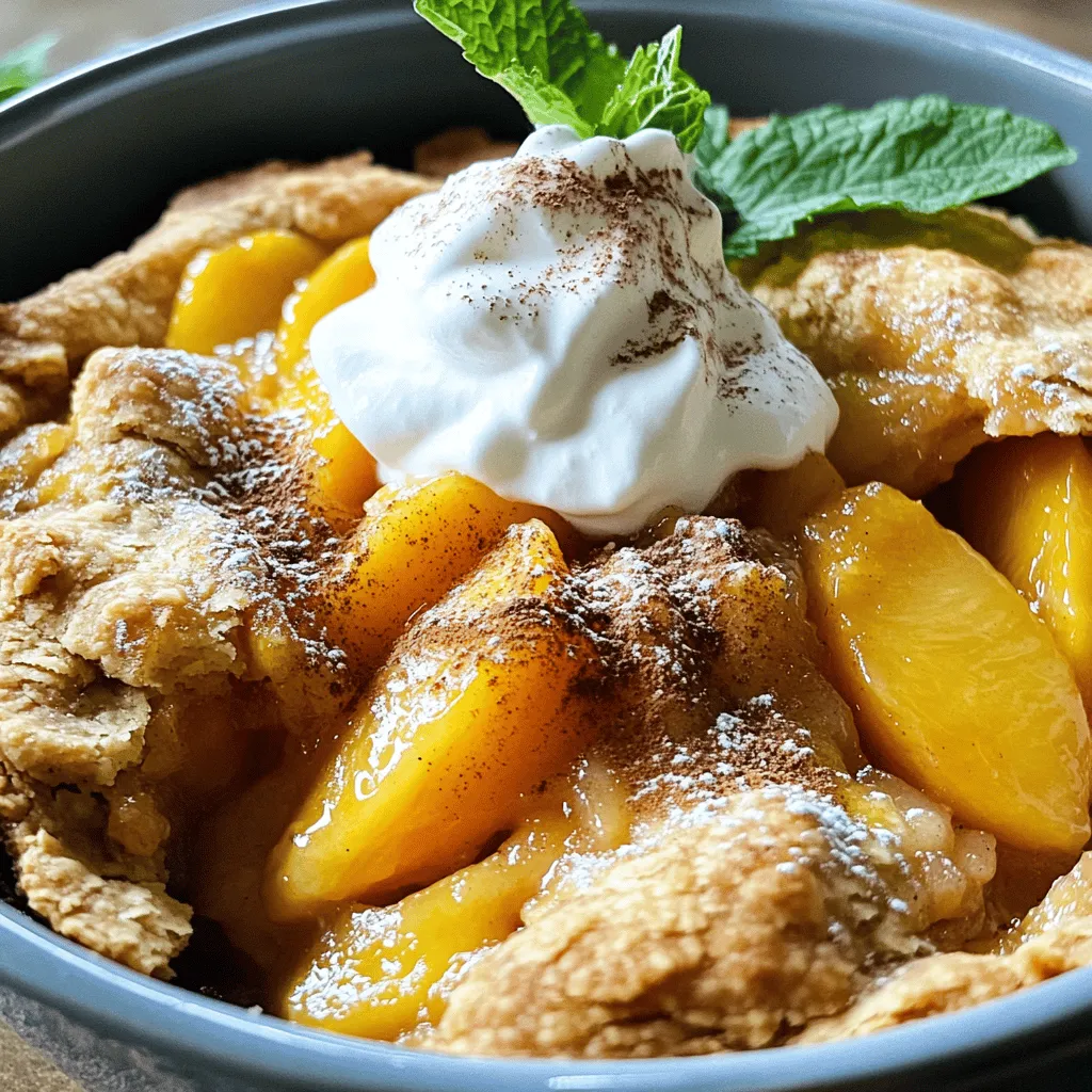 To make a fresh peach cobbler, you will need the following ingredients: - 6 ripe peaches, peeled and sliced - 1 cup granulated sugar (divided) - 1 tablespoon lemon juice - 1 teaspoon vanilla extract - 1 cup all-purpose flour - 1 tablespoon baking powder - 1/2 teaspoon salt - 1 cup milk - 1/2 cup unsalted butter, melted - 1 teaspoon cinnamon - Fresh mint leaves for garnish The key to a great peach cobbler is ripe peaches. Look for peaches that are slightly soft to the touch. They should smell sweet and fragrant. Using fresh peaches makes this dessert shine. The sugar brings out the fruit's natural sweetness. The lemon juice adds a touch of tang, balancing the flavors. Vanilla extract gives a warm, inviting aroma that enhances the overall dish. Mixing the dry ingredients is essential. It ensures that the baking powder and salt spread evenly in the batter. The milk and melted butter create a smooth mixture. This will help your cobbler rise and develop a nice texture. The cinnamon adds a warm spice. It complements the sweetness of the peaches beautifully. Finally, fresh mint leaves are a lovely touch for garnish. They add color and a burst of freshness. For the complete process, check the Full Recipe. Start by peeling and slicing the peaches. You’ll need six ripe peaches. Place them in a medium bowl. Add 1/2 cup of sugar, one tablespoon of lemon juice, and one teaspoon of vanilla extract. Mix them gently. Let the peach mixture sit for about 10 minutes. This resting time helps the peaches release their juices and blend flavors well. In a large bowl, mix one cup of all-purpose flour, one tablespoon of baking powder, 1/2 teaspoon of salt, and the remaining 1/2 cup of sugar. Stir these dry ingredients together until they are well combined. Next, gradually add one cup of milk to the dry mixture. Whisk until smooth. Then, pour in 1/2 cup of melted butter. Mix until you see no lumps. Now, pour the batter into a greased 9x13 inch baking dish. Do not stir it. Spoon the peach mixture over the batter evenly. Allow the peaches to sit on top without stirring. This keeps the layers separate and creates a lovely cobbler texture. Preheat your oven to 375°F (190°C). Bake the cobbler for 35 to 40 minutes. Look for a golden brown top and a clean toothpick when inserted in the center. This shows that your cobbler is done. If the top browns too fast, cover it with foil. Enjoy this simple and delicious dessert! For the full recipe, check the earlier section. To make the best peach cobbler, choose ripe peaches. Look for peaches that feel slightly soft when you gently press them. Their skin should be smooth and have a warm color. Avoid peaches that are hard or have dark spots. These signs mean they may not taste good. If they are too firm, they will not be sweet. If they are too soft, they may be overripe. It’s best to buy peaches a few days before using them. Let them ripen at room temperature for the best flavor. When baking, avoid common pitfalls. One issue is mixing too much, which can make your cobbler tough. Instead, mix just until combined. For a cakey cobbler, use less milk. For a gooier texture, use more milk. Each method gives a different outcome. Test different amounts to find your favorite. Remember, the batter should be thick but pourable. The topping will rise as it bakes, creating a lovely crust. For a beautiful presentation, serve warm in individual bowls. Top each serving with a dollop of whipped cream. You can also add a sprig of fresh mint for color. Vanilla ice cream pairs perfectly with warm cobbler, too. Try sprinkling some cinnamon on top for extra flavor. This dessert is best enjoyed fresh but tastes good even the next day. {{image_2}} You can change up the fruit in peach cobbler. Berries work great, like blueberries or raspberries. Apples are also a tasty choice. They add a nice crunch and tartness. Other stone fruits, like plums or cherries, can bring unique flavors. Just remember to adjust the sugar based on how sweet your fruit is. This way, you keep your cobbler perfectly balanced. If you need a gluten-free cobbler, swap all-purpose flour for a gluten-free blend. Look for one designed for baking. You can also use almond flour or coconut flour, but watch the amounts. These flours absorb more liquid. You may need to adjust the milk to keep the batter smooth. Always check for gluten-free baking powder too, for full safety. To make your cobbler even better, add some spices. Nutmeg and ginger can bring warmth and depth. A pinch of cinnamon is always nice too. You can also add citrus zest, like lemon or orange. This adds a bright flavor that pairs well with peaches. Experiment with these ideas to find your perfect mix! To keep your fresh peach cobbler tasty, store it properly. First, let it cool completely. Place it in an airtight container. You can refrigerate it for up to 3 days. If you want to keep it longer, freeze it. Wrap it tightly in plastic wrap and then in foil. It can be frozen for about 2 to 3 months. Just remember to label it with the date. When you're ready to enjoy your cobbler again, you can reheat it easily. For the best results, use the oven. Preheat your oven to 350°F (175°C). Place the cobbler in a baking dish. Cover it with foil to keep it moist. Heat for about 15 to 20 minutes. If using a microwave, place a slice on a plate. Heat it for 30 seconds, then check. Repeat until it’s warm. Be careful not to overheat it, as this can make it soggy. Enjoy your peach cobbler just like it was fresh out of the oven! You can tell when your peach cobbler is done by checking a few key signs. First, the top should be golden brown. Second, insert a toothpick into the center. If it comes out clean, your cobbler is ready. Lastly, the edges will bubble, and the filling will look thick. These signs mean your cobbler is perfectly baked and ready to enjoy! Yes, you can use canned peaches! However, the texture will differ. Canned peaches are softer and may make the cobbler a bit mushy. To adjust, drain the canned peaches well to remove excess syrup. You can also reduce the sugar in the recipe since canned peaches are often sweetened. This way, your cobbler will still taste great! Peeling peaches is not necessary, but it can change the dish. The skin adds a bit of texture and color. If you leave the skin on, wash the peaches well. If you prefer a smoother cobbler, peel them before slicing. This decision is all about your taste and texture preference. Yes, you can prepare peach cobbler ahead of time! To do this, mix the peaches and batter. Store them separately in the fridge. When you're ready to bake, combine them and follow the baking steps. This method keeps the cobbler fresh. You can also bake it in advance and reheat it later. Making this recipe dairy-free is easy! You can use almond milk or oat milk instead of regular milk. For butter, try coconut oil or a dairy-free butter alternative. These swaps will keep the flavor intact while making it suitable for those who avoid dairy. Enjoy your delicious peach cobbler without the dairy! In this blog, we explored how to make a tasty peach cobbler. You learned about fresh ingredients, step-by-step instructions, and helpful tips for the best results. We also discussed fun variations, proper storage, and common questions. Enjoy baking this sweet treat with ripe peaches! Don’t forget to share with friends. Happy baking!