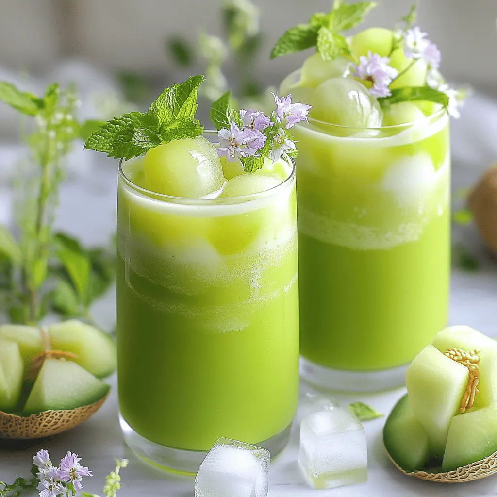 - Honeydew melon - Matcha green tea powder - Coconut milk - Agave syrup - Edible flowers or mint leaves - Blender - Fine mesh sieve - Mixing bowls In this delightful drink, I use a few key ingredients to create a refreshing treat. First, honeydew melon adds a sweet flavor that shines through. It also gives a nice, light texture. Matcha green tea powder brings a vibrant color and unique taste. Lastly, coconut milk brings a creamy richness that ties everything together. You can enhance the drink with optional ingredients. If you like it sweeter, add agave syrup. For a fun touch, use edible flowers or mint leaves as a garnish. These little details make the drink even more special. To make this drink, you need a blender to mix the ingredients well. A fine mesh sieve helps strain the mixture for a smooth texture. Mixing bowls will keep your workspace organized. These simple ingredients and tools make preparing Matcha Honeydew Cloud Tea a breeze. You’ll love the bright flavors and creamy texture! - Blending the honeydew mixture First, grab your blender. Add the diced honeydew, honey, and lime juice. Blend this mix until it turns smooth. It should look like a creamy potion. - Straining the mixture Next, take a fine mesh sieve and place it over a large bowl. Pour the blended honeydew mix into the sieve. Use a spatula to press down and extract every drop. This step removes any pulp and makes your drink silky. - Creating the matcha paste In a small bowl, add one teaspoon of matcha green tea powder. Pour in a couple of tablespoons of coconut milk. Whisk this together until it forms a smooth paste. Make sure there are no lumps in your matcha. This paste is key to a beautiful cloud effect. - Mixing honeydew and coconut milk In a large pitcher, combine the strained honeydew mixture with the remaining coconut milk. Stir it well to mix the flavors. If you want extra sweetness, add agave syrup and mix until dissolved. - Pouring and garnishing the tea Fill your glasses with ice cubes. Pour the honeydew-coconut mix until each glass is three-quarters full. Then, gently spoon the matcha paste on top. This creates a lovely cloud above the drink. For a pretty touch, add edible flowers or mint leaves as a garnish. Enjoy this refreshing drink! For the complete recipe, you can check out the Full Recipe. Straining your mixture is key. It removes any pulp and gives your drink a smooth texture. You want that cloud-like feel. Use a fine mesh sieve for the best results. Pour the blended honeydew mixture through the sieve into a bowl. A spatula helps push the liquid through easily. This step makes your Matcha Honeydew Cloud Tea feel light and refreshing. Fresh lime juice adds a bright, zesty flavor. It balances the sweetness of honeydew. Always use fresh limes for the best taste. Squeeze half a lime into your mixture. This small addition can make a big difference. Adjust the amount based on your taste. If you love tartness, add a bit more lime juice. Garnishing makes your drink pop. Edible flowers or mint leaves are great choices. They add color and a fresh touch. Place a flower on top for a fancy look. You can also float a mint leaf in the glass. This simple step impresses guests and makes your drink more inviting. Enjoy the beauty of your creation! {{image_2}} You can easily swap coconut milk for other plant-based milks. Almond milk gives a nutty taste. Oat milk adds creaminess without a strong flavor. Soy milk works well too, offering a smooth texture. Each milk choice changes the drink's flavor, so try what you like best. Sweetness is important for balance. You can use honey, agave syrup, or maple syrup. Start with a small amount and taste. If it's not sweet enough, add more. For less sugar, try stevia or monk fruit. These give sweetness without extra calories. Feel free to get creative with flavors! You can add other fruits like strawberries or peaches. Herbs like basil or mint can add a fresh twist. Just blend them with the honeydew. This way, you can make your own unique drink. To keep your Matcha Honeydew Cloud Tea fresh, store it in an airtight container. This way, you prevent air from spoiling its taste. Place the container in the fridge. Enjoy the tea within three days for the best flavor and texture. Always give it a gentle stir before serving, as the matcha may settle at the top. If you want to save some for later, you can freeze the mixture. Pour the tea into ice cube trays. This method allows you to enjoy small portions anytime. Once frozen, transfer the cubes to a freezer-safe bag. They will last up to three months. When you’re ready to drink, just blend a few cubes with coconut milk for a refreshing treat. To keep your tea tasty after storage, avoid microwaving it. Instead, pour the tea into a pot and heat it gently on the stove over low heat. Stir often to ensure even warming. You can also add fresh coconut milk to bring back its creamy texture. Enjoy your tea warm or cold, depending on your mood! Matcha Honeydew Cloud Tea is a light and refreshing drink. It blends sweet honeydew melon with creamy coconut milk and earthy matcha. This drink is smooth and has a unique look, with the matcha floating on top like a cloud. It’s perfect for warm days or a fun party. Yes, you can easily adjust the sweetness of your drink. You can add more honey or agave syrup to taste. If you prefer a less sweet drink, skip the agave syrup. The natural sweetness of honeydew gives a great base flavor too. Matcha Honeydew Cloud Tea packs a healthy punch. Matcha is full of antioxidants, which can help your body fight free radicals. It can boost your metabolism and energy too. Honeydew melon is hydrating and low in calories. It provides vitamins like C and B6, which are good for your skin and mood. Enjoying this drink means you get tasty flavors and health benefits too! In this article, we explored the refreshing Matcha Honeydew Cloud Tea. We covered its main ingredients, like honeydew melon and matcha green tea powder, and talked about optional extras like agave syrup. You learned how to blend, strain, and serve your drink, along with tips for great taste and presentation. As you try this drink, remember you can make it your own. Experiment with flavors and sweetness levels. Enjoy your new favorite beverage!