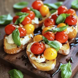 - French baguette - Cherry tomatoes - Burrata cheese - Fresh basil - Balsamic glaze - Extra virgin olive oil - Salt and pepper Choosing the best type of baguette is key. Look for a fresh, crusty baguette. This gives your bruschetta a nice crunch. A day-old baguette may be too soft. For cherry tomatoes, I recommend sweet varieties. Look for vibrant red or yellow tomatoes. They add color and flavor to your dish. Selecting high-quality burrata cheese is crucial. Fresh burrata should feel soft and creamy. Its rich, milky flavor pairs perfectly with the tomatoes. Consider adding fresh herbs like thyme or oregano. These can enhance the flavor of your bruschetta. You might also try crushed red pepper for a spicy kick. Additional toppings can include roasted peppers or artichoke hearts. These add texture and depth to the dish. 1. Preheating the oven for perfect bread: Start by setting your oven to 400°F (200°C). This heat will help make your bread crispy and golden. 2. How to slice and prepare baguette slices: Take a French baguette and cut it into ½-inch slices. Make sure to slice straight down for even pieces. Lay the slices flat on a baking sheet. Brush both sides lightly with extra virgin olive oil. This will add flavor and help with browning. 1. Proper baking techniques for crispy bruschetta: Place your baking sheet in the preheated oven. Baking the bread for 5-7 minutes will give you that perfect crunch. Watch it closely to avoid burning. 2. Timing for optimal doneness: You want the bread to be golden brown. After about 5 minutes, check on it. If it still looks pale, give it another minute or two. You want a nice, crispy texture. 1. Marinating cherry tomatoes and herbs: In a bowl, mix halved cherry tomatoes, chopped basil, 1 tablespoon of olive oil, salt, and pepper. Let this sit for 10 minutes. This allows the flavors to blend well. 2. Layering burrata over the tomato mixture: Once your bread cools slightly, add a spoonful of the marinated tomato mix on each slice. Tear the burrata cheese into small pieces, placing them on top of the tomatoes. Finish with a drizzle of balsamic glaze for sweetness. Garnish with extra basil for a pop of color. For the Full Recipe, follow the steps above. Enjoy your tasty burrata bruschetta! - Serve bruschetta warm for the best taste. Warm bread and cheese create a cozy mix. - To avoid soggy bruschetta, toast the bread until crispy. This helps hold the toppings. - Use a light hand when adding the balsamic glaze. Too much might make it soggy. - Let the tomato mix sit for ten minutes. This helps the flavors blend well. - Arrange the bruschetta on a wooden board. It gives a rustic feel that looks great. - Scatter fresh basil leaves around the bruschetta. This adds color and a fresh scent. - Use small bowls for extra toppings. Guests can choose what they like best. - Drizzle balsamic glaze over the top for a glossy finish. It looks appealing and tastes great. - Pair bruschetta with a light white wine. A chilled Sauvignon Blanc complements the flavors well. - Serve with a simple green salad on the side. This adds freshness and color to your meal. - Offer crispy garlic bread alongside. It makes for a fun and tasty spread. - For a heartier meal, include a charcuterie board. Meats and cheeses enhance the experience. For the complete recipe and instructions, check the Full Recipe. Enjoy your cooking! {{image_2}} You can easily mix up the cheese in burrata bruschetta. Try using fresh mozzarella for a slight change. It offers a firmer texture and a milder taste. You can also add different toppings. Try roasted red peppers or arugula for a kick. Fresh fruits like peaches or figs can add sweetness. To make burrata bruschetta vegan, use a plant-based cheese instead of burrata. You can find great vegan options at health stores. For a gluten-free version, use gluten-free bread. There are many tasty brands available now that taste great when toasted. Change the toppings with the seasons. In spring, use fresh peas and mint. Summer is perfect for ripe tomatoes and basil. In fall, try roasted squash and sage for a cozy touch. Each season brings unique flavors to enhance your bruschetta. To keep leftover bruschetta fresh, store it in an airtight container. This method helps keep the bread from getting soggy. It is best to store the tomato mixture and the bread separately. You can keep the bread for about three days. The tomato mixture will last about two days. Always check for any signs of spoilage before eating. Can you freeze bruschetta? Yes, you can freeze the bread! Wrap the slices tightly in plastic wrap or foil. Place them in a freezer bag. They stay fresh for up to three months. However, I do not recommend freezing the tomato and burrata topping. These ingredients do not freeze well and lose their texture. To reheat the frozen bread, preheat the oven to 375°F (190°C). Place the bread on a baking sheet and bake for 10-15 minutes. This will help restore its crispiness. To keep your ingredients fresh longer, buy them as needed. Choose ripe cherry tomatoes and fresh basil. Store tomatoes at room temperature, not in the fridge. Keep burrata cheese in its liquid until you’re ready to use it. Avoid common storage mistakes, like using wet containers. This will help you enjoy your bruschetta at its best! Burrata cheese is a fresh Italian cheese. It has a soft outer shell made of mozzarella. Inside, it holds a creamy mixture of mozzarella and cream. This gives it a rich, buttery taste. Burrata comes from the Apulia region of Italy. The name "burrata" means "buttered" in Italian. You can find burrata at many cheese shops or supermarkets. Look for cheese that feels soft but not too runny. Be sure to use it fresh for the best flavor. You can easily make bruschetta on a stovetop or grill. For stovetop, heat a skillet over medium heat. Brush the bread slices lightly with olive oil. Place them in the skillet and toast each side until golden. If you want to use a grill, preheat it on medium-high. Place the bread on the grill for a few minutes on each side. The goal is to get crispy edges and a warm center. This method gives you great flavor without needing an oven. Yes, store-bought balsamic glaze is a great option. It saves time and adds a sweet, tangy flavor. However, homemade balsamic glaze can taste fresher. Making it at home is simple. Just simmer balsamic vinegar until it thickens. This way, you can control the sweetness and flavor. If you are short on time, store-bought works well too. For full instructions on making burrata bruschetta, check out the Full Recipe. In this article, we explored how to make delicious burrata bruschetta. We covered ingredients like the perfect baguette, fresh cherry tomatoes, and creamy burrata. I shared tips on baking and assembling for the best flavor. Remember to present your bruschetta well and consider different variations. You can adjust for dietary needs or use seasonal ingredients. Enjoy your meal, and don’t forget to share it with friends. Making bruschetta is simple, fun, and sure to impress!