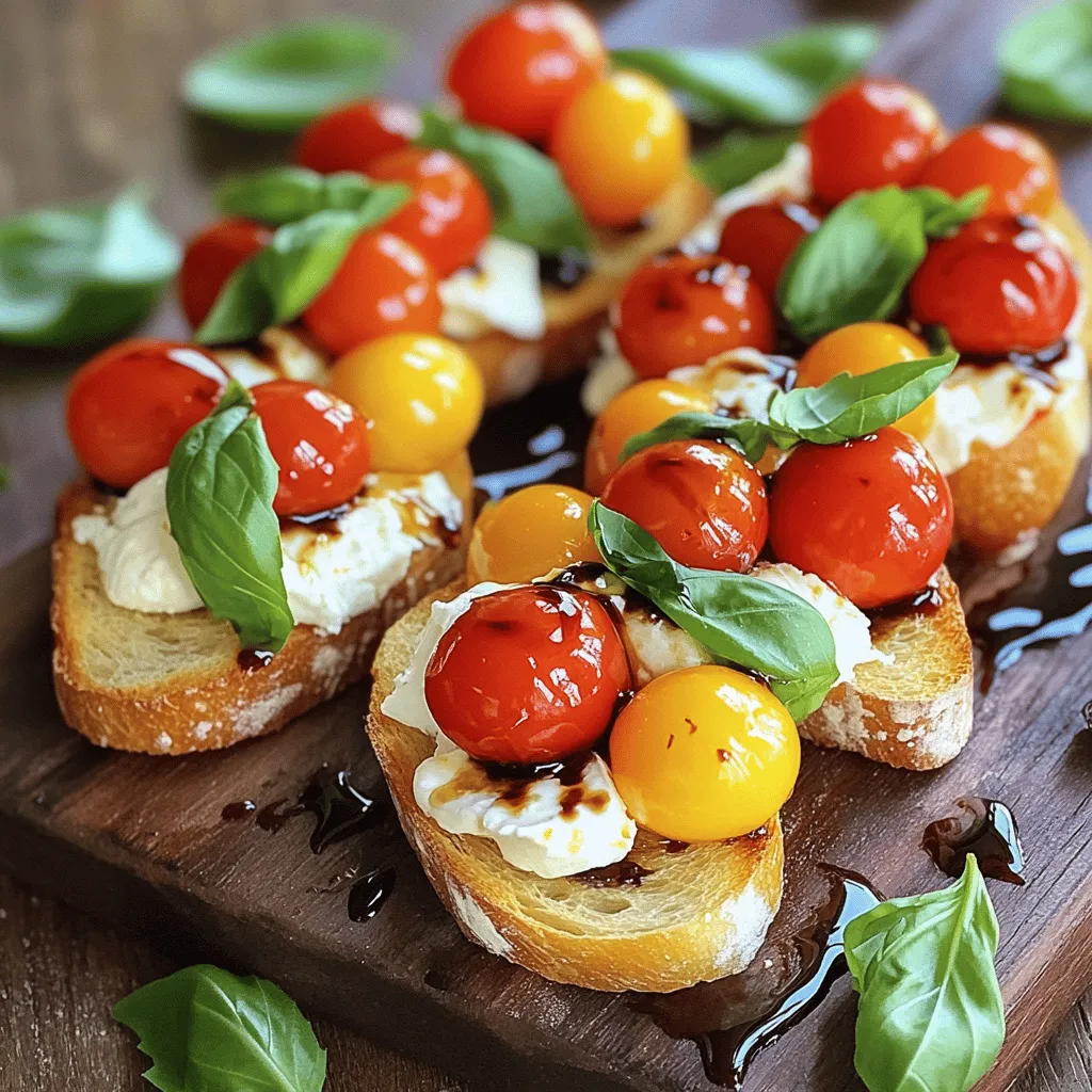 - French baguette - Cherry tomatoes - Burrata cheese - Fresh basil - Balsamic glaze - Extra virgin olive oil - Salt and pepper Choosing the best type of baguette is key. Look for a fresh, crusty baguette. This gives your bruschetta a nice crunch. A day-old baguette may be too soft. For cherry tomatoes, I recommend sweet varieties. Look for vibrant red or yellow tomatoes. They add color and flavor to your dish. Selecting high-quality burrata cheese is crucial. Fresh burrata should feel soft and creamy. Its rich, milky flavor pairs perfectly with the tomatoes. Consider adding fresh herbs like thyme or oregano. These can enhance the flavor of your bruschetta. You might also try crushed red pepper for a spicy kick. Additional toppings can include roasted peppers or artichoke hearts. These add texture and depth to the dish. 1. Preheating the oven for perfect bread: Start by setting your oven to 400°F (200°C). This heat will help make your bread crispy and golden. 2. How to slice and prepare baguette slices: Take a French baguette and cut it into ½-inch slices. Make sure to slice straight down for even pieces. Lay the slices flat on a baking sheet. Brush both sides lightly with extra virgin olive oil. This will add flavor and help with browning. 1. Proper baking techniques for crispy bruschetta: Place your baking sheet in the preheated oven. Baking the bread for 5-7 minutes will give you that perfect crunch. Watch it closely to avoid burning. 2. Timing for optimal doneness: You want the bread to be golden brown. After about 5 minutes, check on it. If it still looks pale, give it another minute or two. You want a nice, crispy texture. 1. Marinating cherry tomatoes and herbs: In a bowl, mix halved cherry tomatoes, chopped basil, 1 tablespoon of olive oil, salt, and pepper. Let this sit for 10 minutes. This allows the flavors to blend well. 2. Layering burrata over the tomato mixture: Once your bread cools slightly, add a spoonful of the marinated tomato mix on each slice. Tear the burrata cheese into small pieces, placing them on top of the tomatoes. Finish with a drizzle of balsamic glaze for sweetness. Garnish with extra basil for a pop of color. For the Full Recipe, follow the steps above. Enjoy your tasty burrata bruschetta! - Serve bruschetta warm for the best taste. Warm bread and cheese create a cozy mix. - To avoid soggy bruschetta, toast the bread until crispy. This helps hold the toppings. - Use a light hand when adding the balsamic glaze. Too much might make it soggy. - Let the tomato mix sit for ten minutes. This helps the flavors blend well. - Arrange the bruschetta on a wooden board. It gives a rustic feel that looks great. - Scatter fresh basil leaves around the bruschetta. This adds color and a fresh scent. - Use small bowls for extra toppings. Guests can choose what they like best. - Drizzle balsamic glaze over the top for a glossy finish. It looks appealing and tastes great. - Pair bruschetta with a light white wine. A chilled Sauvignon Blanc complements the flavors well. - Serve with a simple green salad on the side. This adds freshness and color to your meal. - Offer crispy garlic bread alongside. It makes for a fun and tasty spread. - For a heartier meal, include a charcuterie board. Meats and cheeses enhance the experience. For the complete recipe and instructions, check the Full Recipe. Enjoy your cooking! {{image_2}} You can easily mix up the cheese in burrata bruschetta. Try using fresh mozzarella for a slight change. It offers a firmer texture and a milder taste. You can also add different toppings. Try roasted red peppers or arugula for a kick. Fresh fruits like peaches or figs can add sweetness. To make burrata bruschetta vegan, use a plant-based cheese instead of burrata. You can find great vegan options at health stores. For a gluten-free version, use gluten-free bread. There are many tasty brands available now that taste great when toasted. Change the toppings with the seasons. In spring, use fresh peas and mint. Summer is perfect for ripe tomatoes and basil. In fall, try roasted squash and sage for a cozy touch. Each season brings unique flavors to enhance your bruschetta. To keep leftover bruschetta fresh, store it in an airtight container. This method helps keep the bread from getting soggy. It is best to store the tomato mixture and the bread separately. You can keep the bread for about three days. The tomato mixture will last about two days. Always check for any signs of spoilage before eating. Can you freeze bruschetta? Yes, you can freeze the bread! Wrap the slices tightly in plastic wrap or foil. Place them in a freezer bag. They stay fresh for up to three months. However, I do not recommend freezing the tomato and burrata topping. These ingredients do not freeze well and lose their texture. To reheat the frozen bread, preheat the oven to 375°F (190°C). Place the bread on a baking sheet and bake for 10-15 minutes. This will help restore its crispiness. To keep your ingredients fresh longer, buy them as needed. Choose ripe cherry tomatoes and fresh basil. Store tomatoes at room temperature, not in the fridge. Keep burrata cheese in its liquid until you’re ready to use it. Avoid common storage mistakes, like using wet containers. This will help you enjoy your bruschetta at its best! Burrata cheese is a fresh Italian cheese. It has a soft outer shell made of mozzarella. Inside, it holds a creamy mixture of mozzarella and cream. This gives it a rich, buttery taste. Burrata comes from the Apulia region of Italy. The name "burrata" means "buttered" in Italian. You can find burrata at many cheese shops or supermarkets. Look for cheese that feels soft but not too runny. Be sure to use it fresh for the best flavor. You can easily make bruschetta on a stovetop or grill. For stovetop, heat a skillet over medium heat. Brush the bread slices lightly with olive oil. Place them in the skillet and toast each side until golden. If you want to use a grill, preheat it on medium-high. Place the bread on the grill for a few minutes on each side. The goal is to get crispy edges and a warm center. This method gives you great flavor without needing an oven. Yes, store-bought balsamic glaze is a great option. It saves time and adds a sweet, tangy flavor. However, homemade balsamic glaze can taste fresher. Making it at home is simple. Just simmer balsamic vinegar until it thickens. This way, you can control the sweetness and flavor. If you are short on time, store-bought works well too. For full instructions on making burrata bruschetta, check out the Full Recipe. In this article, we explored how to make delicious burrata bruschetta. We covered ingredients like the perfect baguette, fresh cherry tomatoes, and creamy burrata. I shared tips on baking and assembling for the best flavor. Remember to present your bruschetta well and consider different variations. You can adjust for dietary needs or use seasonal ingredients. Enjoy your meal, and don’t forget to share it with friends. Making bruschetta is simple, fun, and sure to impress!