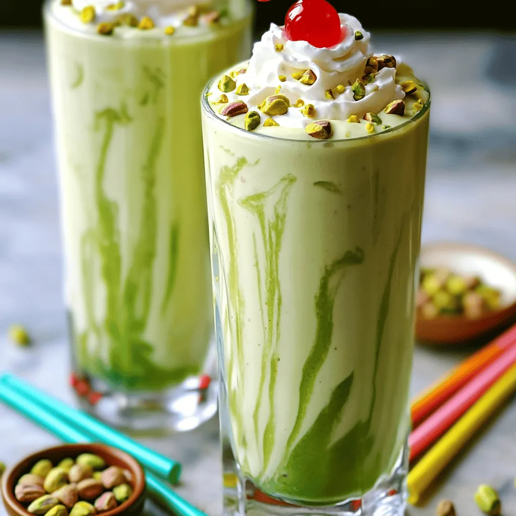 - 1 cup vanilla ice cream - 1 cup milk - 1/4 cup shelled pistachios (roasted and salted) - 1 teaspoon pure vanilla extract - 1 tablespoon honey or maple syrup (optional) - Whipped cream for topping - Extra crushed pistachios for garnish - Maraschino cherries for garnish (optional) To make a Pistachio Vanilla Cream Shake, you need simple ingredients. The star is vanilla ice cream. It gives the shake a creamy base. The milk adds smoothness and richness. Next, you add shelled pistachios. They give that nutty flavor we love. Use roasted and salted pistachios for the best taste. You can also add pure vanilla extract. This makes the shake even more flavorful. If you like it sweet, consider honey or maple syrup. This is optional, but it adds a nice touch. Don’t forget the toppings! Whipped cream on top makes it feel special. You can sprinkle extra crushed pistachios for crunch. For a fun look, add a maraschino cherry. It makes the shake pop with color. This simple list of ingredients helps you create a tasty treat. Check out the Full Recipe for more details on how to blend these flavors together. - Combine ingredients in a blender. - Start with 1 cup of vanilla ice cream. - Add 1 cup of milk for creaminess. - Toss in 1/4 cup of shelled pistachios. - Pour in 1 teaspoon of pure vanilla extract. - If you want it sweeter, add 1 tablespoon of honey or maple syrup. - Blend until smooth. - Taste and adjust sweetness if needed. - Pour the shake into tall glasses. - Serve right away and enjoy! - Use high speed for a smooth shake. - Make sure the pistachios are fully blended in. - Stop blending if you feel any chunks. - You want a creamy texture, not gritty. - If your blender struggles, add more milk slowly. - Serve the shake in tall glasses for a nice look. - Top with whipped cream for delight. - Sprinkle extra crushed pistachios on top for crunch. - Add a maraschino cherry for fun color. - Use colorful straws to make it pop! - You can also add a small dish of pistachios on the side. This recipe is simple and fun, perfect for any day! For the full recipe, check out the complete guide in the article. To make the best pistachio vanilla cream shake, focus on the ice cream-to-milk ratio. I use one cup of ice cream to one cup of milk. This mix creates a thick shake that feels rich and smooth. If you want a lighter shake, add a little more milk. You can also experiment with sweeteners. Honey or maple syrup adds a nice touch, but you can try agave or stevia too. Each sweetener changes the flavor a bit. Adding spices can take your shake to the next level. A pinch of cinnamon or nutmeg can add warmth and depth. You might also try a dash of almond extract for a nutty twist. For a richer texture, blend in a bit of Greek yogurt. It makes the shake creamy without losing flavor. Serve your shake with tasty snacks like cookies or fruit. This adds a fun twist to your treat. For a fancy touch, chill your serving glasses in the freezer before pouring in the shake. Cold glasses keep your drink frosty longer. Don’t forget to garnish! Whipped cream and crushed pistachios look great and taste even better. Check out the Full Recipe to get started on this delightful treat! {{image_2}} You can make your shake dairy-free by using coconut milk or non-dairy ice cream. These options keep it creamy and delicious. If you want to try something different, swap the pistachios for nut butters like almond or cashew. Each nut butter adds a unique flavor and texture to your shake. Want to mix it up? You can add chocolate or coffee to your shake for a rich twist. A spoonful of cocoa powder gives a nice chocolatey taste. If you love coffee, a shot of espresso adds depth. You can also explore other nut flavors like hazelnut or macadamia. These flavors can create a delightful shake experience. Seasonal flavors can make your shake special for holidays. In winter, try adding a hint of peppermint for a festive touch. For fall, a sprinkle of cinnamon or nutmeg makes it cozy. You can also get creative with toppings, using crushed gingerbread cookies or festive sprinkles. This adds a fun look and taste to your shake! Your Pistachio Vanilla Cream Shake stays fresh in the fridge for about 24 hours. Beyond that, it may lose its flavor and texture. If you want to keep it longer, freeze it. In the freezer, it can last for about one month. When you want to enjoy it again, thaw it in the fridge. This keeps the shake smooth and creamy. Avoid using the microwave, as it can change the texture and taste. To keep your pistachios fresh, store them in an airtight container. A cool, dark place is best. This helps prevent them from getting stale or rancid. When you make the shake, store the milk and ice cream separately. This helps maintain their freshness longer. If you mix them too early, they may lose their creamy texture when you serve the shake later. To make this shake dairy-free, you can use several substitutes. Instead of vanilla ice cream, try coconut milk ice cream. It gives a rich taste. For milk, almond milk or oat milk works great too. Both options keep the shake creamy and delicious. Yes, you can prepare this shake ahead of time. I suggest blending it and storing it in the fridge for up to an hour. It’s best enjoyed fresh, so try to finish it within that time. Stir it gently before serving to mix the layers. Pistachios are a great snack. They are full of protein, fiber, and healthy fats. They also contain vitamins and minerals like vitamin B6 and potassium. Eating pistachios can help lower cholesterol and support heart health. Just a small handful can add a nutritious boost to your day. If you want your shake thicker, add more ice cream. You can also blend in some frozen bananas. This adds creaminess without extra calories. Another tip is to add less milk at first. You can always add more if needed. If you want a different flavor, try chocolate ice cream for a twist. Coffee ice cream also adds a rich taste. For a fruity option, strawberry ice cream can work well too. Experiment and find your favorite flavor combo! For the full recipe, refer to the main article. You learned how to make a delicious Pistachio Vanilla Cream Shake. We covered the best ingredients, step-by-step preparation, and fun serving ideas. You now have tips to make it even better, like using different nuts or spices. Also, we discussed how to store leftovers for later. Enjoy creating this shake, whether for yourself or sharing with friends. Experiment with flavors and make it your own. Have fun mixing things up!